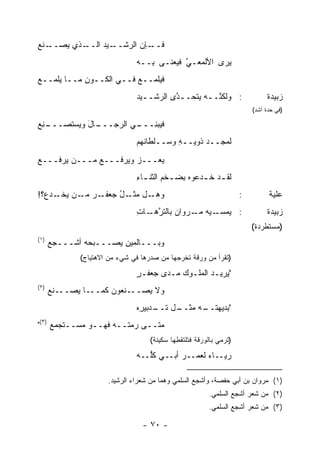 ‫ـ ﻨﻊ‬
‫ـﺫﻱ ‪‬ﺼــ ﹶ ‪‬‬
       ‫ﻴ‬    ‫ـﻴﺩ ﺍﻟــ‬
                 ‫ـﺈﻥ ﺍﻟﺭﺸــ ‪‬‬‫ﻓــ‬
                               ‫ﻴﺭﻯ ﺍﻷﻟﻤﻌـﻲ ﻓﻴﻌ ﹶـﻰ ِــﻪ‬
                                  ‫ﺒ‬   ‫ﱠ ﹶ ‪ ‬ﻨ‬
‫ﻓﻴﻠﻤــﻊ ﻓــﻲ ﺍﻟﻜــﻭﻥ ﻤــﺎ ﻴﻠ ‪‬ــﻊ‬
‫‪ ‬ﹾﻤ ‪‬‬       ‫ِ‬            ‫‪‬‬
                               ‫: ﻭﻟﻜ ﱠــﻪ ﻴﺘﺤــ ﱠﻯ ﺍﻟﺭﺸــﻴﺩ‬
                               ‫ـ‪‬‬        ‫ﺩ‬        ‫ﻨ ـ‬                        ‫ﺯﺒﻴﺩﺓ‬
                                                                        ‫)ﻓﻲ ﺤﺩﺓ ﺃﺸﺩ(‬

‫ـ ﻨﻊ‬
‫ـﺎل ‪‬ﻴﺴ‪‬ﺘﺼـــ ِ ‪‬‬
            ‫ﻓﻴﺒﻨ ـﻲ ﺍﻟﺭﺠـــ َ ﻭ‬
                         ‫ﹶ ‪ِ  ‬ـــ‬
                               ‫ﻟﻤﺠــﺩ ﹶﻭﻴــ ِ ﻭ ‪‬ــﻠﻁﺎﻨﻬﻡ‬
                                    ‫ﻪ ﺴ ﹾ‬        ‫ﺫ‬
‫‪‬ﻌـــﺯ ﻭ ‪‬ﺭ ﹶـــﻊ ‪‬ـــﻥ ‪‬ﺭ ﹶـــﻊ‬
‫‪‬‬   ‫ﻴ ﻓ‬      ‫‪‬ﻤ‬    ‫‪ ‬ﻴ ﻓ‬       ‫ﻴ‬
                               ‫ﻟﻘ ـﺩ ﺨ ـﺩﻋﻭﻩ ِﻀ ـﺨﻡ ﺍﻟﺜﻨ ـﺎﺀ‬
                               ‫ـ ِ‬        ‫ﺒ ـ‬      ‫ـ ـ‬
‫ـﺭ ـﻥ ﻴ ـ ‪‬ﻉ؟!‬
   ‫ـل ـل ﺠﻌﻔـ ‪ ‬ﻤـ ‪‬ﺨـ ﺩ‬
                   ‫ﻭﻫـ ﻤﺜـ ُ‬                                        ‫:‬         ‫ﻋﻠﻴﺔ‬
                               ‫: ﻴﻤﺴ ـﻴﻪ ﻤ ـﺭ ‪‬ﺍﻥ ﺒﺎﻟﺘﺭ ـﺎﺕ‬
                               ‫ﱠﻫـ ِ‬       ‫‪  ‬ـ ‪‬ـ ﻭ‬                       ‫ﺯﺒﻴﺩﺓ‬
                                                                        ‫)ﻤﺴﺘﻁﺭﺩﺓ(‬
‫)١(‬
      ‫ﻭﺒـــﺎﻟﻤﻴﻥ ‪‬ﺼـــﺒ ‪‬ﻪ ﺃﺸﹾـــﺠﻊ‬
      ‫‪‬‬        ‫‪‬ﺤ‬     ‫‪ِ‬ﻴ‬
              ‫)ﺘﻘﺭﺃ ﻤﻥ ﻭﺭﻗﺔ ﺘﺨﺭﺠﻬﺎ ﻤﻥ ﺼﺩﺭﻫﺎ ﻓﻲ ﺸﻲﺀ ﻤﻥ ﺍﻻﻫﺘﻴﺎﺝ(‬
                               ‫" ‪‬ﺭﻴـﺩ ﺍﻟﻤﻠـﻭﻙ ﻤـﺩﻯ ﺠﻌﻔـﺭ‬
                               ‫ٍ‬       ‫ـ‬    ‫ـ‬      ‫ﻴ ـ‬
‫)٢(‬
      ‫ـﻨﻊ‬
      ‫ـﺎ ﻴﺼــ ‪‬‬‫ـﻨﻌﻭﻥ ﻜﻤــ‬‫ﻭﻻ ﻴﺼــ‬
                               ‫ـل ـﺩﺒﻴ ِﻩ‬
                                ‫" ‪‬ﺩﻴﻬﺘ ـﻪ ﻤﺜــ ﺘــ ﺭ‬
                                           ‫ﺒ ﹸــ ‪‬‬
‫ﻤﺘــﻰ ﺭﻤ ﹶــﻪ ﻓﻬــﻭ ‪‬ﺴــﺘﺠﻤﻊ )٣("‬
     ‫‪‬‬      ‫ﻤ‬       ‫‪‬ﺘ ‪‬‬
                                    ‫)ﺘﺭﻤﻲ ﺒﺎﻟﻭﺭﻗﺔ ﻓﺘﻠﺘﻘﻁﻬﺎ ﺴﻜﻴﻨﺔ(‬
                               ‫ﺭﻴــﺎﺀ ﻟﻌﻤــﺭ ﺃﺒــﻲ ﻜﱡــﻪ‬
                                  ‫ﹸﻠ‬       ‫‪‬‬      ‫‪‬‬

                      ‫)١( ﻤﺭﻭﺍﻥ ﺒﻥ ﺃﺒﻲ ﺤﻔﺼﺔ، ﻭﺃﺸﺠﻊ ﺍﻟﺴﻠﻤﻲ ﻭﻫﻤﺎ ﻤﻥ ﺸﻌﺭﺍﺀ ﺍﻟﺭﺸﻴﺩ.‬
                                                         ‫)٢( ﻤﻥ ﺸﻌﺭ ﺃﺸﺠﻊ ﺍﻟﺴﻠﻤﻲ.‬
                                                         ‫)٣( ﻤﻥ ﺸﻌﺭ ﺃﺸﺠﻊ ﺍﻟﺴﻠﻤﻲ.‬

                                 ‫- ٠٧ -‬
 