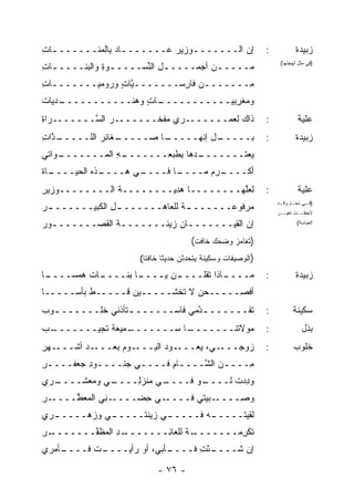 ‫ﺇﻥ ﺍﻟــــــ ـﻭﺯﻴﺭ ﻋــــــ ـﺎﺩ ِﺎﻟﻤﺌــــــ ـﺎﺕ‬
‫ـ ِ‬           ‫ـ ﺒ‬           ‫ـ ‪‬‬                               ‫:‬           ‫ﺯﺒﻴﺩﺓ‬
‫ﻤــــ ـﻥ ﺃﺠﻤــــ ـل ﺍﻟ ﱢﺴــــ ـﻭﺓ ﻭﺍﻟﺒﻨــــ ـﺎﺕ‬
‫ـ ِ‬           ‫ـ ِ‬      ‫ِ ﻨ‬              ‫ـ‬
                                                                   ‫)ﻓﻲ ﻤﺜل ﻟﻬﺠﺘﻬﺎ(‬


‫ِـــــــﻥ ﻓﺎ ِﺴـــــــ ﱠﺎﺕ ﻭﺭﻭﻤﻴـــــــﺎﺕ‬
‫ـ ِ‬            ‫ﻴ ٍ‬         ‫ـ ﺭ‬          ‫ﻤ‬
‫ـﺩﻴﺎﺕ‬
    ‫ـﺎﺕ ﻭﻫﻨـــــــــــ‬
                   ‫ﻭﻤﻐ ِﺒﻴـــــــــــ ٍ‬
                                  ‫ﹾﺭ‬
‫ـﺭﺍﺓ‬
‫ـﺭ ﺍﻟ ﱠــــــ ِ‬
        ‫ـﺭﻱ ‪‬ﻔﺨــــــ ‪ ‬ﺴ‬
                    ‫ﻤ‬    ‫ﺫﺍﻙ ﻟﻌﻤــــــ‬                        ‫:‬            ‫ﻋﻠﻴﺔ‬
‫ـ ﱠﺍﺕ‬
‫ـﻐﺎﺌﺭ ﺍﻟﻠـــــ ﺫ ِ‬
                 ‫ـﺎ ﺼـــــ‬
                         ‫ـل ﺇﻨﻬـــــ‬
                                   ‫ﺒـــــ‬                     ‫:‬           ‫ﺯﺒﻴﺩﺓ‬
‫ـﻭﺍﺘﻲ‬
    ‫ـﻪ ﺍﻟ ‪‬ـــــــ‬
           ‫ـ ‪‬ﻫﺎ ِﻁﺒﻌـــــــ ِ ﻤ‬
                         ‫ﻴﻌ ﹶـــــــ ﺩ ﺒ‬
                                    ‫‪ ‬ﺘ‬
‫ـﺎﺓ‬
  ‫ـﺫﻩ ﺍﻟﺤﻴــــ‬
             ‫ـﻲ ﻫــــ‬
                    ‫ـﺎ ﻓــــ‬
                           ‫ـﺭﻡ ﻤــــ‬
                                 ‫ﺃﻜــــ ‪ ‬‬
‫ﻟﻌﱠﻬــــــــﺎ ﻫﺩﻴــــــــﺔ ﺍﻟــــــــ ‪‬ﺯﻴﺭ‬
‫ﻭ ِ‬             ‫ﹸ‬                      ‫ﻠ‬                      ‫:‬            ‫ﻋﻠﻴﺔ‬
‫ـﺭ‬
 ‫ـل ﺍﻟﻜﺒﻴـــــــ‬
              ‫ـﺔ ﻟﻠﻌﺎﻫـــــــ ِ‬
                             ‫ﻤﺭﻓﻭﻋـــــــ ﹰ‬
                                                                  ‫)ﻓ ـﻲ ﺘﺤ ـﺩ ﻭﻗ ـﺩ‬
                                                                   ‫ٍ ـ‬         ‫ـ‬
                                                                  ‫ﻻﺤﻅــﺕ ﺘﻐﻴــﺭ‬

‫ﺇﻥ ﺍﻟﻘﻴـــــــﺎﻥ ﺯﻴﻨـــــــﺔ ﺍﻟ ﹸﺼـــــــﻭﺭ‬
  ‫ـ‬       ‫ﹸ ﻘ‬              ‫ـ ‪‬‬           ‫‪‬‬                                 ‫ﺍﻟﻌﺒﺎﺴﺔ(‬


                                      ‫)ﺘﻐﺎﻤﺯ ﻭﻀﺤﻙ ﺨﺎﻓﺕ(‬
                     ‫)ﺍﻟﻭﺼﻴﻔﺎﺕ ﻭﺴﻜﻴﻨﺔ ﻴﺘﺤﺩﺜﻥ ﺤﺩﻴ ﹰﺎ ﺨﺎﻓ ﹰﺎ(‬
                       ‫ﺘ‬      ‫ﺜ‬
‫ـﺎ‬
 ‫ـﺎﺕ ﻫﻤ‪‬ﺴــــ‬
        ‫ـﺎ ﺒﻨــــ ﹸ ‪‬‬
                    ‫ـﻥ ﻴــــ‬
                          ‫ـﺎﺫﺍ ﺘﻘﻠﹾــــ ‪‬‬
                                  ‫ﻤــــ ﹶ ﹸ‬                   ‫:‬           ‫ﺯﺒﻴﺩﺓ‬
‫ﺃﻓ ِـــــﺤﻥ ﻻ ﺘﺨ ﹶـــــﻴﻥ ﻗـــــﻁ ﺒﺄﺴـــــﺎ‬
                  ‫‪‬‬     ‫‪ ‬ﹶ ﹾﺸ‬        ‫ﹾﺼ‬
‫ﺘﻘــــــ ـ ﱠﻤﻲ ﻓﺎﺴــــــ ـﺘﺄﺫﻨﻲ ﺨﻠــــــ ـﻭﺏ‬
‫ـ ‪‬‬               ‫ـ‬             ‫ﺩ‬                             ‫:‬          ‫ﺴﻜﻴﻨﺔ‬
‫ـﺏ‬
‫ـﻤﻴﻌﺔ ﺘﺠﻴـــــــ ‪‬‬
             ‫ـﺎ ﺴـــــــ ﹲ‬
                         ‫ﻤﻭﻻ ﹸﻨـــــــ‬
                                 ‫ﺘ‬                            ‫:‬              ‫ﺒﺫل‬
‫ـﻬﺭ‬
‫ـﺩ ﺃﺸـــ ِ‬‫ـﻭﻡ ﺒﻌـــ‬‫ـﻭﺩ ﺍﻟﻴـــ‬‫ـﻲ، ﻴﻌـــ‬‫ﺯﻭﺠـــ‬                  ‫:‬          ‫ﺨﻠﻭﺏ‬
‫ِــــﻥ ﺍﻟ ﱠــــﺎﻡ ﻓــــﻲ ﺠﻨــــﻭﺩ ﺠﻌﻔــــﺭ‬
‫ِ‬        ‫ـ ِ‬       ‫ـ‬     ‫ِ‬     ‫‪ ‬ﺸ‬       ‫ﻤ‬
‫ـﺭﻱ‬
  ‫ـﻲ ﻭﻤﻌﺸــــ‬
            ‫ـﻲ ﻤﻨﺯِــــ‬
                ‫ﻟ‬     ‫ـﻭ ﻓــــ‬
                             ‫ﻭﺩﺩﺕ ﻟــــ‬
                                   ‫ِ‪ ‬ﹸ‬
‫ـﺭ‬
‫ـﻨﻲ ﺍﻟ ‪‬ﻌ ﱠــــ ِ‬
      ‫ـﻲ ﺤﻀ‪‬ــــ ِ ‪ ‬ﻤ ﻁ‬
                    ‫ِ‬   ‫ـﺒ ‪‬ﺘﻲ ﻓــــ‬
                                ‫ﻭ ِــــ ‪‬ﻴ‬
                                       ‫ﺼ‬
‫ـﺭﻱ‬
  ‫ـﻲ ﺯﻴﻨﺘــــ ـﻲ ﻭﺯ ‪‬ـــــ‬
       ‫‪‬ﻫ‬    ‫ـ‬           ‫ﹶﻘﻴ ﹸــــ ـﻪ ﻓـــــ‬
                                 ‫ـ‬     ‫ﻟ ﺘ‬
‫ـﺭ‬
‫ـﺩ ﺍﻟﻤﻅ ﱠـــــــ ِ‬
         ‫ﻔ‬      ‫ـﺔ ﻟﻠﻌﺎ ِـــــــ ِ‬
                         ‫ﺘﻜ ِﻤـــــــ ﹰ ﺌ‬
                                     ‫ﺭ‬
‫ـﺄﻤﺭﻱ‬
    ‫ـﺕ ﻓــــ‬
           ‫ـﺄﺒﻲ‪ ،‬ﺃﻭ ﺭﺃﻴــــ‬
                         ‫ـﺌﺕ ﹶــــ ‪‬‬
                               ‫ﺇﻥ ﺸــــ ْ ِ ﻓ‬

                          ‫- ٦٧ -‬
 