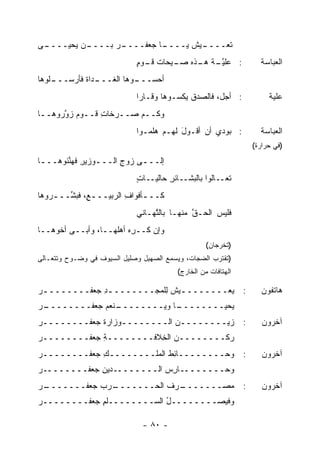 ‫ـﻰ‬
 ‫ـﻥ ﻴﺤﻴــــ‬
          ‫ـﺭ ﺒــــ‬
                ‫ـﺎ ﺠﻌ‪‬ﻔــــ ‪‬‬
                            ‫ـﻴﺵ ﻴــــ‬
                                  ‫ﹶﻌــــ ﹸ‬
                                         ‫ﺘ‬
                             ‫: ‪‬ﻠﻴ ـﺔ ـﺫﻩ ﺼ ـﻴ‪‬ﺤﺎﺕ ﻗ ـﻭﻡ‬
                             ‫ﹶـ ٍ‬       ‫‪‬ـ‬    ‫ﻋ ﱠـ ﻫـ‬            ‫ﺍﻟﻌﺒﺎﺴﺔ‬
‫ـﻠﻭﻫﺎ‬
    ‫ـﺩﺍﺓ ﻓﺄﺭﺴـــ‬
            ‫ﺃﺤﺴ ـﻭﻫﺎ ﺍﻟﻐـــ ﹶ‬
                        ‫‪‬ـــ‬
                             ‫: ﺃﺠل، ﻓﺎﻟﺼﺩﻕ ﻴﻜﺴـﻭﻫﺎ ﻭﻗـﺎ ‪‬ﺍ‬
                              ‫ﺭ‬              ‫ﹸ‬                      ‫ﻋﻠﻴﺔ‬
‫ﻭﻜــﻡ ‪‬ــﺭﺨﺎﺕ ﻗــﻭﻡ ﺯ ﱠﺭﻭﻫــﺎ‬
 ‫ـ‬    ‫ﻭ‬         ‫ِ‬     ‫ﺼ‬
                             ‫: ﺒﻭ ‪‬ﻱ ﺃﻥ ﺃﻗـﻭل ﻟﻬـﻡ ﻫﻠ ‪‬ـﻭﺍ‬
                                ‫ﻤ‬         ‫َ‬         ‫ﺩ‬            ‫ﺍﻟﻌﺒﺎﺴﺔ‬
                                                               ‫)ﻓﻲ ﺤﺭﺍﺭﺓ(‬

‫ﺇﻟـــﻰ ﺯﻭﺝ ﺍﻟـــﻭﺯﻴﺭ ﻓﻬ ﱢﺌﻭﻫــ ـﺎ‬
 ‫ـ‬      ‫ـ ِ ﻨ‬          ‫ِ‬    ‫ـ‬
                             ‫ﹶﻌــﺎﻟﻭﺍ ﺒﺎﻟﺒﺸــﺎﺌﺭ ﺤﺎﻟﻴــﺎﺕ‬
                             ‫ٍ‬        ‫ِ‬                 ‫ﺘ‬
‫ﻜــ ـﺄﻓﻭﺍﻑ ﺍﻟﺭﺒﻴــ ـ ِ، ﻓﺒ ﱢــ ـﺭﻭﻫﺎ‬
    ‫ﻊ ﺸ ـ‬                 ‫ِ‬    ‫ـ‬
                             ‫ﻓﻠﻴ ‪ ‬ﺍﻟﺤـﻕ ﻤﻨﻬـﺎ ﺒﺎﻟ ﱠﻬـﺎﻨﻲ‬
                                  ‫ﺘ‬           ‫ﱠ‬     ‫ﹶﹶ ‪‬ﺱ‬
‫ﻭﺇﻥ ﹶــ ِﻩ ﺃﻫﻠﻬــﺎ، ﻭﺃﺒــﻰ ﺃﺨﻭﻫــﺎ‬
                         ‫ﻜ ﺭ‬
                                                   ‫)ﺘﺨﺭﺠﺎﻥ(‬
‫)ﺘﻘﺘﺭﺏ ﺍﻟﻀﺠﺎﺕ، ﻭﻴﺴﻤﻊ ﺍﻟﺼﻬﻴل ﻭﺼﻠﻴل ﺍﻟﺴﻴﻭﻑ ﻓﻲ ﻭﻀـﻭﺡ ﻭﺘﺘﻌـﺎﻟﻰ‬
                                         ‫ﺍﻟﻬﺘﺎﻓﺎﺕ ﻤﻥ ﺍﻟﺨﺎﺭﺝ(‬

‫: ‪‬ﻌـــــــ ـﻴﺵ ﻟﻠﹾﻤﺠـــــــ ـﺩ ﺠﻌﻔـــــــ ـﺭ‬
‫‪‬‬             ‫ِ‬             ‫ـ ﹸِ‬          ‫ﻴ‬                      ‫ﻫﺎﺘﻔﻭﻥ‬
‫ـﺭ‬
‫ـﻨﹾﻌﻡ ﺠﻌﻔــــــــ ‪‬‬
                  ‫ـﺎ ﻭ ‪‬ــــــــ‬
                          ‫ﻴﺤﻴــــــــ ﻴ‬
‫: ﺯﻴــــــــﻥ ﺍﻟــــــــﻭﺯﺍﺭﺓ ﺠﻌﻔــــــــﺭ‬
‫‪‬‬                                                                 ‫ﺁﺨﺭﻭﻥ‬
‫ﺭﻜﹾــــــــﻥ ﺍﻟ ِﻼﻓــــــــﺔ ﺠﻌﻔــــــــﺭ‬
‫‪‬‬            ‫ِ‬          ‫‪ ‬ﺨ‬             ‫‪‬‬
‫: ‪‬ﺤــــــــﺎﺌﻁ ﺍﻟ ‪‬ﻠــــــــﻙ ﺠﻌﻔــــــــﺭ‬
‫‪‬‬            ‫ِ‬         ‫ِﹸ ﻤ‬             ‫ﻭ‬                         ‫ﺁﺨﺭﻭﻥ‬
‫ﻭﺤــــــــﺎﺭﺱ ﺍﻟــــــــ ‪‬ﻴﻥ ﺠﻌﻔــــــــﺭ‬
‫‪‬‬            ‫ﺩ ِ‬            ‫ِ ‪‬‬
‫ـﺭ‬
‫ـﺭ‪‬ﺏ ﺠﻌﻔـــــــ ‪‬‬
                ‫ـ ‪‬ﻑ ﺍﻟﺤـــــــ‬
                           ‫: ﻤ ‪‬ـــــــ ﺭ ﹸ‬
                                      ‫‪‬ﺼ‬                          ‫ﺁﺨﺭﻭﻥ‬
‫ﻭﻓﻴ‪‬ﺼــــــــل ﺍﻟﺴــــــــﻠﻡ ﺠﻌﻔــــــــﺭ‬
‫‪‬‬            ‫ِ‬             ‫ُ‬           ‫ﹶ‬

                               ‫- ٠٨ -‬
 