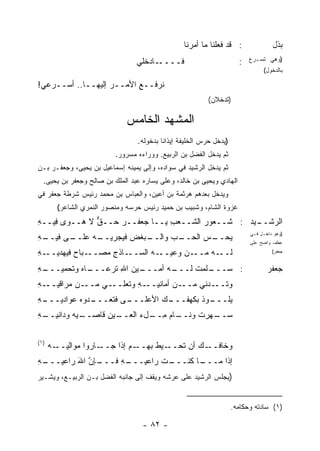 ‫: ﻗﺩ ﻓﻌﻠﻨﺎ ﻤﺎ ﺃﻤﺭﻨﺎ‬                ‫ﺒﺫل‬
                                 ‫ـﺎﺩﺨﻠﻲ‬‫ﻓــــ‬                           ‫:‬   ‫)ﻭﻫﻲ ﺘﺴـﺭﻉ‬
                                                                                ‫ﺒﺎﻟﺩﺨﻭل(‬

‫ﻨﺭﻓــﻊ ﺍﻷﻤــﺭ ﺇﻟﻴﻬــﺎ.. ﺃﺴــﺭﻋﻲ!‬
                   ‫‪‬‬      ‫ِ‬
                                                          ‫)ﺘﺩﺨﻼﻥ(‬

                             ‫ﺍﻟﻤﺸﻬﺩ ﺍﻟﺨﺎﻤﺱ‬
                                 ‫)ﻴﺩﺨل ﺤﺭﺱ ﺍﻟﺨﻠﻴﻔﺔ ﺇﻴﺫﺍ ﹰﺎ ﺒﺩﺨﻭﻟﻪ.‬
                                          ‫ﻨ‬
                          ‫ﺜﻡ ﻴﺩﺨل ﺍﻟﻔﻀل ﺒﻥ ﺍﻟﺭﺒﻴﻊ. ﻭﻭﺭﺍﺀﻩ ﻤﺴﺭﻭﺭ.‬
‫ﺜﻡ ﻴﺩﺨل ﺍﻟﺭﺸﻴﺩ ﻓﻲ ﺴﻭﺍﺩﻩ، ﻭﺇﻟﻰ ﻴﻤﻴﻨﻪ ﺇﺴﻤﺎﻋﻴل ﺒﻥ ﻴﺤﻴﻰ، ﻭﺠﻌﻔـﺭ ﺒـﻥ‬
  ‫ﺍﻟﻬﺎﺩﻱ ﻭﻴﺤﻴﻰ ﺒﻥ ﺨﺎﻟﺩ، ﻭﻋﻠﻰ ﻴﺴﺎﺭﻩ ﻋﺒﺩ ﺍﻟﻤﻠﻙ ﺒﻥ ﺼﺎﻟﺢ ﻭﺠﻌﻔﺭ ﺒﻥ ﻴﺤﻴﻰ.‬
‫ﻭﻴﺩﺨل ﺒﻌﺩﻫﻡ ﻫﺭﺜﻤﺔ ﺒﻥ ﺃﻋﻴﻥ، ﻭﺍﻟﻌﺒﺎﺱ ﺒﻥ ﻤﺤﻤﺩ ﺭﺌﻴﺱ ﺸﺭﻁﺔ ﺠﻌﻔﺭ ﻓﻲ‬
        ‫ﻏﺯﻭﺓ ﺍﻟﺸﺎﻡ، ﻭﺸﺒﻴﺏ ﺒﻥ ﺤﻤﻴﺩ ﺭﺌﻴﺱ ﺤﺭﺴﻪ ﻭﻤﻨﺼﻭﺭ ﺍﻟﻨﻤﺭﻱ ﺍﻟﺸﺎﻋﺭ(‬
‫ـﻴﺩ : ﺸــﻌﻭﺭ ﺍﻟﺸــﻌﺏ ﻴــﺎ ﺠﻌﻔــﺭ ﺤــﻕ ﻻ ﻫــﻭﻯ ِﻴــﻪ‬
‫ِ‬   ‫ﻓ‬         ‫ﱞ‬    ‫‪‬‬           ‫ِ‬       ‫‪‬‬          ‫ﺍﻟﺭﺸــ‬
‫ـﻪ‬
‫ـﻰ ﻓﻴــ ِ‬
        ‫ـﻪ ﻋﻠــ‬
              ‫ـ ‪‬ﻐﺽ ﻓ ‪‬ﺠﺭﻴــ‬
                   ‫ـﺏ ﻭﺍﻟــ ﺒ ‪ ‬ﻴ‬
                               ‫ﻴ ـﺱ ﺍﻟﺤــ ‪‬‬
                                       ‫‪‬ﺤــ ‪‬‬
                                                                           ‫)ﻭﻫﻭ ﺩﺍﺨـل ﻓـﻲ‬
                                                                           ‫ﻋﻁﻑ ﻭﺍﻀﺢ ﻋﻠﻰ‬

‫ـﻪ‬
‫ـﺒﺎﺡ ﹶﻴﻬﺩﻴــ ِ‬
        ‫ـﺎﺫﺝ ﻤﺼــ ‪ ‬ﻓ‬
                 ‫ـﻥ ﻭﻋﻴ ـﻪ ﺍﻟﺴــ ِ‬
                           ‫‪‬ــ‬    ‫ـﻪ ﻤــ‬‫ﻟــ‬                                         ‫ﺠﻌﻔﺭ(‬


‫ـﻪ‬
‫ـﺎﻩ ﻭ ﹶﺤﻤﻴـــ ِ‬
        ‫ـﻴﻥ ﺍﷲ ﺘﺭﻋـــ ‪ ‬ﺘ‬
                   ‫ـﻪ ﺃﻤـــ ‪ِ ‬‬
                              ‫ـﻠﻤﺕ ﻟـــ‬
                                   ‫: ﺴـــ ﹶ‬                                       ‫ﺠﻌﻔﺭ‬
‫ـﻪ‬
‫ـﻥ ﻤﺭﺍﻗﻴــ ِ‬‫ـﻲ ﻤــ‬‫ـﻪ ﻭ ﹸﻌﻠــ‬
                      ‫ـﻥ ﺃﻤﺎﻨﻴــ ِ ﺘ‬‫ﻭﺘ ـﺩﻨﻲ ﻤــ‬
                                            ‫ﹸــ‬
‫ـﻪ‬
‫ـﺩﻭﻩ ﻋﻭﺍﺩﻴـــ ِ‬
              ‫ـﻰ ﹶﺘﻌـــ‬
                   ‫ـﻙ ﺍﻷﻋﻠـــ ﻓ‬
                              ‫ـﻭﺫ ﺒﻜﻬ‪‬ﻔـــ‬
                                         ‫ﻴﻠـــ‬
‫ـﻪ‬
‫ـﻴﻪ ﻭﺩﺍﻨﻴــ ِ‬
            ‫ـﻴﻥ ﻗﺎﺼــ‬
                  ‫ـﺎﻡ ﻤ ـلﺀ ﺍﻟﻌــ ِ‬
                          ‫ـﻬﺭﺕ ﻭﻨــ ِــ ‪‬‬
                                     ‫ﹶ‬  ‫ﺴــ‬

‫)١(‬
      ‫ـﻪ‬‫ـﺎﺭﻭﺍ ﻤﻭﺍﻟﻴــ‬‫ـﻡ ﺇﺫﺍ ﺠــ‬‫ـﻴﻁ ﺒﻬــ‬
                                    ‫ـﻙ ﺃﻥ ﹸﺤــ ﹶ‬
                                         ‫ﺘ‬      ‫ﻭﺨﺎﻓــ‬
‫ـﻪ‬
‫ـﺈﻥ ﺍﷲ ﺭﺍﻋﻴـــ ِ‬
          ‫ـﻪ ﻓـــ ﱠ َ‬
                   ‫ـﺕ ﺭﺍﻋﻴـــ ِ‬
                              ‫ـﺎ ﻜﻨـــ‬
                                     ‫ﺇﺫﺍ ﻤـــ‬
‫)ﻴﺠﻠﺱ ﺍﻟﺭﺸﻴﺩ ﻋﻠﻰ ﻋﺭﺸﻪ ﻭﻴﻘﻑ ﺇﻟﻰ ﺠﺎﻨﺒﻪ ﺍﻟﻔﻀل ﺒـﻥ ﺍﻟﺭﺒﻴـﻊ، ﻭﻴﺸـﻴﺭ‬


                                                                     ‫)١( ﺴﺎﺩﺘﻪ ﻭﺤﻜﺎﻤﻪ.‬

                                   ‫- ٢٨ -‬
 