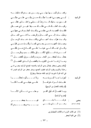 ‫ـﺩﻭﺍﻙ ﺩ ﱠﻤﺘ ـﻪ‬
‫‪ ‬ﻋ ﹶــ ‪‬‬    ‫ـﻥ ﺠــ‬
                  ‫ـﻲ ﻭﻤــ‬
                        ‫ﺭﻓ ـﺘﻡ ﻟﻠﺴ ـﻬﺎ ﺒﻴﺘــ‬
                                ‫‪‬ــ‬     ‫ﹶﻌــ‬
‫ـﻰ؛ ـﺎ ِﺜﻠ ـﻙ ﻤ ـﻥ ﻴ ـﻲ ـﻰ ﻤ ـﻲ‬
  ‫ِﺜﻠـ‬ ‫‪‬ـ ‪ ‬ﺜﻨـ ﻋﻠـ‬ ‫ﻓﻤـ ﻤ ﹸـ‬  ‫ـﻰ ﻴﺤﻴـ‬‫: ﺃﺒـ‬                                   ‫ﺍﻟﺭﺸﻴﺩ‬
‫ـﻲ‬
 ‫ـﺫﻯ ﻋﻘﻠــ‬
         ‫ـ ‪‬ﺎﺒﻲ ﻭﺍﻏﺘــ‬
                   ‫ـﻴﻥ ـﺩﻴﻙ ـﺩ ﺭﻑ ﺸــ ﺒ‬
                         ‫ﱠ‬   ‫ﻗــ‬  ‫ﻓﺒــ ﻴــ‬
‫ﺭﻗﻴــﺕ ﺍﻟﻤﻠــﻙ ﻓــﻲ ﻅﻠــﻙ ﺴــﻴ ﹰﺎ ﻏﻴــﺭ ﺫﻱ ‪‬ــﻘل‬
‫ﺼ ﹾٍ‬     ‫‪‬‬      ‫ﻔ‬                 ‫‪‬‬       ‫ﹸ‬
‫ـﻲ‬
 ‫ـﺕ ﺍﻟﺤﻠ ـﻡ ـﻲ ﺠﻬﻠـ‬
       ‫ﹾـ ‪ ‬ﻓـ‬    ‫ـﻲ ﻭﻜﻨـ‬
                        ‫ـﺕ ﺍﻟﻘﺼ ـﺩ ـﻲ ﺤﻠﻤـ‬
                              ‫‪‬ـ ‪ ‬ﻓـ‬   ‫ﻓﻜﻨـ ﹶ‬
‫ـﺩل‬
‫ـﻲ ﺍﻟﻌــ ِ‬
         ‫ـﺔ ﻓــ‬
             ‫ـﺩل ﻭﺍﻟﺭﺤﻤــ ﹶ‬
                        ‫ـﻲ ﺍﻟﻌــ َ‬
                                ‫ﻭﺤﺒ ـﺕ ﺇﻟــ ‪‬‬
                                       ‫ﱠﺒــ ﹶ‬
‫ـل‬
‫ـﺩﺩ ﺍﻟﺭﻤــ ِ‬
         ‫ـﺕ ﻋــ ‪‬‬
                ‫ـﺎﺌﻲ ﻭﻜﺎﻨــ‬
                          ‫ـﺩ ﻫﻭ ـﺕ ﺃﻋﺒــ‬
                                ‫ﱠﻨــ ﹶ‬ ‫ﻭﻗــ‬
‫ـﺩ ـﻥ ـﺩﻱ ـﺎ ﻭﺜﻘ ـﺕ ـﻥ ـﻲ‬
 ‫ﻜﻤـ ﱠ ﹾـ ﻤـ ﻗﺒﻠـ‬ ‫ﻭﺼ ـﻨﺕ ﺍﻟﻌﻬـ ﻤـ ﺒﻌـ‬
                               ‫‪‬ـ ﹶ‬
‫ـﺎﻥ ـﺎﻙ ـﻲ ﻋﻭﻨ ـﺎ ـﻰ ـﺎﺩﺡ ـﻥ ﺜ ـﻲ‬
  ‫ﹰـ ﻋﻠـ ﺍﻟﻔـ ِ ﻤـ ِﻘﻠـ‬  ‫ﻭﻜـ ﺍﺒﻨـ ‪ ‬ﻟـ‬
‫ﺃﻤــ ـﺭﺕ ﻓــ ـﺄﺒﻠﻎ ﺍﻵﻓــ ـﺎﻕ ﺒﺎﻟﻜﺘﹾــ ـﺏ ﻭﺒﺎﻟﺭﺴ‪‬ــ ـل‬
‫ِ‬            ‫ِ‬           ‫ـ ﹶ‬       ‫ـ ِ‬       ‫ـ ﹸ‬
‫)١(‬
      ‫ـل‬
      ‫ـﺭﻕ ﻟﻠﻔﻀــ ِ‬
               ‫ـﺭﺏ ﻭﺍﻟﻤﺸــ ﹶ‬
                         ‫ـﺭ ﺍﻟﻤﻐــ ‪‬‬
                                  ‫ـﺕ ﻟﺠﻌﻔــ ‪‬‬
                                           ‫ﺠﻌﻠــ ﹸ‬
‫)٢(‬
      ‫ـل‬
      ‫ـﻪ ﺒﺎﻟﻔﻀ ـل ـﺩﻯ ﺍﻟﻔﻀـ ِ‬
                 ‫‪‬ـ ﻟـ‬     ‫ـﺎ ﺯﺩﻨ ـﺎ ـﻥ ﺍﻟﺘﻨﻭﻴـ ِ‬
                                       ‫ﹶـ ﻋـ‬     ‫ﻭﻤـ‬
‫)ﻴﺘﻘﺩﻡ ﻴﺤﻴﻰ ﻭﺠﻌﻔﺭ ﻴﻘﺒﻼﻥ ﻴﺩﻱ ﺍﻟﺭﺸﻴﺩ ﻭﻗﺩﻤﻴﻪ، ﻓﻴﻤﻨﻊ ﺍﻟﺭﺸﻴﺩ ﻴﺤﻴـﻰ ﻓـﻲ‬
‫ﺭﻋﺎﻴﺔ ﻭﺘﻜﺭﻴﻡ ﻭﻴﻘﻭﻡ ﺍﻟﺭﺸﻴﺩ ﻓﻴﻘﻭﻡ ﺍﻟﺠﻤﻊ، ﻭﻴﺩﻨﻭ ﺠﻌﻔﺭ ﻤﻥ ﺍﻟﺭﺸﻴﺩ ﻓﻴﺴﺭ ﻟﻪ‬
                       ‫ﻓﻲ ﺃﺫﻨﻪ ﻗﻭ ﹰ، ﻓﻴﺭﺒﺕ ﺍﻟﺭﺸﻴﺩ ﻜﺘﻔﻪ ﻀﺎﺤ ﹰﺎ ﻭﻴﻘﻭل(‬
                               ‫ﻜ‬                        ‫ﻻ‬
‫ـﺎ‬
 ‫ـﺄﻟﻭﻩ ﺇﻋﻼﻨــــ‬
          ‫ﻭﻻ ﻨــــ ‪‬‬                  ‫: ﺃﺠﺯﻨ ـﺎ ﻤ ـﺎ ﺃﺸ ـﺭﺕ ﺒ ـﻪ‬
                                      ‫ـ ـ ـ ﹶ ِ‬                               ‫ﺍﻟﺭﺸﻴﺩ‬
‫ـﺎ‬‫ـﻲ ـﺎ ﻜﺎﻨـ‬
         ‫ـﻰ ﺠﻴﺸـ ﻜﻤـ‬‫ﻋﻠـ‬               ‫ـﺔ‬
                                      ‫ـﺩﺕ ـﻭﺍﺀ ﻫﺭﺜﻤـ ٍ‬
                                              ‫ﻋﻘـ ﹸ ﻟـ ‪‬‬
                                          ‫)ﺜﻡ ﻴﻠﺘﻔﺕ ﻟﻠﻔﻀل ﺒﻥ ﺍﻟﺭﺒﻴﻊ(‬

‫ـﺎ‬‫ـﺄﺫﻥ ﺍﻵﻨــ‬
        ‫ـﻰ ﻨــ ‪‬‬‫ﻡ ﺤﺘــ‬                ‫ﻭﻴ ـﺎ ﻓﻀ ـل ﻓ ـﺄﺒﻕ ﺍﻟﻘ ـﻭ‬
                                       ‫ٌ ـ‪ ِ‬ـ‬             ‫ـ‬
                                                      ‫)ﻴﺨﺭﺝ ﺍﻟﺭﺸﻴﺩ(‬

‫ﻓﻴــــــﻪ ﺠﻌﻔــــــﺭ‬
‫‪‬‬          ‫ِ‬                          ‫: ﻫﺭﺜﻤــــ ـﺔ ﻴﺸــــ ـﻔﻊ‬
                                        ‫ـ‬        ‫ﹲ‬                              ‫ﻴﺤﻴﻰ‬
‫ـﺩ ‪‬؟!‬
  ‫ـﻪ ﻭﻴﻐـــــ ‪‬ﺭ‬
               ‫ِـــــ‬
                    ‫ﺒ‬                 ‫ﻭﻫـــﻭ ﺍﻟـــﺫﻱ ﻴﺸـــﻲ‬              ‫)ﻴﺨﺎﻁﺏ ﺇﺴﻤﺎﻋﻴل‬




                                             ‫)١( ﻋﻥ ﻜﺘﺎﺏ ﺍﻟﻭﺯﺭﺍﺀ ﻭﺍﻟﻜﺘﺎﺏ ﻟﻠﺠﻬﺸﻴﺎﺭﻱ.‬
                                                                  ‫)٢( ﻫﻲ ﻜﻨﻴﺔ ﻟﺠﻌﻔﺭ.‬

                                    ‫- ٣٩ -‬
 