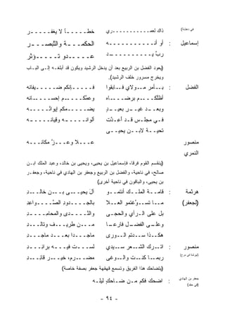 ‫ﺨﻁـــــﺄ ﻻ ﻴﻐ ﹶــــ ـﺭ‬
‫‪‬‬      ‫ـ ‪ ‬ﹾﻔ‬                          ‫ﺫﺍﻙ ﻟﻌﻤـــــــــــﺭﻱ‬             ‫ﻓﻲ ﺩﻫﺸﺔ(‬



‫ﺍﻟﺤﻜﻤــ ـﺔ ﻭﺍﻟ ﱠﺒ ‪‬ــ ـﺭ‬
‫‪‬‬    ‫ﹸ ﺘﺼ‬                              ‫: ﺃﻭ ﺃﻨـــــــــــﻪ‬              ‫ﺇﺴﻤﺎﻋﻴل‬

‫ﻋـــــﺩﻭ ﹸـــــﺅﺜﺭ‬
‫ﹶ‪‬‬      ‫‪‬ﺘ‬                             ‫ـﺩ‬
                                        ‫ﺭﺏ ﻴــــــــــ‬
                                                    ‫ﱠ‬

‫)ﻴﻌﻭﺩ ﺍﻟﻔﻀل ﺒﻥ ﺍﻟﺭﺒﻴﻊ ﺒﻌﺩ ﺃﻥ ﻴﺩﺨل ﺍﻟﺭﺸﻴﺩ ﻭﻴﻜﻭﻥ ﻗﺩ ﺃﺒﻠﻐـﻪ ﺇﻟـﻰ ﺍﻟﺒـﺎﺏ‬
                                        ‫ﻭﻴﺨﺭﺝ ﻤﺴﺭﻭﺭ ﺨﻠﻑ ﺍﻟﺭﺸﻴﺩ(.‬
‫ﻓـــــﺈﻨﻜﻡ ﻀـــــﻴﻔﺎﻨﻪ‬
‫ﹸ‪‬‬                                     ‫: ـﺄﻤﺭ ـﻭﻻﻱ ـﺎﺒﻘﻭﺍ‬
                                             ‫‪ ‬ﻓـ‬ ‫ﻤـ‬   ‫ﺒـ‬                  ‫ﺍﻟﻔﻀل‬
‫ـﺎﻨﻪ‬
‫ـﻡ ﺇﺤﺴــــ ﹸ ‪‬‬‫ﻭﻋ ﱠﻜــــ‬
                   ‫ﻤ‬                   ‫ـﺎﻩ‬‫ـﻡ ﺒﺭﻀـــ‬‫ﺃﻅﻠ ﹸـــ‬
                                                      ‫ﱠﻜ‬
‫ﻴﻀـــــ ‪‬ﻜﻡ ﺇﻴﻭﺍ ُـــــﻪ‬
‫‪‬‬     ‫ﺌ‬        ‫ﻤ‬                       ‫ـﺩ‬
                                       ‫ـﺭ ﺒﻌﻴــ ٍ‬
                                               ‫ـﺩ ﻏﻴــ ِ‬
                                                      ‫ﻭﺒﻌــ ‪‬‬
‫ﺃﻟﻭﺍ ﹸــــ ـﻪ ﻭ ِﻴﺎ ﹸــــ ـﻪ‬
‫‪‬‬      ‫‪ ‬ﻗ ﻨ‬          ‫ﻨ‬                ‫ﻓـﻲ ﻤﺠﻠـﺱ ﻗـﺩ ﺃﻋـ ﱠﺕ‬
                                        ‫ـ ـ َِ ﺩ‬         ‫ـ‬
                                       ‫ﺘﺤﻴــﺔ ﻻﺒــﻥ ﻴﺤﻴــﻰ‬
                                                    ‫ﹰ‬
‫ﻋـــﻼ ﻭﻋـــﺯ ﻤﻜﺎ ﹸـــﻪ‬
‫‪‬‬   ‫ﱠ ﻨ‬                                                                  ‫ﻤﻨﺼﻭﺭ‬
                                                                          ‫ﺍﻟﻨﻤﺭﻱ‬
‫)ﻴﻨﻘﺴﻡ ﺍﻟﻘﻭﻡ ﻓﺭ ﹰﺎ، ﻓﺈﺴﻤﺎﻋﻴل ﺒﻥ ﻴﺤﻴﻰ، ﻭﻴﺤﻴﻰ ﺒﻥ ﺨﺎﻟﺩ، ﻭﻋﺒﺩ ﺍﻟﻤﻠﻙ ﺍﺒـﻥ‬
                                                   ‫ﻗ‬
‫ﺼﺎﻟﺢ، ﻓﻲ ﻨﺎﺤﻴﺔ، ﻭﺍﻟﻔﻀل ﺒﻥ ﺍﻟﺭﺒﻴﻊ ﻭﺠﻌﻔﺭ ﺒﻥ ﺍﻟﻬﺎﺩﻱ ﻓﻲ ﻨﺎﺤﻴﺔ، ﻭﺠﻌﻔـﺭ‬
                                   ‫ﺒﻥ ﻴﺤﻴﻰ، ﻭﺍﻟﺒﺎﻗﻭﻥ ﻓﻲ ﻨﺎﺤﻴﺔ ﺃﺨﺭﻯ(‬
‫ـﺩ‬
‫ـﻥ ﺨﺎﻟــ ِ‬
        ‫ـﻰ ﺒــ ِ‬‫ﺁل ﻴﺤﻴــ‬
                      ‫َ‬                ‫: ﻗﺎﻤــﺔ ﺍﻟﻤﻠــﻙ ﺃﻨﺘﻤــﻭ‬
                                                       ‫ﹸ‬                   ‫ﻫﺭﺜﻤﺔ‬
‫ﺒﺎﻟﺠــــﺩﻭﺩ ﺍﻟ ﱠــــﻭﺍﻋﺩ‬
‫ِِ‬      ‫ِ ﺼ‬                            ‫ﻤــﺎ ﹶﺴــ ﱠﻏﺘﻤﻭ ﺍﻟﻌــﻼ‬
                                                  ‫ﻭ‬    ‫ﺘ‬                 ‫)ﻟﺠﻌﻔﺭ(‬
‫ﻭﺍﻟ ﱠـــ ـ ‪‬ﻯ ﻭﺍﻟﻤﺤﺎ ِـــ ـﺩ‬
‫ِ‬     ‫ﻤ‬         ‫ﺩ‬      ‫ﻨ‬               ‫ﺒل ﻋﻠﻰ ﺍﻟـﺭﺃﻱ ﻭﺍﻟﺤ ‪‬ـﻰ‬
                                         ‫ﺠ‬
‫ﻤـــﻥ ﹶﺭﻴـــﻑ ﻭﺘﺎﻟـــﺩ‬
‫ِ‬              ‫ﻁ‬                       ‫ـل ﻓﺎﺭﻋ ـﺎ‬
                                        ‫‪‬ـ‬      ‫ـﻰ ﺍﻟﻔﻀـ‬
                                                       ‫ﻭﻋﻠـ‬
‫ﻤﺎﺠـــ ‪‬ﺍ ﺒﻌـــﺩ ﻤﺎﺠـــﺩ‬
‫ِ‬               ‫ﺩ‬                      ‫ﻫﻜــﺫﺍ ﺴــﺩﺘﻡ ﺍﻟــﻭﺭﻯ‬
‫ﻟﺴــ ـﺕ ﻓﻴــ ـﻪ ﺒﺭﺍ ِــ ـﺩ‬
‫ِ‬    ‫ﺌ‬      ‫ـ‬      ‫ﹶ‬                   ‫ـﻌﺭ ـﻴﺩﻱ‬
                                           ‫ـﺭﻙ ﺍﻟﺸـ ‪ ‬ﺴـ‬‫: ﺍﺘـ‬            ‫ﻤﻨﺼﻭﺭ‬
                                                                       ‫)ﻟﻬﺭﺜﻤﺔ ﻓﻲ ﻤﺭﺡ(‬
‫ـﺭ ﻗﺎﺌ ـﺩ‬
‫ﻤﻀ ـﺭ ‪ ،‬ﺨﻴــ ‪ِ ‬ــ ِ‬
              ‫‪ ‬ــ ﻡ‬                  ‫ـﻭﻏﻰ‬‫ـﺎ ـﺕ ﻭﺍﻟـ‬
                                                ‫ﺭﺒﻤـ ﻜﻨـ ﹶ‬
                 ‫)ﻴﺘﻀﺎﺤﻙ ﻫﺫﺍ ﺍﻟﻔﺭﻴﻕ ﻭﺘﺴﻤﻊ ﻗﻬﻘﻬﺔ ﺠﻌﻔﺭ ﺒﺼﻔﺔ ﺨﺎﺼﺔ(‬

                                ‫: ﺍﻀﺤﻙ ﹶﻜﻡ ﻤـﻥ ﻀـﺎﺤﻙ ﻟﻴﹶـﻪ‬
                                ‫ٍ ﻠ ‪‬‬             ‫‪‬ﻓ‬
                                                                       ‫ﺠﻌﻔﺭ ﺒﻥ ﺍﻟﻬﺎﺩﻱ‬
                                                                            ‫)ﻓﻲ ﺤﻘﺩ(‬


                                    ‫- ٤٩ -‬
 