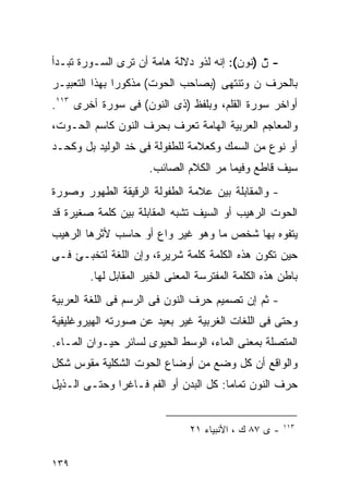 ‫- ‪‬ﻥ )ﻨﻭﻥ(: ﺇﻨﻪ ﻟﺫﻭ ﺩﻻﻟﺔ ﻫﺎﻤﺔ ﺃﻥ ﺘﺭﻯ ﺍﻟﺴـﻭﺭﺓ ﺘﺒـﺩﺃ‬
‫ﺒﺎﻟﺤﺭﻑ ﻥ ﻭﺘﻨﺘﻬﻰ )ﺒﺼﺎﺤﺏ ﺍﻟﺤﻭﺕ( ﻤﺫﻜﻭﺭﺍ ﺒﻬﺫﺍ ﺍﻟﺘﻌﺒﻴـﺭ‬
‫ﺃﻭﺍﺨﺭ ﺴﻭﺭﺓ ﺍﻟﻘﻠﻡ، ﻭﺒﻠﻔﻅ )ﺫﻯ ﺍﻟﻨﻭﻥ( ﻓﻰ ﺴﻭﺭﺓ ﺃﺨﺭﻯ ٣١١.‬
‫ﻭﺍﻟﻤﻌﺎﺠﻡ ﺍﻟﻌﺭﺒﻴﺔ ﺍﻟﻬﺎﻤﺔ ﺘﻌﺭﻑ ﺒﺤﺭﻑ ﺍﻟﻨﻭﻥ ﻜﺎﺴﻡ ﺍﻟﺤـﻭﺕ،‬
‫ﺃﻭ ﻨﻭﻉ ﻤﻥ ﺍﻟﺴﻤﻙ ﻭﻜﻌﻼﻤﺔ ﻟﻠﻁﻔﻭﻟﺔ ﻓﻰ ﺨﺩ ﺍﻟﻭﻟﻴﺩ ﺒل ﻭﻜﺤـﺩ‬
                      ‫ﺴﻴﻑ ﻗﺎﻁﻊ ﻭﻓﻴﻤﺎ ﻤﺭ ﺍﻟﻜﻼﻡ ﺍﻟﺼﺎﺌﺏ.‬
‫- ﻭﺍﻟﻤﻘﺎﺒﻠﺔ ﺒﻴﻥ ﻋﻼﻤﺔ ﺍﻟﻁﻔﻭﻟﺔ ﺍﻟﺭﻗﻴﻘﺔ ﺍﻟﻁﻬﻭﺭ ﻭﺼﻭﺭﺓ‬
‫ﺍﻟﺤﻭﺕ ﺍﻟﺭﻫﻴﺏ ﺃﻭ ﺍﻟﺴﻴﻑ ﺘﺸﺒﻪ ﺍﻟﻤﻘﺎﺒﻠﺔ ﺒﻴﻥ ﻜﻠﻤﺔ ﺼﻐﻴﺭﺓ ﻗﺩ‬
‫ﻴﺘﻔﻭﻩ ﺒﻬﺎ ﺸﺨﺹ ﻤﺎ ﻭﻫﻭ ﻏﻴﺭ ﻭﺍﻉ ﺃﻭ ﺤﺎﺴﺏ ﻷﺜﺭﻫﺎ ﺍﻟﺭﻫﻴﺏ‬
‫ﺤﻴﻥ ﺘﻜﻭﻥ ﻫﺫﻩ ﺍﻟﻜﻠﻤﺔ ﻜﻠﻤﺔ ﺸﺭﻴﺭﺓ، ﻭﺇﻥ ﺍﻟﻠﻐﺔ ﻟﺘﺨﺒـﺊ ﻓـﻰ‬
        ‫ﺒﺎﻁﻥ ﻫﺫﻩ ﺍﻟﻜﻠﻤﺔ ﺍﻟﻤﻔﺘﺭﺴﺔ ﺍﻟﻤﻌﻨﻰ ﺍﻟﺨﻴﺭ ﺍﻟﻤﻘﺎﺒل ﻟﻬﺎ.‬
‫- ﺜﻡ ﺇﻥ ﺘﺼﻤﻴﻡ ﺤﺭﻑ ﺍﻟﻨﻭﻥ ﻓﻰ ﺍﻟﺭﺴﻡ ﻓﻰ ﺍﻟﻠﻐﺔ ﺍﻟﻌﺭﺒﻴﺔ‬
‫ﻭﺤﺘﻰ ﻓﻰ ﺍﻟﻠﻐﺎﺕ ﺍﻟﻐﺭﺒﻴﺔ ﻏﻴﺭ ﺒﻌﻴﺩ ﻋﻥ ﺼﻭﺭﺘﻪ ﺍﻟﻬﻴﺭﻭﻏﻠﻴﻔﻴﺔ‬
‫ﺍﻟﻤﺘﺼﻠﺔ ﺒﻤﻌﻨﻰ ﺍﻟﻤﺎﺀ، ﺍﻟﻭﺴﻁ ﺍﻟﺤﻴﻭﻯ ﻟﺴﺎﺌﺭ ﺤﻴـﻭﺍﻥ ﺍﻟﻤـﺎﺀ.‬
‫ﻭﺍﻟﻭﺍﻗﻊ ﺃﻥ ﻜل ﻭﻀﻊ ﻤﻥ ﺃﻭﻀﺎﻉ ﺍﻟﺤﻭﺕ ﺍﻟﺸﻜﻠﻴﺔ ﻤﻘﻭﺱ ﺸﻜل‬
‫ﺤﺭﻑ ﺍﻟﻨﻭﻥ ﺘﻤﺎﻤﺎ: ﻜل ﺍﻟﺒﺩﻥ ﺃﻭ ﺍﻟﻔﻡ ﻓـﺎﻏﺭﺍ ﻭﺤﺘـﻰ ﺍﻟـﺫﻴل‬
             ‫ﹰ‬                        ‫ﹰ‬


                                ‫- ﻯ ٧٨ ﻙ ، ﺍﻷﻨﺒﻴﺎﺀ ١٢‬   ‫٣١١‬




‫٩٣١‬
 