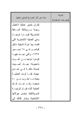 ‫ﺍﻟﺩﻭﻟﺔ‬
    ‫ﻨﺒﺫﺓ ﻋﻥ ﺁﺜﺎﺭ ﺍﻟﺼﺭﺍﻉ ﺍﻟﻌﺭﻗﻲ ﺩﺍﺨﻠﻬﺎ‬
                                        ‫)ﻤﺘﻨﻭﻋﺎﺕ ﺍﻟﻌﺭﻗﻴﺎﺕ(‬
‫ﻜﺎﺭﺍﻥ ﺒﺘﺩﺒﻴﺭ ﻋﻤﻠﻴﺔ ﻻﻏﺘﻴﺎل‬
‫ﺭﺌﻴﺴﺔ ﺴـﺭﻴﻼﻨﻜﺎ ﺍﻟﺴـﺎﺒﻘﺔ‬
‫ﺘﺸﺎﻨﺩﺭﻴﻜﺎ ﻜﻭﻤـﺎﺭﺍ ﺘﻭﻨﺠـﺎ،‬
‫ﻭﻫﻲ ﺍﻟﻌﻤﻠﻴﺔ ﺍﻻﻨﺘﺤﺎﺭﻴﺔ ﺍﻟﺘﻲ‬
‫ﻗﺎﻤﺕ ﺒﻬﺎ ﺍﻤﺭﺃﺓ ﺘﺎﻤﻴﻠﻴﺔ ﺩﺍﺨل‬
‫ﻜﻭﻟﻤﺒـﻭ ﻓـﻲ ٨١ ﺩﻴﺴـﻤﺒﺭ‬
   ‫ـ‬        ‫ـ ـ‬
‫٩٩٩١، ﻭﺍﻟﺘﻲ ﻨﺠـﺕ ﻓﻴﻬـﺎ‬
‫ﻜﻭﻤﺎﺭﺍ ﺘﻭﻨﺠﺎ ﻤـﻥ ﺍﻟﻤـﻭﺕ‬
‫ﺒﺄﻋﺠﻭﺒﺔ؛ ﺤﻴـﺙ ﺃﺼـﻴﺒﺕ‬
‫ﺇﺼﺎﺒﺔ ﺒﺎﻟﻐـﺔ ﻓـﻲ ﺇﺤـﺩﻯ‬
‫ﻋﻴﻨﻴﺔ، ﻜﻤـﺎ ﺃﻭﺩﺕ ﺍﻟﻌﻤﻠﻴـﺔ‬
‫ﺒﺤﻴﺎﺓ ﻤـﺎ ﻴﻘـﺭﺏ ﻤـﻥ ٠٤‬
‫ﺸﺨ ‪‬ﺎ. ﻭﻗـﺩ ﺘﻤـﺕ ﺘﻠـﻙ‬
                 ‫ﺼ‬
‫ﺍﻟﻌﻤﻠﻴﺔ ﺃﺜﻨﺎﺀ ﻗﻴـﺎﻡ ﺍﻟﺭﺌﻴﺴـﺔ‬
‫ﺍﻟﺴﺭﻴﻼﻨﻜﻴﺔ ﺒﺈﺤﺩﻯ ﺠﻭﻻﺘﻬﺎ‬
‫ﺍﻻﻨﺘﺨﺎﺒﻴﺔ. ﻭﻴﺸﺎﺭ ﻜﺫﻟﻙ ﺇﻟﻰ‬


                         ‫- ٨٢٣ -‬
 