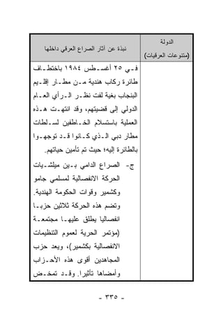 ‫ﺍﻟﺩﻭﻟﺔ‬
   ‫ﻨﺒﺫﺓ ﻋﻥ ﺁﺜﺎﺭ ﺍﻟﺼﺭﺍﻉ ﺍﻟﻌﺭﻗﻲ ﺩﺍﺨﻠﻬﺎ‬
                                         ‫)ﻤﺘﻨﻭﻋﺎﺕ ﺍﻟﻌﺭﻗﻴﺎﺕ(‬
‫ﻓـﻲ ٥٢ ﺃﻏﺴـﻁﺱ ٤٨٩١ ﺒﺎﺨﺘﻁ ـﺎﻑ‬
  ‫ـ‬              ‫ـ‬        ‫ـ‬
‫ﻁﺎﺌﺭﺓ ﺭﻜﺎﺏ ﻫﻨﺩﻴﺔ ﻤـﻥ ﻤﻁـﺎﺭ ﺇﻗﻠـﻴﻡ‬
‫ﺍﻟﺒﻨﺠﺎﺏ ﺒﻐﻴﺔ ﻟﻔﺕ ﻨﻅـﺭ ﺍﻟـﺭﺃﻱ ﺍﻟﻌـﺎﻡ‬
‫ﺍﻟﺩﻭﻟﻲ ﺇﻟﻰ ﻗﻀﻴﺘﻬﻡ، ﻭﻗﺩ ﺍﻨﺘﻬـﺕ ﻫـﺫﻩ‬
‫ﺍﻟﻌﻤﻠﻴﺔ ﺒﺎﺴﺘﺴﻼﻡ ﺍﻟﺨـﺎﻁﻔﻴﻥ ﻟﺴـﻠﻁﺎﺕ‬
‫ﻤﻁﺎﺭ ﺩﺒﻲ ﺍﻟـﺫﻱ ﻜـﺎﻨﻭﺍ ﻗـﺩ ﺘﻭﺠﻬـﻭﺍ‬
   ‫ﺒﺎﻟﻁﺎﺌﺭﺓ ﺇﻟﻴﻪ؛ ﺤﻴﺙ ﺘﻡ ﺘﺄﻤﻴﻥ ﺤﻴﺎﺘﻬﻡ.‬
‫ﺝ- ﺍﻟﺼﺭﺍﻉ ﺍﻟﺩﺍﻤﻲ ﺒـﻴﻥ ﻤﻴﻠﺸـﻴﺎﺕ‬
‫ﺍﻟﺤﺭﻜﺔ ﺍﻻﻨﻔﺼﺎﻟﻴﺔ ﻟﻤﺴﻠﻤﻲ ﺠﺎﻤﻭ‬
‫ﻭﻜﺸﻤﻴﺭ ﻭﻗﻭﺍﺕ ﺍﻟﺤﻜﻭﻤﺔ ﺍﻟﻬﻨﺩﻴﺔ.‬
‫ﻭﺘﻀﻡ ﻫﺫﻩ ﺍﻟﺤﺭﻜﺔ ﺜﻼﺜﻴﻥ ﺤﺯ ‪‬ـﺎ‬
  ‫ﺒ‬
‫ﺍﻨﻔﺼﺎﻟ ‪‬ﺎ ﻴﻁﻠﻕ ﻋﻠﻴﻬـﺎ ﻤﺠﺘﻤﻌـﺔ‬
                     ‫ﻴ‬
‫)ﻤﺅﺘﻤﺭ ﺍﻟﺤﺭﻴﺔ ﻟﻌﻤﻭﻡ ﺍﻟﺘﻨﻅﻴﻤﺎﺕ‬
‫ﺍﻻﻨﻔﺼﺎﻟﻴﺔ ﺒﻜﺸﻤﻴﺭ(، ﻭﻴﻌﺩ ﺤﺯﺏ‬
‫ﺍﻟﻤﺠﺎﻫﺩﻴﻥ ﺃﻗﻭﻯ ﻫﺫﻩ ﺍﻷﺤـﺯﺍﺏ‬
‫ﻭﺃﻤﻀﺎﻫﺎ ﺘﺄﺜﻴ ‪‬ﺍ. ﻭﻗـﺩ ﺘﻤﺨـﺽ‬
             ‫ﺭ‬

                        ‫- ٥٣٣ -‬
 