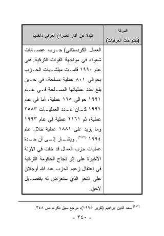 ‫ﺍﻟﺩﻭﻟﺔ‬
   ‫ﻨﺒﺫﺓ ﻋﻥ ﺁﺜﺎﺭ ﺍﻟﺼﺭﺍﻉ ﺍﻟﻌﺭﻗﻲ ﺩﺍﺨﻠﻬﺎ‬
                                           ‫)ﻤﺘﻨﻭﻋﺎﺕ ﺍﻟﻌﺭﻗﻴﺎﺕ(‬
‫ﺍﻟﻌﻤﺎل ﺍﻟﻜﺭﺩﺴﺘﺎﻨﻲ( ﺤـﺭﺏ ﻋﺼـﺎﺒﺎﺕ‬
‫ﺸﻌﻭﺍﺀ ﻓﻲ ﻤﻭﺍﺠﻬﺔ ﺍﻟﻘﻭﺍﺕ ﺍﻟﺘﺭﻜﻴﺔ. ﻓﻔﻲ‬
‫ﻋﺎﻡ ٠٩٩١ ﻗﺎﻤـﺕ ﻤﻴﻠﺸـﻴﺎﺕ ﺍﻟﺤـﺯﺏ‬
‫ﺒﺤﻭﺍﻟﻲ ١٠٨ ﻋﻤﻠﻴﺔ ﻤﺴﻠﺤﺔ، ﻓﻲ ﺤـﻴﻥ‬
‫ﺒﻠﻎ ﻋﺩﺩ ﻋﻤﻠﻴﺎﺘﻬﺎ ﺍﻟﻤﺴـﻠﺤﺔ ﻓـﻲ ﻋـﺎﻡ‬
‫١٩٩١ ﺤﻭﺍﻟﻲ ٥٦١ ﻋﻤﻠﻴﺔ، ﺃﻤﺎ ﻓﻲ ﻋﺎﻡ‬
‫ـﺎﺕ ٣٨٥٣‬
       ‫٢٩٩١ ـﺎﻥ ـﺩﺩ ﺍﻟﻌﻤﻠﻴـ‬
                 ‫ﻜـ ﻋـ‬
‫ﻋﻤﻠﻴﺔ، ﺜﻡ ١٦١٢ ﻋﻤﻠﻴﺔ ﻓﻲ ﻋﺎﻡ ٣٩٩١‬
‫ﻭﻤﺎ ﻴﺯﻴﺩ ﻋﻠﻰ ١٨٨١ ﻋﻤﻠﻴﺔ ﺨﻼل ﻋﺎﻡ‬
‫ـﺎﺭ ـﻰ ﺃﻥ ـﺩﺓ‬
  ‫ﺤـ‬    ‫٤٩٩١ )٢٨٢(. ﻭﻴﺸـ ﺇﻟـ‬
‫ﻋﻤﻠﻴﺎﺕ ﺤﺯﺏ ﺍﻟﻌﻤﺎل ﻗﺩ ﺨﻔﺕ ﻓﻲ ﺍﻵﻭﻨﺔ‬
‫ﺍﻷﺨﻴﺭﺓ ﻋﻠﻰ ﺇﺜﺭ ﻨﺠﺎﺡ ﺍﻟﺤﻜﻭﻤﺔ ﺍﻟﺘﺭﻜﻴﺔ‬
‫ﻓﻲ ﺍﻋﺘﻘﺎل ﺯﻋﻴﻡ ﺍﻟﺤﺯﺏ ﻋﺒﺩ ﺍﷲ ﺃﻭﺠﻼﻥ‬
‫ﻋﻠﻰ ﺍﻟﻨﺤﻭ ﺍﻟﺫﻱ ﺴﻨﻌﺭﺽ ﻟﻪ ﺒﺘﻔﺼـﻴل‬
                                  ‫ﻻﺤﻕ.‬

                                                            ‫)٢٨٢(‬
    ‫ﺴﻌﺩ ﺍﻟﺩﻴﻥ ﺇﺒﺭﺍﻫﻴﻡ )ﺘﻘﺭﻴﺭ ٥٩٩١(، ﻤﺭﺠﻊ ﺴﺒﻕ ﺫﻜﺭﻩ، ﺹ ٨٤٣.‬

                        ‫- ٠٤٣ -‬
 