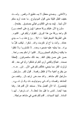 ‫ﻭﺍﻷﻏﺎﻨﻲ.. ﻭﺠﺴﺩﻱ ﻤﻌﻁل ﻻ ﻴﺴـﺘﻁﻴﻊ ﺍﻟـﺭﻗﺹ.. ﻭﻟﺴـﺕ‬
‫ﺨﻔﻴﻑ ﺍﻟﻅل ﺍﻟﻠﻴﻠﺔ ﺤﺘﻰ ﺃﻗﻭل ﺍﻟﻤﻭﻨﻭﻟﻭﺝ.. ﻤﺎ ﻋﺩﺕ ﺃﺭﻴﺩ ﻤﻨﻜﻡ‬
 ‫ﺍﻵﻥ ﺸﻴﺌﺎ.. )ﻴﻤﺩ ﻴﺩﻩ ﻓﻲ ﺍﻟﻜﺎﻟﻭﺱ ﻓﻴﺄﺘﻲ ﺒﺼﻨﺩﻭﻕ.. ﻴﻔﺘﺤﻪ(..‬
‫ﺴﺄﻭﺯﻉ ﺍﻵﻥ ﻋﻠﻴﻜﻡ ﻭﺭ ﹰﺎ ﺼﻐﻴ ‪‬ﺍ )ﻴﻭﺯﻉ ﻋﻠﻰ ﺍﻟﺤﻀـﻭﺭ(‬
                    ‫ﺭ‬      ‫ﻗ‬
‫ﻜل ﻭﺍﺤﺩ ﻭﺭﻗﺔ ﻤﻥ ﻫﺫﺍ ﺍﻟﻭﺭﻕ.. ﻟﺘﻘﻭﻟﻭﺍ ﺭﺃﻴﻜﻡ ﻓﻲ.. ﺍﻜﺘﺒﻭﻩ..‬
           ‫‪‬‬
‫ﻋﻠﻰ ﺍﻟﻁﺭﻴﻘﺔ ﺍﻟﺩﻴﻤﻘﺭﺍﻁﻴﺔ ٠٠١%... ﻭﺯﻉ ﻫﺫﻩ ﻴـﺎ ﺴـﻴﺩﻱ‬
‫ﻋﻨﺩﻙ.. ﻭﺃﻨﺕ ﻴﺎ ﺃﺥ ﻟﻭ ﺘﻜﺭﻤﺕ ﻭﺍﷲ.. ﺸﻜ ‪‬ﺍ.. ﻟﻴﻜﺘﺏ ﻜل ﻤﺎ‬
   ‫ﱞ‬           ‫ﺭ‬
‫ﻴﺭﺍﻩ.. ﺒﻤﺎ ﻴﻤﻠﻴﻪ ﻋﻠﻴﻪ ﻀﻤﻴﺭﻩ ﻭﺤ ‪‬ﻩ.. ﻻ ﺘﺘﺸﺎﻭﺭﻭﺍ ﻭﻻ ﺘﻨﻘﻠﻭﺍ‬
                        ‫ﺩ‬
‫ﻤﺎ ﻴﻜﺘﺒﻪ ﺯﻤﻼﺅﻜﻡ ﺍﻟﻤﺠﺎﻭﺭﻭﻥ!!.. ﺍﻜﺘﺒﻭﺍ ﺁﺭﺍﺀﻜﻡ ﺒﺼـﺭﺍﺤﺔ..‬
‫ﺤﺴﻥ ﻋﻠﻲ ﺤﺴﻥ ﻴﺘﻘﺒل ﺍﻟﻨﻘﺩ.. ﺒﻌﺩ ﺫﻟﻙ ﺴﺘﻨﺼﺭﻓﻭﻥ.. )ﻟﺤﻅﺔ‬
‫ﺼﻤﺕ.. ﻓﺠﺄﺓ( ﻭﻟﻜﻨﻨﻲ ﺃﺭﻯ ﺃﻨﻜﻡ ﻟﻡ ﺘﺸﻜﻠﻭﺍ ﺭﺃ ‪‬ﺎ ﻓﻲ ﺒﻌﺩ.. ﻟﻘﺩ‬
      ‫ﻴ ‪ ‬‬
‫ﺜﺭﺜﺭﺕ ﺃﻜﺜﺭ ﻤﻤﺎ ﻴﻨﺒﻐﻲ، ﻓﻸﻗﺩﻡ ﻟﻜﻡ ﻓﻨﻲ ﺍﻵﻥ.. ﺇﺫﻥ.. ﻫـﻪ..‬
‫ﻤﻥ ﻴﻘﺘﺭﺡ ﺃﻏﻨﻴﺔ ﻤﺎ؟ ﺃﻭ ﻓﻠﻨﻘل ﺭﻗﺼﺔ.. ﺃﻗﻭل ﻟﻜﻡ.. ﺴﺄﺭﺘﺠل..‬
‫ﺴﺄﺭﺘﺠل ﻟﻜﻡ ﻤﺸﺎﻫﺩ.. ﻭﺍﷲ ﻤﺤـﺽ ﺍﺭﺘﺠـﺎل.. ﻭﺘﺘﻀـﻤﻥ‬
                       ‫ِ‬
‫ﺍﻟﻤﺸﺎﻫﺩ ﺭﻗﺼﺎﺕ ﻭﺃﻏـﺎﻨﻲ ﻭﻤﻭﻨﻭﻟﻭﺠـﺎﺕ ﻭﻜـل ﺸـﻲﺀ..‬
‫)ﻴﺘﺤﻤﺱ(.. ﺃﻨﺎ ﺍﻵﻥ ﺃﻓﻀل ﺤﺎﻻ.. ﻤﺴﺘﻌﺩ ﻷﻥ ﺃﻗﺩﻡ ﻓﻨﺎ.. ﻭﻓ ﹰﺎ‬
 ‫ﻨ‬
‫ﺠﻴ ‪‬ﺍ ﺃﻴﻀﺎ.. ﻟﻨﻨﺱ ﻤﺎ ﻗﻴل ﻤﻨﺫ ﻟﺤﻅـﺔ.. ﺍﺴـﺘﺭﺨﻭﺍ.. ﺃﻴﻬـﺎ‬
                                    ‫‪‬‬            ‫ﺩ‬
 ‫ﺍﻟﺴﺎﺩﺓ.. ﺃﻴﺘﻬﺎ ﺍﻟﺴﻴﺩﺍﺕ.. ﺃﻗﺩﻡ ﻟﻜﻡ ﻨﻔﺴﻲ ﻓﻲ ﻤﺸﺎﻫﺩ ﻤﺭﺘﺠﻠﺔ..‬
 