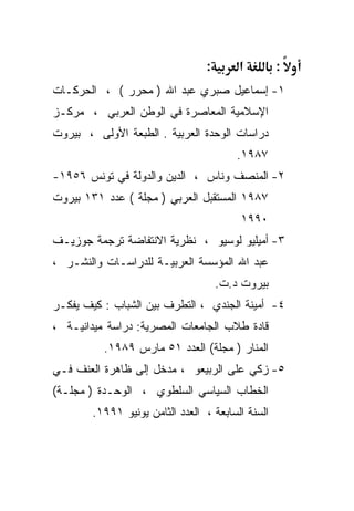 ‫:‬       ‫א‬        ‫:‬
‫١- ﺇﺴﻤﺎﻋﻴل ﺼﺒﺭﻱ ﻋﺒﺩ ﺍﷲ ) ﻤﺤﺭﺭ ( ، ﺍﻟﺤﺭﻜـﺎﺕ‬
‫ﺍﻹﺴﻼﻤﻴﺔ ﺍﻟﻤﻌﺎﺼﺭﺓ ﻓﻲ ﺍﻟﻭﻁﻥ ﺍﻟﻌﺭﺒﻲ ، ﻤﺭﻜـﺯ‬
‫ﺩﺭﺍﺴﺎﺕ ﺍﻟﻭﺤﺩﺓ ﺍﻟﻌﺭﺒﻴﺔ . ﺍﻟﻁﺒﻌﺔ ﺍﻷﻭﻟﻰ ، ﺒﻴﺭﻭﺕ‬
                                          ‫٧٨٩١.‬
‫٢- ﺍﻟﻤﻨﺼﻑ ﻭﻨﺎﺱ ، ﺍﻟﺩﻴﻥ ﻭﺍﻟﺩﻭﻟﺔ ﻓﻲ ﺘﻭﻨﺱ ٦٥٩١-‬
‫٧٨٩١ ﺍﻟﻤﺴﺘﻘﺒل ﺍﻟﻌﺭﺒﻲ ) ﻤﺠﻠﺔ ( ﻋﺩﺩ ١٣١ ﺒﻴﺭﻭﺕ‬
                                          ‫٠٩٩١‬
‫٣- ﺃﻤﻴﻠﻴﻭ ﻟﻭﺴﻴﻭ ، ﻨﻅﺭﻴﺔ ﺍﻻﻨﺘﻔﺎﻀﺔ ﺘﺭﺠﻤﺔ ﺠﻭﺯﻴـﻑ‬
‫ﻋﺒﺩ ﺍﷲ ﺍﻟﻤﺅﺴﺴﺔ ﺍﻟﻌﺭﺒﻴـﺔ ﻟﻠﺩﺭﺍﺴـﺎﺕ ﻭﺍﻟﻨﺸـﺭ ،‬
                                      ‫ﺒﻴﺭﻭﺕ ﺩ.ﺕ.‬
‫٤- ﺃﻤﻴﻨﺔ ﺍﻟﺠﻨﺩﻱ ، ﺍﻟﺘﻁﺭﻑ ﺒﻴﻥ ﺍﻟﺸﺒﺎﺏ : ﻜﻴﻑ ﻴﻔﻜـﺭ‬
‫ﻗﺎﺩﺓ ﻁﻼﺏ ﺍﻟﺠﺎﻤﻌﺎﺕ ﺍﻟﻤﺼﺭﻴﺔ: ﺩﺭﺍﺴﺔ ﻤﻴﺩﺍﻨﻴـﺔ ،‬
          ‫ﺍﻟﻤﻨﺎﺭ ) ﻤﺠﻠﺔ( ﺍﻟﻌﺩﺩ ١٥ ﻤﺎﺭﺱ ٩٨٩١.‬
‫٥- ﺯﻜﻲ ﻋﻠﻰ ﺍﻟﺭﺒﻴﻌﻭ ، ﻤﺩﺨل ﺇﻟﻰ ﻅﺎﻫﺭﺓ ﺍﻟﻌﻨﻑ ﻓـﻲ‬
‫ﺍﻟﺨﻁﺎﺏ ﺍﻟﺴﻴﺎﺴﻲ ﺍﻟﺴﻠﻁﻭﻱ ، ﺍﻟﻭﺤـﺩﺓ ) ﻤﺠﻠـﺔ(‬
        ‫ﺍﻟﺴﻨﺔ ﺍﻟﺴﺎﺒﻌﺔ ، ﺍﻟﻌﺩﺩ ﺍﻟﺜﺎﻤﻥ ﻴﻭﻨﻴﻭ ١٩٩١.‬
 