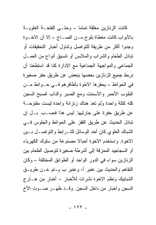 ‫ﻜﺎﻨﺕ ﺍﻟﺯﻨﺎﺯﻴﻥ ﻤﻐﻠﻘﺔ ﺘﻤﺎ ‪‬ﺎ – ﻭﺤﺘـﻰ ﺍﻟﻔﺘﺤـﺔ ﺍﻟﻌﻠﻭﻴـﺔ‬
                          ‫ﻤ‬
‫ﺒﺎﻷﺒﻭﺍﺏ ﻜﺎﻨﺕ ﻤﻐﻁﺎﺓ ﺒﻠﻭﺡ ﻤـﻥ ﺍﻟﺼـﺎﺝ – ﺇﻻ ﺃﻥ ﺍﻻﺨـﻭﺓ‬
‫ﻭﺠﺩﻭﺍ ﺃﻜﺜﺭ ﻤﻥ ﻁﺭﻴﻘﺔ ﻟﻠﺘﻭﺍﺼل ﻭﺘﻨﺎﻭل ﺃﺨﺒﺎﺭ ﺍﻟﺘﺤﻘﻴﻘﺎﺕ ﺃﻭ‬
‫ﺘﺒﺎﺩل ﺍﻟﻁﻌﺎﻡ ﻭﺍﻟﺸﺭﺍﺏ ﻭﺍﻟﻤﻼﺒﺱ ﺃﻭ ﺘﻨﺴﻴﻕ ﺃﻨﻭﺍﻉ ﻤﻥ ﺍﻟﻌﻤـل‬
‫ﺍﻟﺠﻤﺎﻋﻲ ﻭﺍﻟﻤﻭﺍﺠﻬﺔ ﺍﻟﺠﻤﺎﻋﻴﺔ ﻤﻊ ﺍﻹﺩﺍﺭﺓ ﻜﻨﺎ ﻗﺩ ﺍﺴﺘﻁﻌﻨﺎ ﺃﻥ‬
‫ﻨﺭﺒﻁ ﺠﻤﻴﻊ ﺍﻟﺯﻨﺎﺯﻴﻥ ﺒﻌﻀﻬﺎ ﺒﺒﻌﺽ ﻋﻥ ﻁﺭﻴﻕ ﺤﻔﺭ ﺼﻐﻴﺭﺓ‬
‫ﻓﻲ ﺍﻟﺤﻭﺍﺌﻁ – ﻴﺤﻔﺭﻫﺎ ﺍﻻﺨﻭﺓ ﺒﺄﻅﺎﻓﺭﻫﻡ ﻓـﻲ ﺤـﻭﺍﺌﻁ ﻤـﻥ‬
‫ﺍﻟﻁﻭﺏ ﺍﻷﺤﻤﺭ ﻭﺍﻷﺴﻤﻨﺕ ﻭﻤﻊ ﺍﻟﺼﺒﺭ ﻭﺍﻟﺩﺃﺏ ﺃﺼﺒﺢ ﺍﻟﺴﺠﻥ‬
‫ﻜﻠﻪ ﻜﺘﻠﺔ ﻭﺍﺤﺩﺓ ﻭﻟﻡ ﺘﻌﺩ ﻫﻨﺎﻙ ﺯﻨﺯﺍﻨﺔ ﻭﺍﺤﺩﺓ ﻟﻴﺴﺕ ﻤﻔﺘﻭﺤـﺔ‬
‫ﻋﻥ ﻁﺭﻴﻕ ﺤﻔﺭﺓ ﻋﻠﻰ ﺠﺎﺭﺘﻴﻬﺎ. ﻟﻴﺱ ﻫﺫﺍ ﻓﺤﺴـﺏ. ﺒـل ﺇﻥ‬
‫ﺘﺒﺎﺩل ﺍﻟﺤﺩﻴﺙ ﻋﻥ ﻁﺭﻴﻕ ﺍﻟﻘﻔﺯ ﻋﻠﻰ ﺍﻟﺤﻭﺍﺌﻁ ﻭﺍﻟﺠﻠﻭﺱ ﻓـﻲ‬
‫ﺍﻟﺸﺒﺎﻙ ﺍﻟﻌﻠﻭﻱ ﻜﺎﻥ ﺃﺤﺩ ﺍﻟﻭﺴﺎﺌل ﻟﻠﺘـﺭﺍﺒﻁ ﻭﺍﻟﺘﻭﺍﺼـل ﺒـﻴﻥ‬
‫ﺍﻻﺨﻭﺓ. ﻭﺍﺴﺘﺨﺩﻡ ﺍﻻﺨﻭﺓ ﺃﺤﺒﺎﻻ ﻤﺼﻨﻭﻋﺔ ﻤﻥ ﺴﻠﻭﻙ ﺍﻟﻜﻬﺭﺒﺎﺀ‬
                        ‫ﹰ‬
‫ﺃﻭ ﺍﻟﺴﺠﺎﺠﻴﺩ ﺍﻟﻤﻤﺯﻗﺔ ﺇﻟﻰ ﺃﺸﺭﻁﺔ ﺼﻐﻴﺭﺓ ﻟﺘﻭﺼﻴل ﺍﻟﻁﻌﺎﻡ ﺒﻴﻥ‬
‫ﺍﻟﺯﻨﺎﺯﻴﻥ ﺴﻭﺍﺀ ﻓﻲ ﺍﻟﺩﻭﺭ ﺍﻟﻭﺍﺤﺩ ﺃﻭ ﺍﻟﻁﻭﺍﺒﻕ ﺍﻟﻤﺨﺘﻠﻔﺔ – ﻭﻜﺎﻥ‬
‫ﺍﻟﺘﻔﺎﻫﻡ ﻭﺍﻟﺤﺩﻴﺙ ﺒﻴﻥ ﻋﻨﺒﺭ ﺃ، ﻭﻋﻨﺒﺭ ﺏ ﻴـﺘﻡ ﻋـﻥ ﻁﺭﻴـﻕ‬
‫ﺍﻟﺸﺒﺎﺒﻴﻙ ﻭﻨﻅﻡ ﺍﻻﺨﻭﺓ ﻨﺸﺭﺍﺕ ﻟﻸﺨﺒﺎﺭ – ﺃﺨﺒﺎﺭ ﻤﻥ ﺨـﺎﺭﺝ‬
‫ﺍﻟﺴﺠﻥ ﻭﺃﺨﺒﺎﺭ ﻤﻥ ﺩﺍﺨل ﺍﻟﺴﺠﻥ. ﻭﻗـﺩ ﻅﻬـﺭ ﺼـﻭﺕ ﺍﻷﺥ‬


                       ‫- ٢٢١ -‬
 