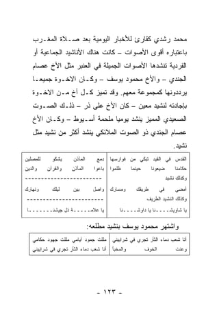 ‫ﻤﺤﻤﺩ ﺭﺸﺩﻱ ﻜﻘﺎﺭﺉ ﻟﻸﺨﺒﺎﺭ ﺍﻟﻴﻭﻤﻴﺔ ﺒﻌﺩ ﺼـﻼﺓ ﺍﻟﻤﻐـﺭﺏ‬
   ‫ﺒﺎﻋﺘﺒﺎﺭﻩ ﺃﻗﻭﻯ ﺍﻷﺼﻭﺍﺕ – ﻜﺎﻨﺕ ﻫﻨﺎﻙ ﺍﻷﻨﺎﺸﻴﺩ ﺍﻟﺠﻤﺎﻋﻴﺔ ﺃﻭ‬
   ‫ﺍﻟﻔﺭﺩﻴﺔ ﺘﻨﺸﺩﻫﺎ ﺍﻷﺼﻭﺍﺕ ﺍﻟﺠﻤﻴﻠﺔ ﻓﻲ ﺍﻟﻌﻨﺒﺭ ﻤﺜل ﺍﻷﺥ ﻋﺼﺎﻡ‬
   ‫ﺍﻟﺠﻨﺩﻱ – ﻭﺍﻷﺥ ﻤﺤﻤﻭﺩ ﻴﻭﺴﻑ – ﻭﻜـﺎﻥ ﺍﻻﺨـﻭﺓ ﺠﻤﻴ ‪‬ـﺎ‬
     ‫ﻌ‬
   ‫ﻴﺭﺩﺩﻭﻨﻬﺎ ﻜﻤﺠﻤﻭﻋﺔ ﻤﻌﻬﻡ. ﻭﻗﺩ ﺘﻤﻴﺯ ﻜـل ﺃﺥ ﻤـﻥ ﺍﻻﺨـﻭﺓ‬
   ‫ﺒﺈﺠﺎﺩﺘﻪ ﻟﻨﺸﻴﺩ ﻤﻌﻴﻥ – ﻜﺎﻥ ﺍﻷﺥ ﻋﻠﻰ ﺫﺭ – ﺫﻟـﻙ ﺍﻟﺼـﻭﺕ‬
   ‫ﺍﻟﺼﻌﻴﺩﻱ ﺍﻟﻤﻤﻴﺯ ﻴﻨﺸﺩ ﻴﻭﻤ ‪‬ﺎ ﻤﻠﺤﻤﺔ ﺃﺴـﻴﻭﻁ – ﻭﻜـﺎﻥ ﺍﻷﺥ‬
                             ‫ﻴ‬
   ‫ﻋﺼﺎﻡ ﺍﻟﺠﻨﺩﻱ ﺫﻭ ﺍﻟﺼﻭﺕ ﺍﻟﻤﻼﺌﻜﻲ ﻴﻨﺸﺩ ﺃﻜﺜﺭ ﻤﻥ ﻨﺸﻴﺩ ﻤﺜل‬
                                                                           ‫ﻨﺸﻴﺩ.‬
‫ﻟﻠﻤﺼﻠﻴﻥ‬     ‫ﻴﺸﻜﻭ‬     ‫ﺍﻟﻤﺂﺫﻥ‬      ‫ﺩﻤﻊ‬    ‫ﺍﻟﻘﺩﺱ ﻓﻲ ﺍﻟﻘﻴﺩ ﺘﺒﻜﻲ ﻤﻥ ﻓﻭﺍﺭﺴﻬﺎ‬
‫ﻭﺍﻟﺩﻴﻥ‬    ‫ﻭﺍﻟﻘﺭﺁﻥ‬    ‫ﺍﻟﻤﺂﺫﻥ‬     ‫ﺒﺎﻋﻭﺍ‬   ‫ﻅﻠﻤﻭﺍ‬      ‫ﺤﻴﻨﻤﺎ‬     ‫ﻀﻴﻌﻭﻨﺎ‬         ‫ﺤﻜﺎﻤﻨﺎ‬
‫------------------------‬                                                ‫ﻭﻜﺫﻟﻙ ﻨﺸﻴﺩ‬
‫ﻭﻨﻬﺎﺭﻙ‬      ‫ﻟﻴﻠﻙ‬     ‫ﺒﻴﻥ‬        ‫ﻭﺍﺼل‬    ‫ﻭﻤﺴﺎﺭﻙ‬       ‫ﻁﺭﻴﻘﻙ‬         ‫ﻓﻲ‬       ‫ﺃﻤﻀﻲ‬
‫------------------------‬                                   ‫ﻭﻜﺫﻟﻙ ﺍﻟﻨﺸﻴﺩ ﺍﻟﻁﺭﻴﻑ‬
 ‫ﻴﺎ ﻋﻼﻤـــــﺔ ﺫل ﺠﻴﺸﻨـــــــﺎ‬               ‫ﻴﺎ ﺸﺎﻭﻴﺸــــﻨﺎ ﻴﺎ ﺩﺍﻭﺸــــﻨﺎ‬

                              ‫ﻭﺍﺸﺘﻬﺭ ﻤﺤﻤﻭﺩ ﻴﻭﺴﻑ ﺒﻨﺸﻴﺩ ﻤﻁﻠﻌﻪ:‬
   ‫ﻤﻠﻠﺕ ﺠﻤﻭﺩ ﺃﻴﺎﻤﻲ ﻤﻠﻠﺕ ﺠﻬﻭﺩ ﺤﻜﺎﻤﻲ‬       ‫ﺃﻨﺎ ﺸﻌﺏ ﺩﻤﺎﺀ ﺍﻟﺜﺄﺭ ﺘﺠﺭﻱ ﻓﻲ ﺸﺭﺍﻴﻴﻨﻲ‬
   ‫ﺃﻨﺎ ﺸﻌﺏ ﺩﻤﺎﺀ ﺍﻟﺜﺄﺭ ﺘﺠﺭﻱ ﻓﻲ ﺸﺭﺍﻴﻴﻨﻲ‬    ‫ﻭﺍﻟﻤﺨﺒﺄ‬           ‫ﺍﻟﺨﻭﻑ‬            ‫ﻭﻋﻨﺕ‬




                                 ‫- ٣٢١ -‬
 