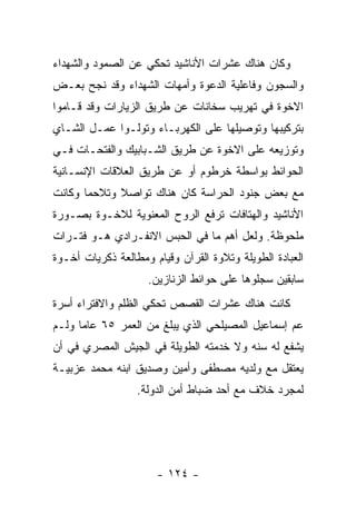 ‫ﻭﻜﺎﻥ ﻫﻨﺎﻙ ﻋﺸﺭﺍﺕ ﺍﻷﻨﺎﺸﻴﺩ ﺘﺤﻜﻲ ﻋﻥ ﺍﻟﺼﻤﻭﺩ ﻭﺍﻟﺸﻬﺩﺍﺀ‬
‫ﻭﺍﻟﺴﺠﻭﻥ ﻭﻓﺎﻋﻠﻴﺔ ﺍﻟﺩﻋﻭﺓ ﻭﺃﻤﻬﺎﺕ ﺍﻟﺸﻬﺩﺍﺀ ﻭﻗﺩ ﻨﺠﺢ ﺒﻌـﺽ‬
‫ﺍﻻﺨﻭﺓ ﻓﻲ ﺘﻬﺭﻴﺏ ﺴﺨﺎﻨﺎﺕ ﻋﻥ ﻁﺭﻴﻕ ﺍﻟﺯﻴﺎﺭﺍﺕ ﻭﻗﺩ ﻗـﺎﻤﻭﺍ‬
‫ﺒﺘﺭﻜﻴﺒﻬﺎ ﻭﺘﻭﺼﻴﻠﻬﺎ ﻋﻠﻰ ﺍﻟﻜﻬﺭﺒـﺎﺀ ﻭﺘﻭﻟـﻭﺍ ﻋﻤـل ﺍﻟﺸـﺎﻱ‬
‫ﻭﺘﻭﺯﻴﻌﻪ ﻋﻠﻰ ﺍﻻﺨﻭﺓ ﻋﻥ ﻁﺭﻴﻕ ﺍﻟﺸـﺒﺎﺒﻴﻙ ﻭﺍﻟﻔﺘﺤـﺎﺕ ﻓـﻲ‬
‫ﺍﻟﺤﻭﺍﺌﻁ ﺒﻭﺍﺴﻁﺔ ﺨﺭﻁﻭﻡ ﺃﻭ ﻋﻥ ﻁﺭﻴﻕ ﺍﻟﻌﻼﻗﺎﺕ ﺍﻹﻨﺴـﺎﻨﻴﺔ‬
‫ﻤﻊ ﺒﻌﺽ ﺠﻨﻭﺩ ﺍﻟﺤﺭﺍﺴﺔ ﻜﺎﻥ ﻫﻨﺎﻙ ﺘﻭﺍﺼﻼ ﻭﺘﻼﺤ ‪‬ﺎ ﻭﻜﺎﻨﺕ‬
       ‫ﻤ‬      ‫ﹰ‬
‫ﺍﻷﻨﺎﺸﻴﺩ ﻭﺍﻟﻬﺘﺎﻓﺎﺕ ﺘﺭﻓﻊ ﺍﻟﺭﻭﺡ ﺍﻟﻤﻌﻨﻭﻴﺔ ﻟﻼﺨـﻭﺓ ﺒﺼـﻭﺭﺓ‬
‫ﻤﻠﺤﻭﻅﺔ. ﻭﻟﻌل ﺃﻫﻡ ﻤﺎ ﻓﻲ ﺍﻟﺤﺒﺱ ﺍﻻﻨﻔـﺭﺍﺩﻱ ﻫـﻭ ﻓﺘـﺭﺍﺕ‬
‫ﺍﻟﻌﺒﺎﺩﺓ ﺍﻟﻁﻭﻴﻠﺔ ﻭﺘﻼﻭﺓ ﺍﻟﻘﺭﺁﻥ ﻭﻗﻴﺎﻡ ﻭﻤﻁﺎﻟﻌﺔ ﺫﻜﺭﻴﺎﺕ ﺃﺨـﻭﺓ‬
                    ‫ﺴﺎﺒﻘﻴﻥ ﺴﺠﻠﻭﻫﺎ ﻋﻠﻰ ﺤﻭﺍﺌﻁ ﺍﻟﺯﻨﺎﺯﻴﻥ.‬
‫ﻜﺎﻨﺕ ﻫﻨﺎﻙ ﻋﺸﺭﺍﺕ ﺍﻟﻘﺼﺹ ﺘﺤﻜﻲ ﺍﻟﻅﻠﻡ ﻭﺍﻻﻓﺘﺭﺍﺀ ﺃﺴﺭﺓ‬
‫ﻋﻡ ﺇﺴﻤﺎﻋﻴل ﺍﻟﻤﺼﻴﻠﺤﻲ ﺍﻟﺫﻱ ﻴﺒﻠﻎ ﻤﻥ ﺍﻟﻌﻤﺭ ٥٦ ﻋﺎ ‪‬ﺎ ﻭﻟـﻡ‬
      ‫ﻤ‬
‫ﻴﺸﻔﻊ ﻟﻪ ﺴﻨﻪ ﻭﻻ ﺨﺩﻤﺘﻪ ﺍﻟﻁﻭﻴﻠﺔ ﻓﻲ ﺍﻟﺠﻴﺵ ﺍﻟﻤﺼﺭﻱ ﻓﻲ ﺃﻥ‬
‫ﻴﻌﺘﻘل ﻤﻊ ﻭﻟﺩﻴﻪ ﻤﺼﻁﻔﻰ ﻭﺃﻤﻴﻥ ﻭﺼﺩﻴﻕ ﺍﺒﻨﻪ ﻤﺤﻤﺩ ﻋﺯﺒﻴـﺔ‬
                  ‫ﻟﻤﺠﺭﺩ ﺨﻼﻑ ﻤﻊ ﺃﺤﺩ ﻀﺒﺎﻁ ﺃﻤﻥ ﺍﻟﺩﻭﻟﺔ.‬




                      ‫- ٤٢١ -‬
 