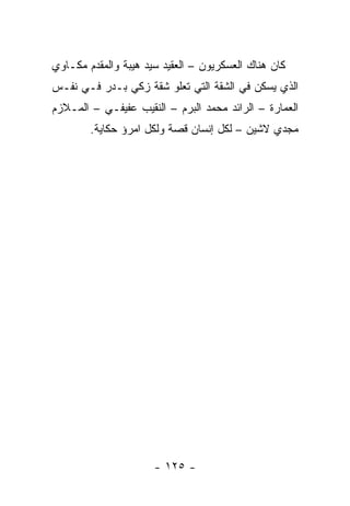 ‫ﻜﺎﻥ ﻫﻨﺎﻙ ﺍﻟﻌﺴﻜﺭﻴﻭﻥ – ﺍﻟﻌﻘﻴﺩ ﺴﻴﺩ ﻫﻴﺒﺔ ﻭﺍﻟﻤﻘﺩﻡ ﻤﻜـﺎﻭﻱ‬
‫ﺍﻟﺫﻱ ﻴﺴﻜﻥ ﻓﻲ ﺍﻟﺸﻘﺔ ﺍﻟﺘﻲ ﺘﻌﻠﻭ ﺸﻘﺔ ﺯﻜﻲ ﺒـﺩﺭ ﻓـﻲ ﻨﻔـﺱ‬
‫ﺍﻟﻌﻤﺎﺭﺓ – ﺍﻟﺭﺍﺌﺩ ﻤﺤﻤﺩ ﺍﻟﺒﺭﻡ – ﺍﻟﻨﻘﻴﺏ ﻋﻔﻴﻔـﻲ – ﺍﻟﻤـﻼﺯﻡ‬
        ‫ﻤﺠﺩﻱ ﻻﺸﻴﻥ – ﻟﻜل ﺇﻨﺴﺎﻥ ﻗﺼﺔ ﻭﻟﻜل ﺍﻤﺭﺅ ﺤﻜﺎﻴﺔ.‬




                      ‫- ٥٢١ -‬
 