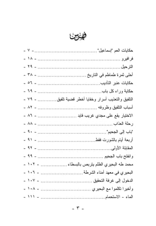‫‪‬‬
‫ﺤﻜﺎﻴﺎﺕ ﺍﻟﻌﻡ "ﺇﺴﻤﺎﻋﻴل" ........................................ - ٧ -‬
‫ﻓﺭﺍﻓﻴﺭﻭ ..................................................... - ٨١ -‬
‫ﺍﻟﺘﺭﺤﻴل ..................................................... - ٩٢ -‬
‫ﺃﺤﻠﻰ ﺜﻤﺭﺓ ﻁﻤﺎﻁﻡ ﻓﻲ ﺍﻟﺘﺎﺭﻴﺦ ............................... - ٨٣ -‬
‫ﺤﻜﺎﻴﺎﺕ ﻋﻨﺒﺭ ﺍﻟﺘﺄﺩﻴﺏ........................................ - ٦٥ -‬
‫ﺤﻜﺎﻴﺔ ﻭﺭﺍﺀ ﻜل ﺒﺎﺏ......................................... - ٩٦ -‬
‫ﺍﻟﺘﻠﻔﻴﻕ ﻭﺍﻟﺘﻌﺫﻴﺏ ﺃﺴﺭﺍﺭ ﻭﺨﻔﺎﻴﺎ ﺃﺨﻁﺭ ﻗﻀﻴﺔ ﺘﻠﻔﻴﻕ ............ - ٩٧ -‬
‫ﺃﺴﺒﺎﺏ ﺍﻟﺘﻠﻔﻴﻕ ﻭﻅﺭﻭﻓﻪ ...................................... - ٢٨ -‬
‫ﺍﻻﺨﺘﻴﺎﺭ ﻴﻘﻊ ﻋﻠﻰ ﻤﺠﺩﻱ ﻏﺭﻴﺏ ﻓﺎﻴﺩ ......................... - ٦٨ -‬
‫ﺭﺤﻠﺔ ﺍﻟﻌﺫﺍﺏ ................................................ - ٨٨ -‬
‫"ﺒﺎﺏ ﺇﻟﻰ ﺍﻟﺠﺤﻴﻡ" ............................................ - ٠٩ -‬
‫ﺃﺭﺒﻌﺔ ﺃﻴﺎﻡ ﺒﺎﻟﺸﻭﺭﺕ ﻓﻘﻁ..................................... - ١٩ -‬
‫ﺍﻟﻤﻘﺎﺒﻠﺔ ﺍﻷﻭﻟﻰ............................................... - ٢٩ -‬
‫ﻭﺍﻨﻔﺘﺢ ﺒﺎﺏ ﺍﻟﺠﺤﻴﻡ .......................................... - ٩٩ -‬
‫ﻤﺤﻤﺩ ﻁﻪ ﺍﻟﺒﺤﻴﺭﻱ ﺍﻟﻅﻠﻡ ﻴﺘﺭﺒﺹ ﺒﺎﻟﺒﺴﻁﺎﺀ ................. - ٢٠١ -‬
‫ﺍﻟﺒﺤﻴﺭﻱ ﻓﻲ ﻤﻌﻬﺩ ﺃﻤﻨﺎﺀ ﺍﻟﺸﺭﻁﺔ ........................... - ٦٠١ -‬
‫ﺍﻟﺩﺨﻭل ﺇﻟﻰ ﻏﺭﻓﺔ ﺍﻟﺘﺤﻘﻴﻕ ................................. - ٧٠١ -‬
‫ﻭﺃﺨﻴ ‪‬ﺍ ﺘﻜﻠﻤﻭﺍ ﻤﻊ ﺍﻟﺒﺤﻴﺭﻱ ................................ - ٨٠١ -‬
                                                            ‫ﺭ‬
‫ﺍﻟﻤﺎﺀ - ﺍﻻﺴﺘﺤﻤﺎﻡ ......................................... - ١١١ -‬

                              ‫-٣-‬
 