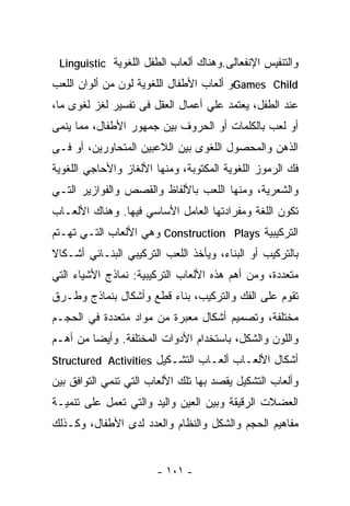 ‫ﻭﺍﻟﺘﻨﻔﻴﺱ ﺍﻹﻨﻔﻌﺎﻟﻰ.ﻭﻫﻨﺎﻙ ﺃﻟﻌﺎﺏ ﺍﻟﻁﻔل ﺍﻟﻠﻐﻭﻴﺔ ‪Linguistic‬‬
‫‪Games Child‬ﻭ ﺃﻟﻌﺎﺏ ﺍﻷﻁﻔﺎل ﺍﻟﻠﻐﻭﻴﺔ ﻟﻭﻥ ﻤﻥ ﺃﻟﻭﺍﻥ ﺍﻟﻠﻌﺏ‬
‫ﻋﻨﺩ ﺍﻟﻁﻔل، ﻴﻌﺘﻤﺩ ﻋﻠﻲ ﺃﻋﻤﺎل ﺍﻟﻌﻘل ﻓﻰ ﺘﻔﺴﻴﺭ ﻟﻐﺯ ﻟﻐﻭﻯ ﻤﺎ،‬
‫ﺃﻭ ﻟﻌﺏ ﺒﺎﻟﻜﻠﻤﺎﺕ ﺃﻭ ﺍﻟﺤﺭﻭﻑ ﺒﻴﻥ ﺠﻤﻬﻭﺭ ﺍﻷﻁﻔﺎل، ﻤﻤﺎ ﻴﻨﻤﻰ‬
‫ﺍﻟﺫﻫﻥ ﻭﺍﻟﻤﺤﺼﻭل ﺍﻟﻠﻐﻭﻯ ﺒﻴﻥ ﺍﻟﻼﻋﺒﻴﻥ ﺍﻟﻤﺘﺤﺎﻭﺭﻴﻥ، ﺃﻭ ﻓـﻰ‬
‫ﻓﻙ ﺍﻟﺭﻤﻭﺯ ﺍﻟﻠﻐﻭﻴﺔ ﺍﻟﻤﻜﺘﻭﺒﺔ، ﻭﻤﻨﻬﺎ ﺍﻷﻟﻐﺎﺯ ﻭﺍﻷﺤﺎﺠﻲ ﺍﻟﻠﻐﻭﻴﺔ‬
‫ﻭﺍﻟﺸﻌﺭﻴﺔ، ﻭﻤﻨﻬﺎ ﺍﻟﻠﻌﺏ ﺒﺎﻷﻟﻔﺎﻅ ﻭﺍﻟﻘﺼﺹ ﻭﺍﻟﻔﻭﺍﺯﻴﺭ ﺍﻟﺘـﻲ‬
‫ﺘﻜﻭﻥ ﺍﻟﻠﻐﺔ ﻭﻤﻔﺭﺍﺩﺘﻬﺎ ﺍﻟﻌﺎﻤل ﺍﻷﺴﺎﺴﻲ ﻓﻴﻬﺎ. ﻭﻫﻨﺎﻙ ﺍﻷﻟﻌـﺎﺏ‬
‫ﺍﻟﺘﺭﻜﻴﺒﻴﺔ ‪ Construction Plays‬ﻭﻫﻲ ﺍﻷﻟﻌﺎﺏ ﺍﻟﺘـﻲ ﺘﻬـﺘﻡ‬
‫ﺒﺎﻟﺘﺭﻜﻴﺏ ﺃﻭ ﺍﻟﺒﻨﺎﺀ، ﻭﻴﺄﺨﺫ ﺍﻟﻠﻌﺏ ﺍﻟﺘﺭﻜﻴﺒﻲ ﺍﻟﺒﻨـﺎﺌﻲ ﺃﺸـﻜﺎﻻ‬
‫ﻤﺘﻌﺩﺩﺓ، ﻭﻤﻥ ﺃﻫﻡ ﻫﺫﻩ ﺍﻷﻟﻌﺎﺏ ﺍﻟﺘﺭﻜﻴﺒﻴﺔ: ﻨﻤﺎﺫﺝ ﺍﻷﺸﻴﺎﺀ ﺍﻟﺘﻲ‬
‫ﺘﻘﻭﻡ ﻋﻠﻰ ﺍﻟﻔﻙ ﻭﺍﻟﺘﺭﻜﻴﺏ، ﺒﻨﺎﺀ ﻗﻁﻊ ﻭﺃﺸﻜﺎل ﺒﻨﻤﺎﺫﺝ ﻭﻁـﺭﻕ‬
‫ﻤﺨﺘﻠﻔﺔ، ﻭﺘﺼﻤﻴﻡ ﺃﺸﻜﺎل ﻤﻌﺒﺭﺓ ﻤﻥ ﻤﻭﺍﺩ ﻤﺘﻌﺩﺩﺓ ﻓﻲ ﺍﻟﺤﺠـﻡ‬
‫ﻭﺍﻟﻠﻭﻥ ﻭﺍﻟﺸﻜل، ﺒﺎﺴﺘﺨﺩﺍﻡ ﺍﻷﺩﻭﺍﺕ ﺍﻟﻤﺨﺘﻠﻔﺔ. ﻭﺃﻴﻀﺎ ﻤﻥ ﺃﻫـﻡ‬
        ‫ﹰ‬
‫ﺃﺸﻜﺎل ﺍﻷﻟﻌـﺎﺏ ﺃﻟﻌـﺎﺏ ﺍﻟﺘﺸـﻜﻴل ‪Structured Activities‬‬
‫ﻭﺃﻟﻌﺎﺏ ﺍﻟﺘﺸﻜﻴل ﻴﻘﺼﺩ ﺒﻬﺎ ﺘﻠﻙ ﺍﻷﻟﻌﺎﺏ ﺍﻟﺘﻲ ﺘﻨﻤﻲ ﺍﻟﺘﻭﺍﻓﻕ ﺒﻴﻥ‬
‫ﺍﻟﻌﻀﻼﺕ ﺍﻟﺭﻗﻴﻘﺔ ﻭﺒﻴﻥ ﺍﻟﻌﻴﻥ ﻭﺍﻟﻴﺩ ﻭﺍﻟﺘﻲ ﺘﻌﻤل ﻋﻠﻰ ﺘﻨﻤﻴـﺔ‬
‫ﻤﻔﺎﻫﻴﻡ ﺍﻟﺤﺠﻡ ﻭﺍﻟﺸﻜل ﻭﺍﻟﻨﻅﺎﻡ ﻭﺍﻟﻌﺩﺩ ﻟﺩﻯ ﺍﻷﻁﻔﺎل، ﻭﻜـﺫﻟﻙ‬


                       ‫- ١٠١ -‬
 