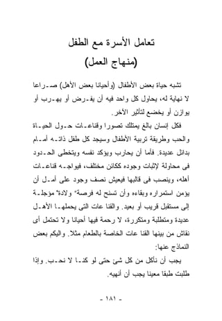 ‫ﺘﻌﺎﻤل ﺍﻷﺴﺭﺓ ﻤﻊ ﺍﻟﻁﻔل‬
                 ‫)ﻤﻨﻬﺎﺝ ﺍﻟﻌﻤل(‬
‫ﺘﺸﺒﻪ ﺤﻴﺎﺓ ﺒﻌﺽ ﺍﻷﻁﻔﺎل )ﻭﺃﺤﻴﺎﻨﺎ ﺒﻌﺽ ﺍﻷﻫل( ﺼـﺭﺍﻋﺎ‬
‫ﻻ ﻨﻬﺎﻴﺔ ﻟﻪ، ﻴﺤﺎﻭل ﻜل ﻭﺍﺤﺩ ﻓﻴﻪ ﺃﻥ ﻴﻔـﺭﺽ ﺃﻭ ﻴﻬـﺭﺏ ﺃﻭ‬
                           ‫ﻴﻭﺍﺯﻥ ﺃﻭ ﻴﺨﻀﻊ ﻟﺘﺄﺜﻴﺭ ﺍﻵﺨﺭ.‬
‫ﻓﻜل ﺇﻨﺴﺎﻥ ﺒﺎﻟﻎ ﻴﻤﺘﻠﻙ ﺘﺼﻭﺭﺍ ﻭﻗﻨﺎﻋـﺎﺕ ﺤـﻭل ﺍﻟﺤﻴـﺎﺓ‬
                      ‫ﹰ‬
‫ﻭﺍﻟﺤﺏ ﻭﻁﺭﻴﻘﺔ ﺘﺭﺒﻴﺔ ﺍﻷﻁﻔﺎل ﻭﺴﻴﺠﺩ ﻜل ﻁﻔل ﺫﺍﺘـﻪ ﺃﻤـﺎﻡ‬
‫ﺒﺩﺍﺌل ﻋﺩﻴﺩﺓ. ﻓﺄﻤﺎ ﺃﻥ ﻴﺤﺎﺭﺏ ﻭﻴﺅﻜﺩ ﻨﻔﺴﻪ ﻭﻴﺘﺨﻁﻰ ﺍﻟﺤـﺩﻭﺩ‬
‫ﻓﻰ ﻤﺤﺎﻭﻟﺔ ﻹﺜﺒﺎﺕ ﻭﺠﻭﺩﻩ ﻜﻜﺎﺌﻥ ﻤﺨﺘﻠﻑ، ﻓﻴﻭﺍﺠـﻪ ﻗﻨﺎﻋـﺎﺕ‬
‫ﺃﻫﻠﻪ، ﻭﻴﻨﺼﺏ ﻓﻰ ﻗﺎﻟﺒﻬﺎ ﻓﻴﻌﻴﺵ ﻨﺼﻑ ﻭﺠﻭﺩ ﻋﻠﻰ ﺃﻤـل ﺃﻥ‬
‫ﻴﺅﻤﻥ ﺍﺴﺘﻤﺭﺍﺭﻩ ﻭﺒﻘﺎﺀﻩ ﻭﺃﻥ ﺘﺴﻨﺢ ﻟﻪ ﻓﺭﺼﺔ” ﻭﻻﺩﺓ" ﻤﺅﺠﻠـﺔ‬
‫ﺇﻟﻰ ﻤﺴﺘﻘﺒل ﻗﺭﻴﺏ ﺃﻭ ﺒﻌﻴﺩ. ﻭﺍﻟﻘﻨﺎ ﻋﺎﺕ ﺍﻟﺘﻰ ﻴﺤﻤﻠﻬـﺎ ﺍﻷﻫـل‬
‫ﻋﺩﻴﺩﺓ ﻭﻤﺘﻁﻠﺒﺔ ﻭﻤﺘﻜﺭﺭﺓ، ﻻ ﺭﺤﻤﺔ ﻓﻴﻬﺎ ﺃﺤﻴﺎﻨﺎ ﻭﻻ ﺘﺤﺘﻤل ﺃﻯ‬
‫ﻨﻘﺎﺵ ﻤﻥ ﺒﻴﻨﻬﺎ ﺍﻟﻘﻨﺎ ﻋﺎﺕ ﺍﻟﺨﺎﺼﺔ ﺒﺎﻟﻁﻌﺎﻡ ﻤﺜﻼ. ﻭﺍﻟﻴﻜﻡ ﺒﻌﺽ‬
            ‫ﹰ‬
                                          ‫ﺍﻟﻨﻤﺎﺫﺝ ﻋﻨﻬﺎ:‬
‫ﻴﺠﺏ ﺃﻥ ﻨﺄﻜل ﻤﻥ ﻜل ﺸﺊ ﺤﺘﻰ ﻟﻭ ﻜﻨـﺎ ﻻ ﻨﺤـﺏ. ﻭﺇﺫﺍ‬
                         ‫ﻁﻠﺒﺕ ﻁﺒﻘﺎ ﻤﻌﻴﻨﺎ ﻴﺠﺏ ﺃﻥ ﺃﻨﻬﻴﻪ.‬
                                       ‫ﹰ‬     ‫ﹰ‬


                       ‫- ١٨١ -‬
 