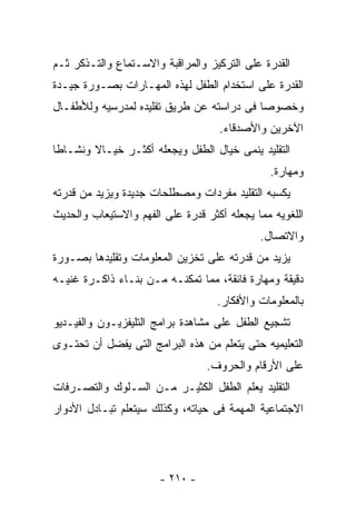 ‫ﺍﻟﻘﺩﺭﺓ ﻋﻠﻰ ﺍﻟﺘﺭﻜﻴﺯ ﻭﺍﻟﻤﺭﺍﻗﺒﺔ ﻭﺍﻻﺴـﺘﻤﺎﻉ ﻭﺍﻟﺘـﺫﻜﺭ ﺜـﻡ‬
‫ﺍﻟﻘﺩﺭﺓ ﻋﻠﻰ ﺍﺴﺘﺨﺩﺍﻡ ﺍﻟﻁﻔل ﻟﻬﺫﻩ ﺍﻟﻤﻬـﺎﺭﺍﺕ ﺒﺼـﻭﺭﺓ ﺠﻴـﺩﺓ‬
‫ﻭﺨﺼﻭﺼﺎ ﻓﻰ ﺩﺭﺍﺴﺘﻪ ﻋﻥ ﻁﺭﻴﻕ ﺘﻘﻠﻴﺩﻩ ﻟﻤﺩﺭﺴﻴﻪ ﻭﻟﻸﻁﻔـﺎل‬
                                    ‫ﺍﻵﺨﺭﻴﻥ ﻭﺍﻷﺼﺩﻗﺎﺀ.‬
‫ﺍﻟﺘﻘﻠﻴﺩ ﻴﻨﻤﻰ ﺨﻴﺎل ﺍﻟﻁﻔل ﻭﻴﺠﻌﻠﻪ ﺃﻜﺜـﺭ ﺨﻴـﺎﻻ ﻭﻨﺸـﺎﻁﺎ‬
                                               ‫ﻭﻤﻬﺎﺭﺓ.‬
‫ﻴﻜﺴﺒﻪ ﺍﻟﺘﻘﻠﻴﺩ ﻤﻔﺭﺩﺍﺕ ﻭﻤﺼﻁﻠﺤﺎﺕ ﺠﺩﻴﺩﺓ ﻭﻴﺯﻴﺩ ﻤﻥ ﻗﺩﺭﺘﻪ‬
‫ﺍﻟﻠﻐﻭﻴﻪ ﻤﻤﺎ ﻴﺠﻌﻠﻪ ﺃﻜﺜﺭ ﻗﺩﺭﺓ ﻋﻠﻰ ﺍﻟﻔﻬﻡ ﻭﺍﻻﺴﺘﻴﻌﺎﺏ ﻭﺍﻟﺤﺩﻴﺙ‬
                                             ‫ﻭﺍﻻﺘﺼﺎل.‬
‫ﻴﺯﻴﺩ ﻤﻥ ﻗﺩﺭﺘﻪ ﻋﻠﻰ ﺘﺨﺯﻴﻥ ﺍﻟﻤﻌﻠﻭﻤﺎﺕ ﻭﺘﻘﻠﻴﺩﻫﺎ ﺒﺼـﻭﺭﺓ‬
‫ﺩﻗﻴﻘﺔ ﻭﻤﻬﺎﺭﺓ ﻓﺎﺌﻘﺔ، ﻤﻤﺎ ﺘﻤﻜﻨـﻪ ﻤـﻥ ﺒﻨـﺎﺀ ﺫﺍﻜـﺭﺓ ﻏﻨﻴـﻪ‬
                                    ‫ﺒﺎﻟﻤﻌﻠﻭﻤﺎﺕ ﻭﺍﻷﻓﻜﺎﺭ.‬
‫ﺘﺸﺠﻴﻊ ﺍﻟﻁﻔل ﻋﻠﻰ ﻤﺸﺎﻫﺩﺓ ﺒﺭﺍﻤﺞ ﺍﻟﺘﻠﻴﻔﺯﻴـﻭﻥ ﻭﺍﻟﻔﻴـﺩﻴﻭ‬
‫ﺍﻟﺘﻌﻠﻴﻤﻴﻪ ﺤﺘﻰ ﻴﺘﻌﻠﻡ ﻤﻥ ﻫﺫﻩ ﺍﻟﺒﺭﺍﻤﺞ ﺍﻟﺘﻰ ﻴﻔﻀل ﺃﻥ ﺘﺤﺘـﻭﻯ‬
                                 ‫ﻋﻠﻰ ﺍﻷﺭﻗﺎﻡ ﻭﺍﻟﺤﺭﻭﻑ.‬
‫ﺍﻟﺘﻘﻠﻴﺩ ﻴﻌﻠﻡ ﺍﻟﻁﻔل ﺍﻟﻜﺜﻴـﺭ ﻤـﻥ ﺍﻟﺴـﻠﻭﻙ ﻭﺍﻟﺘﺼـﺭﻓﺎﺕ‬
‫ﺍﻻﺠﺘﻤﺎﻋﻴﺔ ﺍﻟﻤﻬﻤﺔ ﻓﻰ ﺤﻴﺎﺘﻪ، ﻭﻜﺫﻟﻙ ﺴﻴﺘﻌﻠﻡ ﺘﺒـﺎﺩل ﺍﻷﺩﻭﺍﺭ‬




                       ‫- ٠١٢ -‬
 