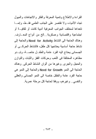 ‫ﺍﻟﻘﺭﺍﺀﺓ ﻭﺍﻻﻁﻼﻉ ﻭﺘﻨﻤﻴﺔ ﺍﻟﻤﻌﺭﻓﺔ ﻭﺍﻟﻔﻜﺭ ﻭﺍﻻﺘﺠﺎﻫﺎﺕ ﻭﺍﻟﻤﻴﻭل‬
‫ﺘﺠﺎﻩ ﺍﻷﺸﻴﺎﺀ، ﻭﻻ ﺘﻘﺘﺼﺭ ﻋﻠﻰ ﺍﻟﺠﺎﻨﺏ ﺍﻟﻌﻠﻤﻲ ﻓﻘـﻁ، ﻭﺇﻨﻤـﺎ‬
‫ﺘﺘﻌﺩﺍﻫﺎ ﻟﻤﺨﺘﻠﻑ ﺍﻟﺠﻭﺍﻨﺏ ﺍﻟﻤﻌﺭﻓﻴﺔ ﺃﺩﺒﻴﺔ ﻜﺎﻨﺕ ﺃﻭ ﺜﻘﺎﻓﻴـﺔ ﺃﻭ‬
‫ﺍﺠﺘﻤﺎﻋﻴﺔ ﻭﺍﻗﺘﺼﺎﺩﻴﺔ ﻭﻋﺴﻜﺭﻴﺔ...ﺍﻟﺦ ﻤﻥ ﺃﻨﻭﺍﻉ ﺍﻟﻤﻌـﺎﺭﻑ.‬
‫ﻭﻫﻨﺎﻙ ﺍﻟﺤﺎﺠﺔ ﺍﻟﻰ ﺍﻟﻨﺸﺎﻁ ‪ Need for Activity‬ﻭﺍﻟﺤﺎﺠﺔ ﺇﻟﻰ‬
‫ﻨﺸﺎﻁ ﺤﺎﺠﺔ ﺃﺴﺎﺴﻴﺔ ﻴﺤﺘﺎﺠﻬﺎ ﻜل ﻁﻔل، ﻓﺎﻟﻨﺸﺎﻁ ﺍﻟﺤﺭﻜـﻰ ﺃﻭ‬
‫ﺍﻟﺠﺴﻤﺎﻨﻰ ﻴﺤﺘﺎﺝ ﺍﻟﻴﻪ ﺍﻟﻔﺭﺩ ﻋﺎﻤﺔ ﻭﺍﻟﻁﻔـل ﺨﺎﺼـﺔ، ﻭﺘﺒـﺩﻭ‬
‫ﻤﻅﺎﻫﺭﻩ ﺍﻟﻤﺨﺘﻠﻔﺔ ﻓﻰ ﺍﻟﻠﻌﺏ ﻭﺤﺭﻜﺎﺕ ﺍﻟﻘﻔﺯ ﻭﺍﻟﺜﺒﺎﺕ ﻭﺍﻟﺘﻭﺍﺯﻥ‬
‫ﻭﺍﻟﺤﺠل ﻭﺍﻟﺠﺭﻯ..ﻭﻏﻴﺭﻫﺎ ﻤﻥ ﺃﻟﻭﺍﻥ ﺍﻟﻨﺸﺎﻁ ﺍﻟﺤﺭﻜﻰ. ﻭﻫﻨﺎﻙ‬
‫ﺍﻟﺤﺎﺠﺔ ﺍﻟﻰ ﺍﻟﻨﻤﻭ ‪ Need for Growth‬ﻭﺍﻟﺤﺎﺠﺔ ﺇﻟﻰ ﺍﻟﻨﻤﻭ ﻫﻲ‬
‫ﺤﺎﺠﺔ ﺍﻟﻔﺭﺩ ﻋﺎﻤﺔ ﻭﺍﻟﻁﻔل ﺨﺎﺼﺔ ﺍﻟﻰ ﺍﻟﻨﻤﻭ ﺍﻟﺠﺴﺎﻨﻰ ﻭﺍﻟﻌﻘﻠﻰ‬
       ‫ﻭﺍﻟﻨﻔﺴﻲ.. ﻭﻏﻴﺭﻫﻡ، ﻭﻭﻓﻘﺎ ﻟﺤﺎﺠﺔ ﻜل ﻤﺭﺤﻠﺔ ﻋﻤﺭﻴﺔ.‬
                             ‫ﹰ‬




                       ‫- ٣٥٢ -‬
 