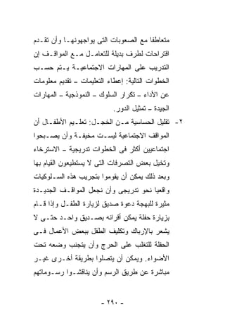 ‫ﻤﺘﻌﺎﻁﻔﺎ ﻤﻊ ﺍﻟﺼﻌﻭﺒﺎﺕ ﺍﻟﺘﻰ ﻴﻭﺍﺠﻬﻭﻨﻬـﺎ ﻭﺃﻥ ﺘﻘـﺩﻡ‬
‫ﺍﻗﺘﺭﺍﺤﺎﺕ ﻟﻁﺭﻑ ﺒﺩﻴﻠﺔ ﻟﻠﺘﻌﺎﻤـل ﻤـﻊ ﺍﻟﻤﻭﺍﻗـﻑ ﺇﻥ‬
‫ﺍﻟﺘﺩﺭﻴﺏ ﻋﻠﻰ ﺍﻟﻤﻬﺎﺭﺍﺕ ﺍﻻﺠﺘﻤﺎﻋﻴـﺔ ﻴـﺘﻡ ﺤﺴـﺏ‬
‫ﺍﻟﺨﻁﻭﺍﺕ ﺍﻟﺘﺎﻟﻴﺔ: ﺇﻋﻁﺎﺀ ﺍﻟﺘﻌﻠﻴﻤﺎﺕ – ﺘﻘﺩﻴﻡ ﻤﻌﻠﻭﻤﺎﺕ‬
‫ﻋﻥ ﺍﻷﺩﺍﺀ – ﺘﻜﺭﺍﺭ ﺍﻟﺴﻠﻭﻙ – ﺍﻟﻨﻤﻭﺫﺠﻴﺔ – ﺍﻟﻤﻬﺎﺭﺍﺕ‬
                            ‫ﺍﻟﺠﻴﺩﺓ – ﺘﻤﺜﻴل ﺍﻟﺩﻭﺭ.‬
‫٢- ﺘﻘﻠﻴل ﺍﻟﺤﺴﺎﺴﻴﺔ ﻤـﻥ ﺍﻟﺨﺠـل: ﺘﻌﻠـﻴﻡ ﺍﻷﻁﻔـﺎل ﺃﻥ‬
‫ﺍﻟﻤﻭﺍﻗﻑ ﺍﻻﺠﺘﻤﺎﻋﻴﺔ ﻟﻴﺴـﺕ ﻤﺨﻴﻔـﺔ ﻭﺃﻥ ﻴﺼـﺒﺤﻭﺍ‬
‫ﺍﺠﺘﻤﺎﻋﻴﻴﻥ ﺃﻜﺜﺭ ﻓﻰ ﺍﻟﺨﻁﻭﺍﺕ ﺘﺩﺭﻴﺠﻴﺔ – ﺍﻻﺴﺘﺭﺨﺎﺀ‬
‫ﻭﺘﺨﻴل ﺒﻌﺽ ﺍﻟﺘﺼﺭﻓﺎﺕ ﺍﻟﺘﻰ ﻻ ﻴﺴﺘﻁﻴﻌﻭﻥ ﺍﻟﻘﻴﺎﻡ ﺒﻬﺎ‬
‫ﻭﺒﻌﺩ ﺫﻟﻙ ﻴﻤﻜﻥ ﺃﻥ ﻴﻘﻭﻤﻭﺍ ﺒﺘﺠﺭﻴﺏ ﻫﺫﻩ ﺍﻟﺴـﻠﻭﻜﻴﺎﺕ‬
‫ﻭﺍﻗﻌﻴﺎ ﻨﺤﻭ ﺘﺩﺭﻴﺠﻰ ﻭﺃﻥ ﻨﺠﻌل ﺍﻟﻤﻭﺍﻗـﻑ ﺍﻟﺠﺩﻴـﺩﺓ‬
‫ﻤﺜﻴﺭﺓ ﻟﻠﺒﻬﺠﺔ ﺩﻋﻭﺓ ﺼﺩﻴﻕ ﻟﺯﻴﺎﺭﺓ ﺍﻟﻁﻔـل ﻭﺇﺫﺍ ﻗـﺎﻡ‬
‫ﺒﺯﻴﺎﺭﺓ ﺤﻔﻠﺔ ﻴﻤﻜﻥ ﺃﻗﺭﺍﻨﻪ ﺒﺼـﺩﻴﻕ ﻭﺍﺤـﺩ ﺤﺘـﻰ ﻻ‬
‫ﻴﺸﻌﺭ ﺒﺎﻹﺭﺒﺎﻙ ﻭﺘﻜﻠﻴﻑ ﺍﻟﻁﻔل ﺒﺒﻌﺽ ﺍﻷﻋﻤﺎل ﻓـﻰ‬
‫ﺍﻟﺤﻔﻠﺔ ﻟﻠﺘﻐﻠﺏ ﻋﻠﻰ ﺍﻟﺤﺭﺝ ﻭﺃﻥ ﻴﺘﺠﻨﺏ ﻭﻀﻌﻪ ﺘﺤﺕ‬
‫ﺍﻷﻀﻭﺍﺀ. ﻭﻴﻤﻜﻥ ﺃﻥ ﻴﺘﺼﻠﻭﺍ ﺒﻁﺭﻴﻘﺔ ﺃﺨـﺭﻯ ﻏﻴـﺭ‬
‫ﻤﺒﺎﺸﺭﺓ ﻋﻥ ﻁﺭﻴﻕ ﺍﻟﺭﺴﻡ ﻭﺃﻥ ﻴﻨﺎﻗﺸـﻭﺍ ﺭﺴـﻭﻤﺎﺘﻬﻡ‬


                       ‫- ٠٩٢ -‬
 