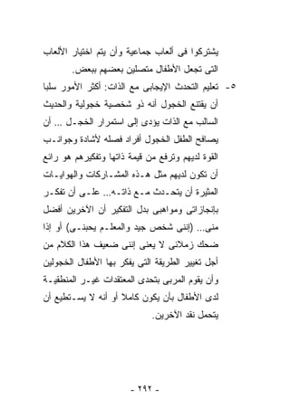 ‫ﻴﺸﺘﺭﻜﻭﺍ ﻓﻰ ﺃﻟﻌﺎﺏ ﺠﻤﺎﻋﻴﺔ ﻭﺃﻥ ﻴﺘﻡ ﺍﺨﺘﻴﺎﺭ ﺍﻷﻟﻌﺎﺏ‬
       ‫ﺍﻟﺘﻰ ﺘﺠﻌل ﺍﻷﻁﻔﺎل ﻤﺘﺼﻠﻴﻥ ﺒﻌﻀﻬﻡ ﺒﺒﻌﺽ.‬
‫٥- ﺘﻌﻠﻴﻡ ﺍﻟﺘﺤﺩﺙ ﺍﻹﻴﺠﺎﺒﻰ ﻤﻊ ﺍﻟﺫﺍﺕ: ﺃﻜﺜﺭ ﺍﻷﻤﻭﺭ ﺴﻠﺒﺎ‬
‫ﺃﻥ ﻴﻘﺘﻨﻊ ﺍﻟﺨﺠﻭل ﺃﻨﻪ ﺫﻭ ﺸﺨﺼﻴﺔ ﺨﺠﻭﻟﻴﺔ ﻭﺍﻟﺤﺩﻴﺙ‬
‫ﺍﻟﺴﺎﻟﺏ ﻤﻊ ﺍﻟﺫﺍﺕ ﻴﺅﺩﻯ ﺇﻟﻰ ﺍﺴﺘﻤﺭﺍﺭ ﺍﻟﺨﺠـل … ﺃﻥ‬
‫ﻴﺼﺎﻓﺢ ﺍﻟﻁﻔل ﺍﻟﺨﺠﻭل ﺃﻓﺭﺍﺩ ﻓﺼﻠﻪ ﻷﺸﺎﺩﺓ ﻭﺠﻭﺍﻨـﺏ‬
‫ﺍﻟﻘﻭﺓ ﻟﺩﻴﻬﻡ ﻭﺘﺭﻓﻊ ﻤﻥ ﻗﻴﻤﺔ ﺫﺍﺘﻬﺎ ﻭﺘﻔﻜﻴﺭﻫﻡ ﻫﻭ ﺭﺍﺌﻊ‬
‫ﺃﻥ ﺘﻜﻭﻥ ﻟﺩﻴﻬﻡ ﻤﺜل ﻫـﺫﻩ ﺍﻟﻤﺸـﺎﺭﻜﺎﺕ ﻭﺍﻟﻬﻭﺍﻴـﺎﺕ‬
‫ﺍﻟﻤﺜﻴﺭﺓ ﺃﻥ ﻴﺘﺤـﺩﺙ ﻤـﻊ ﺫﺍﺘـﻪ… ﻋﻠـﻰ ﺃﻥ ﺘﻔﻜـﺭ‬
‫ﺒﺈﻨﺠﺎﺯﺍﺘﻰ ﻭﻤﻭﺍﻫﺒﻰ ﺒﺩل ﺍﻟﺘﻔﻜﻴﺭ ﺃﻥ ﺍﻵﺨﺭﻴﻥ ﺃﻓﻀل‬
‫ﻤﻨﻰ… )ﺇﻨﻨﻰ ﺸﺨﺹ ﺠﻴﺩ ﻭﺍﻟﻤﻌﻠـﻡ ﻴﺤﺒﻨـﻰ( ﺃﻭ ﺇﺫﺍ‬
‫ﻀﺤﻙ ﺯﻤﻼﺌﻰ ﻻ ﻴﻌﻨﻰ ﺇﻨﻨﻰ ﻀﻌﻴﻑ ﻫﺫﺍ ﺍﻟﻜﻼﻡ ﻤﻥ‬
‫ﺃﺠل ﺘﻐﻴﻴﺭ ﺍﻟﻁﺭﻴﻘﺔ ﺍﻟﺘﻰ ﻴﻔﻜﺭ ﺒﻬﺎ ﺍﻷﻁﻔﺎل ﺍﻟﺨﺠﻭﻟﻴﻥ‬
‫ﻭﺃﻥ ﻴﻘﻭﻡ ﺍﻟﻤﺭﺒﻰ ﺒﺘﺤﺩﻯ ﺍﻟﻤﻌﺘﻘﺩﺍﺕ ﻏﻴـﺭ ﺍﻟﻤﻨﻁﻘﻴـﺔ‬
‫ﻟﺩﻯ ﺍﻷﻁﻔﺎل ﺒﺄﻥ ﻴﻜﻭﻥ ﻜﺎﻤﻼ ﺃﻭ ﺃﻨﻪ ﻻ ﻴﺴـﺘﻁﻴﻊ ﺃﻥ‬
                             ‫ﻴﺘﺤﻤل ﻨﻘﺩ ﺍﻵﺨﺭﻴﻥ.‬




                       ‫- ٢٩٢ -‬
 