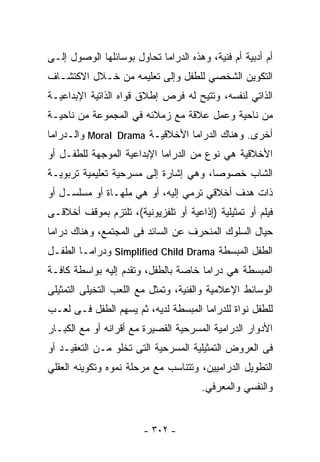 ‫ﺃﻡ ﺃﺩﺒﻴﺔ ﺃﻡ ﻓﻨﻴﺔ، ﻭﻫﺫﻩ ﺍﻟﺩﺭﺍﻤﺎ ﺘﺤﺎﻭل ﺒﻭﺴﺎﺌﻠﻬﺎ ﺍﻟﻭﺼﻭل ﺇﻟـﻰ‬
‫ﺍﻟﺘﻜﻭﻴﻥ ﺍﻟﺸﺨﺼﻲ ﻟﻠﻁﻔل ﻭﺇﻟﻰ ﺘﻌﻠﻴﻤﻪ ﻤﻥ ﺨـﻼل ﺍﻻﻜﺘﺸـﺎﻑ‬
‫ﺍﻟﺫﺍﺘﻲ ﻟﻨﻔﺴﻪ، ﻭﺘﺘﻴﺢ ﻟﻪ ﻓﺭﺹ ﺇﻁﻼﻕ ﻗﻭﺍﻩ ﺍﻟﺫﺍﺘﻴﺔ ﺍﻹﺒﺩﺍﻋﻴـﺔ‬
‫ﻤﻥ ﻨﺎﺤﻴﺔ ﻭﻋﻤل ﻋﻼﻗﺔ ﻤﻊ ﺯﻤﻼﺌﻪ ﻓﻲ ﺍﻟﻤﺠﻤﻭﻋﺔ ﻤﻥ ﻨﺎﺤﻴـﺔ‬
‫ﺃﺨﺭﻯ. ﻭﻫﻨﺎﻙ ﺍﻟﺩﺭﺍﻤﺎ ﺍﻷﺨﻼﻗﻴـﺔ ‪ Moral Drama‬ﻭﺍﻟـﺩﺭﺍﻤﺎ‬
‫ﺍﻷﺨﻼﻗﻴﺔ ﻫﻲ ﻨﻭﻉ ﻤﻥ ﺍﻟﺩﺭﺍﻤﺎ ﺍﻹﺒﺩﺍﻋﻴﺔ ﺍﻟﻤﻭﺠﻬﺔ ﻟﻠﻁﻔـل ﺃﻭ‬
‫ﺍﻟﺸﺎﺏ ﺨﺼﻭﺼﺎ، ﻭﻫﻲ ﺇﺸﺎﺭﺓ ﺇﻟﻰ ﻤﺴﺭﺤﻴﺔ ﺘﻌﻠﻴﻤﻴﺔ ﺘﺭﺒﻭﻴـﺔ‬
                                      ‫ﹰ‬
‫ﺫﺍﺕ ﻫﺩﻑ ﺃﺨﻼﻗﻲ ﺘﺭﻤﻲ ﺇﻟﻴﻪ، ﺃﻭ ﻫﻲ ﻤﻠﻬـﺎﺓ ﺃﻭ ﻤﺴﻠﺴـل ﺃﻭ‬
‫ﻓﻴﻠﻡ ﺃﻭ ﺘﻤﺜﻴﻠﻴﺔ )ﺇﺫﺍﻋﻴﺔ ﺃﻭ ﺘﻠﻔﺯﻴﻭﻨﻴﺔ(، ﺘﻠﺘﺯﻡ ﺒﻤﻭﻗﻑ ﺃﺨﻼﻗـﻰ‬
‫ﺤﻴﺎل ﺍﻟﺴﻠﻭﻙ ﺍﻟﻤﻨﺤﺭﻑ ﻋﻥ ﺍﻟﺴﺎﺌﺩ ﻓﻰ ﺍﻟﻤﺠﺘﻤﻊ، ﻭﻫﻨﺎﻙ ﺩﺭﺍﻤﺎ‬
‫ﺍﻟﻁﻔل ﺍﻟﻤﺒﺴﻁﺔ ‪ Simplified Child Drama‬ﻭﺩﺭﺍﻤـﺎ ﺍﻟﻁﻔـل‬
‫ﺍﻟ ‪‬ﺒﺴﻁﺔ ﻫﻲ ﺩﺭﺍﻤﺎ ﺨﺎﺼﺔ ﺒﺎﻟﻁﻔل، ﻭﺘﻘﺩﻡ ﺇﻟﻴﻪ ﺒﻭﺍﺴﻁﺔ ﻜﺎﻓـﺔ‬
                                                  ‫ﻤ‬
‫ﺍﻟﻭﺴﺎﺌﻁ ﺍﻹﻋﻼﻤﻴﺔ ﻭﺍﻟﻔﻨﻴﺔ، ﻭﺘﻤﺜل ﻤﻊ ﺍﻟﻠﻌﺏ ﺍﻟﺘﺨﻴﻠﻰ ﺍﻟﺘﻤﺜﻴﻠﻰ‬
‫ﻟﻠﻁﻔل ﻨﻭﺍﺓ ﻟﻠﺩﺭﺍﻤﺎ ﺍﻟﻤﺒﺴﻁﺔ ﻟﺩﻴﻪ، ﺜﻡ ﻴﺴﻬﻡ ﺍﻟﻁﻔل ﻓـﻰ ﻟﻌـﺏ‬
‫ﺍﻷﺩﻭﺍﺭ ﺍﻟﺩﺭﺍﻤﻴﺔ ﺍﻟﻤﺴﺭﺤﻴﺔ ﺍﻟﻘﺼﻴﺭﺓ ﻤﻊ ﺃﻗﺭﺍﻨﻪ ﺃﻭ ﻤﻊ ﺍﻟﻜﺒـﺎﺭ‬
‫ﻓﻰ ﺍﻟﻌﺭﻭﺽ ﺍﻟﺘﻤﺜﻴﻠﻴﺔ ﺍﻟﻤﺴﺭﺤﻴﺔ ﺍﻟﺘﻰ ﺘﺨﻠﻭ ﻤـﻥ ﺍﻟﺘﻌﻘﻴـﺩ ﺃﻭ‬
‫ﺍﻟﺘﻁﻭﻴل ﺍﻟﺩﺭﺍﻤﻴﻴﻥ، ﻭﺘﺘﻨﺎﺴﺏ ﻤﻊ ﻤﺭﺤﻠﺔ ﻨﻤﻭﻩ ﻭﺘﻜﻭﻴﻨﻪ ﺍﻟﻌﻘﻠﻲ‬
                                      ‫ﻭﺍﻟﻨﻔﺴﻲ ﻭﺍﻟﻤﻌﺭﻓﻲ.‬


                        ‫- ٢٠٣ -‬
 