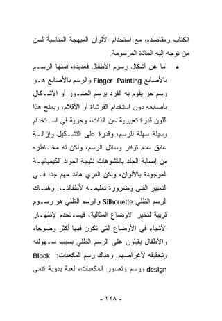 ‫ﺍﻟﻜﺘﺎﺏ ﻭﻤﻘﺎﺼﺩﻩ، ﻤﻊ ﺍﺴﺘﺨﺩﺍﻡ ﺍﻷﻟﻭﺍﻥ ﺍﻟﻤﺒﻬﺠﺔ ﺍﻟﻤﻨﺎﺴﺒﺔ ﻟﺴﻥ‬
                            ‫ﻤﻥ ﺘﻭﺠﻪ ﺇﻟﻴﻪ ﺍﻟﻤﺎﺩﺓ ﺍﻟﻤﺭﺴﻭﻤﺔ.‬
‫ﺃﻤﺎ ﻋﻥ ﺃﺸﻜﺎل ﺭﺴﻭﻡ ﺍﻷﻁﻔﺎل ﻓﻌﺩﻴﺩﺓ، ﻓﻤﻨﻬﺎ ﺍﻟﺭﺴـﻡ‬       ‫•‬
‫ﺒﺎﻷﺼﺎﺒﻊ ‪ Finger Painting‬ﻭﺍﻟﺭﺴﻡ ﺒﺎﻷﺼﺎﺒﻊ ﻫـﻭ‬
‫ﺭﺴﻡ ﺤﺭ ﻴﻘﻭﻡ ﺒﻪ ﺍﻟﻔﺭﺩ ﺒﺭﺴﻡ ﺍﻟﺼـﻭﺭ ﺃﻭ ﺍﻷﺸـﻜﺎل‬
‫ﺒﺄﺼﺎﺒﻌﻪ ﺩﻭﻥ ﺍﺴﺘﺨﺩﺍﻡ ﺍﻟﻔﺭﺸﺎﺓ ﺃﻭ ﺍﻷﻗﻼﻡ، ﻭﻴﻤﻨﺢ ﻫﺫﺍ‬
‫ﺍﻟﻠﻭﻥ ﻗﺩﺭﺓ ﺘﻌﺒﻴﺭﻴﺔ ﻋﻥ ﺍﻟﺫﺍﺕ، ﻭﺤﺭﻴﺔ ﻓﻲ ﺍﺴـﺘﺨﺩﺍﻡ‬
‫ﻭﺴﻴﻠﺔ ﺴﻬﻠﺔ ﻟﻠﺭﺴﻡ، ﻭﻗﺩﺭﺓ ﻋﻠﻰ ﺍﻟﺘﺸـﻜﻴل ﻭﺇﺯﺍﻟـﺔ‬
‫ﻋﺎﺌﻕ ﻋﺩﻡ ﺘﻭﺍﻓﺭ ﻭﺴﺎﺌل ﺍﻟﺭﺴﻡ، ﻭﻟﻜﻥ ﻟﻪ ﻤﺨـﺎﻁﺭﻩ‬
‫ﻤﻥ ﺇﺼﺎﺒﺔ ﺍﻟﺠﻠﺩ ﺒﺎﻟﺘﺸﻭﻫﺎﺕ ﻨﺘﻴﺠﺔ ﺍﻟﻤﻭﺍﺩ ﺍﻟﻜﻴﻤﻴﺎﺌﻴـﺔ‬
‫ﺍﻟﻤﻭﺠﻭﺩﺓ ﺒﺎﻷﻟﻭﺍﻥ، ﻭﻟﻜﻥ ﺍﻟﻔﺭﻱ ﻫﺎﻨﺩ ﻤﻬﻡ ﺠﺩﺍ ﻓـﻲ‬
‫ﺍﻟﺘﻌﺒﻴﺭ ﺍﻟﻔﻨﻰ ﻭﻀﺭﻭﺭﺓ ﺘﻌﻠﻴﻤـﻪ ﻷﻁﻔﺎﻟﻨـﺎ. ﻭﻫﻨـﺎﻙ‬
‫ﺍﻟﺭﺴﻡ ﺍﻟﻅﻠﻲ ‪ Silhouette‬ﻭﺍﻟﺭﺴﻡ ﺍﻟﻅﻠﻲ ﻫﻭ ﺭﺴـﻭﻡ‬
‫ﻗﺭﻴﺒﺔ ﻟﺘﺨﻴﺭ ﺍﻷﻭﻀﺎﻉ ﺍﻟﻤﺜﺎﻟﻴﺔ، ﻓﻴﺴـﺘﺨﺩﻡ ﻹﻅﻬـﺎﺭ‬
‫ﺍﻷﺸﻴﺎﺀ ﻓﻲ ﺍﻷﻭﻀﺎﻉ ﺍﻟﺘﻲ ﺘﻜﻭﻥ ﻓﻴﻬﺎ ﺃﻜﺜﺭ ﻭﻀﻭﺤﺎ،‬
 ‫ﹰ‬
‫ﻭﺍﻷﻁﻔﺎل ﻴﻘﺒﻠﻭﻥ ﻋﻠﻰ ﺍﻟﺭﺴﻡ ﺍﻟﻅﻠﻲ ﺒﺴﺒﺏ ﺴـﻬﻭﻟﺘﻪ‬
‫ﻭﺘﺤﻘﻴﻘﻪ ﻷﻏﺭﺍﻀﻬﻡ. ﻭﻫﻨﺎﻙ ﺭﺴﻡ ﺍﻟﻤﻜﻌﺒﺎﺕ: ‪Block‬‬
‫‪ design‬ﻭﺭﺴﻡ ﻭﺘﺼﻭﺭ ﺍﻟﻤﻜﻌﺒﺎﺕ، ﻟﻌﺒﺔ ﻴﺩﻭﻴﺔ ﺘﻨﻤﻰ‬


                        ‫- ٨٢٣ -‬
 