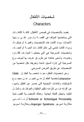 ‫ﺸﺨﺼﻴﺎﺕ ﺍﻷﻁﻔﺎل‬
                   ‫‪Characters‬‬

‫ﻴﻘﺼﺩ ﺒﺎﻟﺸﺨﺼﻴﺎﺕ ﻓﻲ ﻗﺼﺹ ﺍﻷﻁﻔﺎل: ﻜﺎﻓـﺔ ﺍﻟﻜﺎﺌﻨـﺎﺕ‬
‫ﺍﻟﺘﻲ ﻴﺴﺘﺨﺩﻤﻬﺎ ﺍﻟﻤﺅﻟﻑ ﻓﻲ ﺍﻟﻘﺼـﺔ ﻭﺘـﺩﻭﺭ ﻋﻠـﻰ ﻴـﺩﻴﻬﺎ‬
‫ﺍﻷﺤﺩﺍﺙ، ﺴﻭﺍﺀ ﺃﻜﺎﻨﺕ ﻫﺫﻩ ﺍﻟﺸﺨﺼﻴﺎﺕ ﻭﺍﻗﻌﻴـﺔ ﺃﻡ ﺨﻴﺎﻟﻴـﺔ،‬
‫ﻭﺴﻭﺍﺀ ﺃﻜﺎﻨﺕ ﺘﻨﺘﻤﻲ ﺇﻟﻰ ﻋﺎﻟﻡ ﺍﻟﻜﺎﺌﻨـﺎﺕ ﺍﻟﺤﻴـﺔ ﺃﻡ ﺍﻟﺠﻤـﺎﺩ،‬
‫ﻭﺸﺨﺼﻴﺎﺕ ﺍﻟﻤﺴﺭﺤﻴﺔ ﻫﻲ ﺍﻟﺘﻲ ﻴﺤﻤﻠﻬـﺎ ﺍﻟﻤﺅﻟـﻑ ﺃﻓﻜـﺎﺭﻩ‬
‫ﻭﻫﻤﻭﻤﻪ، ﻭﺘﺴﻌﻰ ﺠﺎﻫﺩﺓ ﻋﻥ ﻁﺭﻴـﻕ ﻋﺭﻀـﻬﺎ ﻟﻤﻭﻀـﻭﻉ‬
‫ﺍﻟﻤﺴﺭﺤﻴﺔ ﺇﻟﻰ ﺇﻨﺎﺭﺓ ﺍﻟﺴﺒﻴل ﺃﻤﺎﻤﻨﺎ ﻭﺘﻌﺭﻴﻔﻨﺎ ﺒﻜل ﺸﺨﺼﻴﺔ ﻤﻥ‬
                ‫ﺍﻟﺸﺨﺼﻴﺎﺕ ﻋﻥ ﻁﺭﻴﻕ ﺍﻟﻌﺭﺽ ﺍﻟﻤﺴﺭﺤﻲ.‬
‫ﻭﻋﻥ ﺸﺨﺼﻴﺎﺕ ﺍﻟﻁﻔل، ﻨﺠـﺩ ﺸﺨﺼـﻴﺔ ﺍﻟﻁﻔـل ‪Child‬‬
‫‪character‬ﻭﺸﺨﺼﻴﺔ ﺍﻟﻁﻔـل ﻫـﻲ ﺘﻌﺒﻴـﺭ ﻋـﻥ ﻤﺠﻤـﻭﻉ‬
‫ﺍﻟﺴﻠﻭﻜﻴﺎﺕ ﻭﺍﻟﻌﺎﺩﺍﺕ ﺍﻻﻴﺠﺎﺒﻴﺔ ﺍﻟﺘﻰ ﺘﺼﺩﺭ ﻋﻥ ﺍﻟﻁﻔل ﻭﺘﻤﻴﺯﻩ‬
‫ﻋﻥ ﺃﻗﺭﺍﻨﻪ ﻑ-ﻯ ﺇﻟﺘﺯﺍﻤﻪ ﺒﺎﻟﻘﻴﻡ ﺍﻟﺨﻠﻘﻴﺔ ﻭﺍﻟﻌﻭﺍﻁـﻑ ﻭﺍﻟﻤﺜـل‬
‫ﺍﻟﻌﻠﻴﺎ، ﻭﺘﺠﻌل ﺃﻓﻌﺎﻟﻪ ﺍﻴﺠﺎﺒﻴﺔ. ﻭﻫﻨﺎﻙ ﺍﻟﺸﺨﺼـﻴﺔ ﺍﻟﻔﺼـﺎﻤﻴﺔ‬
‫‪ Schizoid or Schizotypal Personality‬ﺃﻭ ﻤـﺎ ﺘﺴـﻤﻰ‬
‫ﻤﺘﻼﺯﻤﺔ ﺍﺴﺒﺭﺠﺭ ‪ Asperger Syndrome‬ﻭﻤﺘﻼﺯﻤﺔ ﺍﺴﺒﺭﺠﺭ‬


                       ‫- ٠٩٣ -‬
 