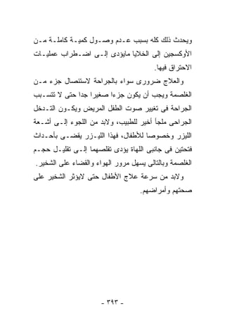 ‫ﻭﻴﺤﺩﺙ ﺫﻟﻙ ﻜﻠﻪ ﺒﺴﺒﺏ ﻋـﺩﻡ ﻭﺼـﻭل ﻜﻤﻴـﺔ ﻜﺎﻤﻠـﺔ ﻤـﻥ‬
‫ﺍﻷﻭﻜﺴﺠﻴﻥ ﺇﻟﻰ ﺍﻟﺨﻼﻴﺎ ﻤﺎﻴﺅﺩﻯ ﺇﻟـﻰ ﺍﻀـﻁﺭﺍﺏ ﻋﻤﻠﻴـﺎﺕ‬
                                        ‫ﺍﻻﺤﺘﺭﺍﻕ ﻓﻴﻬﺎ.‬
‫ﻭﺍﻟﻌﻼﺝ ﻀﺭﻭﺭﻯ ﺴﻭﺍﺀ ﺒﺎﻟﺠﺭﺍﺤﺔ ﻻﺴﺘﺌﺼﺎل ﺠﺯﺀ ﻤـﻥ‬
‫ﺍﻟﻐﻠﺼﻤﺔ ﻭﻴﺠﺏ ﺃﻥ ﻴﻜﻭﻥ ﺠﺯ ‪‬ﺍ ﺼﻐﻴﺭﺍ ﺠﺩﺍ ﺤﺘﻰ ﻻ ﺘﺘﺴـﺒﺏ‬
                        ‫ﺀ‬
‫ﺍﻟﺠﺭﺍﺤﺔ ﻓﻰ ﺘﻐﻴﻴﺭ ﺼﻭﺕ ﺍﻟﻁﻔل ﺍﻟﻤﺭﻴﺽ ﻭﻴﻜـﻭﻥ ﺍﻟﺘـﺩﺨل‬
‫ﺍﻟﺠﺭﺍﺤﻰ ﻤﻠﺠﺄ ﺃﺨﻴﺭ ﻟﻠﻁﺒﻴﺏ، ﻭﻻﺒﺩ ﻤﻥ ﺍﻟﻠﺠﻭﺀ ﺇﻟـﻰ ﺃﺸـﻌﺔ‬
‫ﺍﻟﻠﻴﺯﺭ ﻭﺨﺼﻭﺼﺎ ﻟﻸﻁﻔﺎل، ﻓﻬﺫﺍ ﺍﻟﻠﻴـﺯﺭ ﻴﻘﻀـﻰ ﺒﺄﺤـﺩﺍﺙ‬
‫ﻓﺘﺤﺘﻴﻥ ﻓﻰ ﺠﺎﻨﺒﻰ ﺍﻟﻠﻬﺎﺓ ﻴﺅﺩﻯ ﺘﻘﻠﺼﻬﻤﺎ ﺇﻟـﻰ ﺘﻘﻠﻴـل ﺤﺠـﻡ‬
‫ﺍﻟﻐﻠﺼﻤﺔ ﻭﺒﺎﻟﺘﺎﻟﻰ ﻴﺴﻬل ﻤﺭﻭﺭ ﺍﻟﻬﻭﺍﺀ ﻭﺍﻟﻘﻀﺎﺀ ﻋﻠﻰ ﺍﻟﺸﺨﻴﺭ.‬
‫ﻭﻻﺒﺩ ﻤﻥ ﺴﺭﻋﺔ ﻋﻼﺝ ﺍﻷﻁﻔﺎل ﺤﺘﻰ ﻻﻴﺅﺜﺭ ﺍﻟﺸﺨﻴﺭ ﻋﻠﻰ‬
                                   ‫ﺼﺤﺘﻬﻡ ﻭﺃﻤﺭﺍﻀﻬﻡ.‬




                      ‫- ٣٩٣ -‬
 