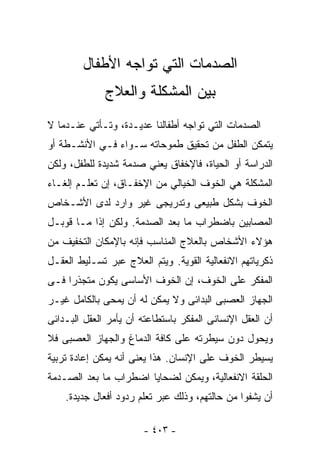 ‫ﺍﻟﺼﺩﻤﺎﺕ ﺍﻟﺘﻲ ﺘﻭﺍﺠﻪ ﺍﻷﻁﻔﺎل‬
              ‫ﺒﻴﻥ ﺍﻟﻤﺸﻜﻠﺔ ﻭﺍﻟﻌﻼﺝ‬
‫ﺍﻟﺼﺩﻤﺎﺕ ﺍﻟﺘﻲ ﺘﻭﺍﺠﻪ ﺃﻁﻔﺎﻟﻨﺎ ﻋﺩﻴـﺩﺓ، ﻭﺘـﺄﺘﻲ ﻋﻨـﺩﻤﺎ ﻻ‬
‫ﻴﺘﻤﻜﻥ ﺍﻟﻁﻔل ﻤﻥ ﺘﺤﻘﻴﻕ ﻁﻤﻭﺤﺎﺘﻪ ﺴـﻭﺍﺀ ﻓـﻲ ﺍﻷﻨﺸـﻁﺔ ﺃﻭ‬
‫ﺍﻟﺩﺭﺍﺴﺔ ﺃﻭ ﺍﻟﺤﻴﺎﺓ، ﻓﺎﻹﺨﻔﺎﻕ ﻴﻌﻨﻲ ﺼﺩﻤﺔ ﺸﺩﻴﺩﺓ ﻟﻠﻁﻔل، ﻭﻟﻜﻥ‬
‫ﺍﻟﻤﺸﻜﻠﺔ ﻫﻲ ﺍﻟﺨﻭﻑ ﺍﻟﺨﻴﺎﻟﻲ ﻤﻥ ﺍﻹﺨﻔـﺎﻕ، ﺇﻥ ﺘﻌﻠـﻡ ﺇﻟﻐـﺎﺀ‬
‫ﺍﻟﺨﻭﻑ ﺒﺸﻜل ﻁﺒﻴﻌﻰ ﻭﺘﺩﺭﻴﺠﻰ ﻏﻴﺭ ﻭﺍﺭﺩ ﻟﺩﻯ ﺍﻷﺸـﺨﺎﺹ‬
‫ﺍﻟﻤﺼﺎﺒﻴﻥ ﺒﺎﻀﻁﺭﺍﺏ ﻤﺎ ﺒﻌﺩ ﺍﻟﺼﺩﻤﺔ. ﻭﻟﻜﻥ ﺇﺫﺍ ﻤـﺎ ﻗﻭﺒـل‬
‫ﻫﺅﻻﺀ ﺍﻷﺸﺨﺎﺹ ﺒﺎﻟﻌﻼﺝ ﺍﻟﻤﻨﺎﺴﺏ ﻓﺈﻨﻪ ﺒﺎﻹﻤﻜﺎﻥ ﺍﻟﺘﺨﻔﻴﻑ ﻤﻥ‬
‫ﺫﻜﺭﻴﺎﺘﻬﻡ ﺍﻻﻨﻔﻌﺎﻟﻴﺔ ﺍﻟﻘﻭﻴﺔ. ﻭﻴﺘﻡ ﺍﻟﻌﻼﺝ ﻋﺒﺭ ﺘﺴـﻠﻴﻁ ﺍﻟﻌﻘـل‬
‫ﺍﻟﻤﻔﻜﺭ ﻋﻠﻰ ﺍﻟﺨﻭﻑ، ﺇﻥ ﺍﻟﺨﻭﻑ ﺍﻷﺴﺎﺴﻰ ﻴﻜﻭﻥ ﻤﺘﺠﺫﺭﺍ ﻓـﻰ‬
    ‫ﹰ‬
‫ﺍﻟﺠﻬﺎﺯ ﺍﻟﻌﺼﺒﻰ ﺍﻟﺒﺩﺍﺌﻰ ﻭﻻ ﻴﻤﻜﻥ ﻟﻪ ﺃﻥ ﻴﻤﺤﻰ ﺒﺎﻟﻜﺎﻤل ﻏﻴـﺭ‬
‫ﺃﻥ ﺍﻟﻌﻘل ﺍﻹﻨﺴﺎﻨﻰ ﺍﻟﻤﻔﻜﺭ ﺒﺎﺴﺘﻁﺎﻋﺘﻪ ﺃﻥ ﻴﺄﻤﺭ ﺍﻟﻌﻘل ﺍﻟﺒـﺩﺍﺌﻰ‬
‫ﻭﻴﺤﻭل ﺩﻭﻥ ﺴﻴﻁﺭﺘﻪ ﻋﻠﻰ ﻜﺎﻓﺔ ﺍﻟﺩﻤﺎﻍ ﻭﺍﻟﺠﻬﺎﺯ ﺍﻟﻌﺼﺒﻰ ﻓﻼ‬
‫ﻴﺴﻴﻁﺭ ﺍﻟﺨﻭﻑ ﻋﻠﻰ ﺍﻹﻨﺴﺎﻥ. ﻫﺫﺍ ﻴﻌﻨﻰ ﺃﻨﻪ ﻴﻤﻜﻥ ﺇﻋﺎﺩﺓ ﺘﺭﺒﻴﺔ‬
‫ﺍﻟﺤﻠﻘﺔ ﺍﻻﻨﻔﻌﺎﻟﻴﺔ، ﻭﻴﻤﻜﻥ ﻟﻀﺤﺎﻴﺎ ﺍﻀﻁﺭﺍﺏ ﻤﺎ ﺒﻌﺩ ﺍﻟﺼـﺩﻤﺔ‬
    ‫ﺃﻥ ﻴﺸﻔﻭﺍ ﻤﻥ ﺤﺎﻟﺘﻬﻡ، ﻭﺫﻟﻙ ﻋﺒﺭ ﺘﻌﻠﻡ ﺭﺩﻭﺩ ﺃﻓﻌﺎل ﺠﺩﻴﺩﺓ.‬

                       ‫- ٣٠٤ -‬
 