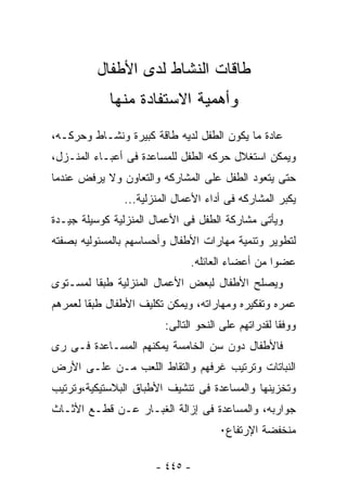 ‫ﻁﺎﻗﺎﺕ ﺍﻟﻨﺸﺎﻁ ﻟﺩﻯ ﺍﻷﻁﻔﺎل‬
            ‫ﻭﺃﻫﻤﻴﺔ ﺍﻻﺴﺘﻔﺎﺩﺓ ﻤﻨﻬﺎ‬
‫ﻋﺎﺩﺓ ﻤﺎ ﻴﻜﻭﻥ ﺍﻟﻁﻔل ﻟﺩﻴﻪ ﻁﺎﻗﺔ ﻜﺒﻴﺭﺓ ﻭﻨﺸـﺎﻁ ﻭﺤﺭﻜـﻪ،‬
‫ﻭﻴﻤﻜﻥ ﺍﺴﺘﻐﻼل ﺤﺭﻜﻪ ﺍﻟﻁﻔل ﻟﻠﻤﺴﺎﻋﺩﺓ ﻓﻰ ﺃﻋﺒـﺎﺀ ﺍﻟﻤﻨـﺯل،‬
‫ﺤﺘﻰ ﻴﺘﻌﻭﺩ ﺍﻟﻁﻔل ﻋﻠﻰ ﺍﻟﻤﺸﺎﺭﻜﻪ ﻭﺍﻟﺘﻌﺎﻭﻥ ﻭﻻ ﻴﺭﻓﺽ ﻋﻨﺩﻤﺎ‬
               ‫ﻴﻜﺒﺭ ﺍﻟﻤﺸﺎﺭﻜﻪ ﻓﻰ ﺃﺩﺍﺀ ﺍﻷﻋﻤﺎل ﺍﻟﻤﻨﺯﻟﻴﺔ...‬
‫ﻭﻴﺄﺘﻰ ﻤﺸﺎﺭﻜﺔ ﺍﻟﻁﻔل ﻓﻰ ﺍﻷﻋﻤﺎل ﺍﻟﻤﻨﺯﻟﻴﺔ ﻜﻭﺴﻴﻠﺔ ﺠﻴـﺩﺓ‬
‫ﻟﺘﻁﻭﻴﺭ ﻭﺘﻨﻤﻴﺔ ﻤﻬﺎﺭﺍﺕ ﺍﻷﻁﻔﺎل ﻭﺃﺤﺴﺎﺴﻬﻡ ﺒﺎﻟﻤﺴﺌﻭﻟﻴﻪ ﺒﺼﻔﺘﻪ‬
                              ‫ﻋﻀﻭﺍ ﻤﻥ ﺃﻋﻀﺎﺀ ﺍﻟﻌﺎﺌﻠﻪ.‬
‫ﻭﻴﺼﻠﺢ ﺍﻷﻁﻔﺎل ﻟﺒﻌﺽ ﺍﻷﻋﻤﺎل ﺍﻟﻤﻨﺯﻟﻴﺔ ﻁﺒﻘﺎ ﻟﻤﺴـﺘﻭﻯ‬
‫ﻋﻤﺭﻩ ﻭﺘﻔﻜﻴﺭﻩ ﻭﻤﻬﺎﺭﺍﺘﻪ، ﻭﻴﻤﻜﻥ ﺘﻜﻠﻴﻑ ﺍﻷﻁﻔﺎل ﻁﺒﻘﺎ ﻟﻌﻤﺭﻫﻡ‬
                        ‫ﻭﻭﻓﻘﺎ ﻟﻘﺩﺭﺍﺘﻬﻡ ﻋﻠﻰ ﺍﻟﻨﺤﻭ ﺍﻟﺘﺎﻟﻰ:‬
‫ﻓﺎﻷﻁﻔﺎل ﺩﻭﻥ ﺴﻥ ﺍﻟﺨﺎﻤﺴﺔ ﻴﻤﻜﻨﻬﻡ ﺍﻟﻤﺴـﺎﻋﺩﺓ ﻓـﻰ ﺭﻯ‬
‫ﺍﻟﻨﺒﺎﺘﺎﺕ ﻭﺘﺭﺘﻴﺏ ﻏﺭﻓﻬﻡ ﻭﺍﻟﺘﻘﺎﻁ ﺍﻟﻠﻌﺏ ﻤـﻥ ﻋﻠـﻰ ﺍﻷﺭﺽ‬
‫ﻭﺘﺨﺯﻴﻨﻬﺎ ﻭﺍﻟﻤﺴﺎﻋﺩﺓ ﻓﻰ ﺘﻨﺸﻴﻑ ﺍﻷﻁﺒﺎﻕ ﺍﻟﺒﻼﺴﺘﻴﻜﻴﺔ،ﻭﺘﺭﺘﻴﺏ‬
‫ﺠﻭﺍﺭﺒﻪ، ﻭﺍﻟﻤﺴﺎﻋﺩﺓ ﻓﻰ ﺇﺯﺍﻟﺔ ﺍﻟﻐﺒـﺎﺭ ﻋـﻥ ﻗﻁـﻊ ﺍﻷﺜـﺎﺙ‬
                                     ‫ﻤﻨﺨﻔﻀﺔ ﺍﻹﺭﺘﻔﺎﻉ٠‬

                      ‫- ٥٤٤ -‬
 