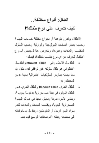 ‫ﺍﻟﻁﻔل: ﺃﻨﻭﺍﻉ ﻤﺨﺘﻠﻔﺔ..‬
       ‫ﻜﻴﻑ ﺘﺘﻌﺭﻑ ﻋﻠﻰ ﻨﻭﻉ ﻁﻔﻠﻙ؟!‬
‫ﺍﻷﻁﻔﺎل ﻴﻭﻟﺩﻭﻥ ﺒﻨﻭﻋﻴﺔ ﺃﻭ ﺒﺄﻨﻭﺍﻉ ﻤﺨﺘﻠﻔﺔ ﺤﺴـﺏ ﺍﻟﺒﻴﺌـﺔ‬
‫ﻭﺤﺴﺏ ﺒﻌﺽ ﺍﻟﺼﻔﺎﺕ ﺍﻟﺒﻴﻭﻟﻭﺠﻴﺔ ﻭﺍﻟﻭﺍﺭﺜﻴﺔ ﻭﺤﺴﺏ ﺍﻟﺴﻠﻭﻙ‬
‫ﺍﻟﻤﻜﺘﺴﺏ ﻭﺍﻟﻌﺎﺩﺍﺕ ﻭﻏﻴﺭﻫﺎ، ﻭﻨﺘﻌﺭﺽ ﻫﻨﺎ ﻟـﺒﻌﺽ ﺃﻨـﻭﺍﻉ‬
         ‫ﺍﻷﻁﻔﺎل ﻟﺘﻌﺭﻑ ﻤﻥ ﺃﻱ ﻨﻭﻉ ﻴﻨﺘﺴﺏ ﻁﻔﻠﻙ؟، ﻓﻬﻨﺎﻙ:‬
‫ـﻭﺍﺌﻰ ‪Introvert Child‬ﻭ ـل‬
 ‫ﺍﻟﻁﻔـ‬                  ‫ـل ﺍﻻﻨﻁـ‬
                               ‫ﺍﻟﻁﻔـ‬                 ‫•‬
‫ﺍﻻﻨﻁﻭﺍﺌﻲ ﻫﻭ ﻁﻔل ﺴﻠﻭﻜﻪ ﻏﻴﺭ ﺘﻭﺍﻓﻘﻰ ﻟﺩﻯ ﻁﻔل ﻤﺎ،‬
‫ﻤﻤﺎ ﻴﺠﻌﻠﻪ ﻴﻤﺎﺭﺱ ﺍﻟﺴﻠﻭﻜﻴﺎﺕ ﺍﻻﻨﻌﺯﺍﻟﻴﺔ ﺒﻌﻴﺩﺍ ﻋـﻥ‬
    ‫ﹰ‬
                                     ‫ﺍﻟﻤﺤﻴﻁﻴﻥ ﺒﻪ.‬
‫ﺍﻟﻁﻔل ﺍﻟﺒﺩﻭﻯ ‪ Bedouin Child‬ﻭﺍﻟﻁﻔل ﺍﻟﺒﺩﻭﻱ ﻫـﻭ‬         ‫•‬
‫ﺍﻟﻁﻔل ﺍﻟﻤﻭﻟﻭﺩ ﻓﻰ ﺒﻴﺌﺔ ﺼـﺤﺭﺍﻭﻴﺔ ﺒﺩﺍﺌﻴـﺔ ﺒﺩﻭﻴـﺔ،‬
‫ﻭﻴﻨﺘﻤﻰ ﻷﺴﺭﺓ ﺒﺩﻭﻴﺔ ﻭﻴﻌﻴﺵ ﻤﻌﻬﺎ ﻓﻲ ﻫـﺫﻩ ﺍﻟﺒﻴﺌـﺔ‬
‫ﺍﻟﺼﺤﺭﺍﻭﻴﺔ ﺍﻟﺒﺩﻭﻴﺔ، ﻭﻴﻜﺘﺴﺏ ﺍﻟﺴﻤﺎﺕ ﻭﺍﻟﻌﺎﺩﺍﺕ ﻟﻠﺒﺩﻭ‬
‫ﺴﻭﺍﺀ ﺍﻟﺒﺩﻭ ﺍﻟﺭﺤل ﺃﻭ ﺍﻟﻤﺘﻭﻁﻨﻴﻥ، ﻭﻴﻨﻘـل ﺴـﻠﻭﻜﻴﺎﺘﻪ‬
    ‫ﺍﻟﻰ ﻤﺠﺘﻤﻌﻪ ﻭﺒﻴﺌﺘﻪ ﺍﻷﻡ ﺒﻤﻌﻨﺎﻫﺎ ﺍﻟﻭﺍﺴﻊ ﻓﻴﻤﺎ ﺒﻌﺩ.‬



                        ‫- ١٦٤ -‬
 