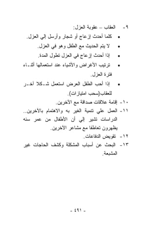 ‫ﺍﻟﻌﻘﺎﺏ – ﻋﻘﻭﺒﺔ ﺍﻟﻌﺯل:‬        ‫٩-‬
 ‫ﻜﻠﻤﺎ ﺃﺤﺩﺙ ﺇﺯﻋﺎﺝ ﺃﻭ ﺸﺠﺎﺭ ﻭﺃﺭﺴل ﺇﻟﻲ ﺍﻟﻌﺯل.‬        ‫•‬
      ‫ﻻ ﻴﺘﻡ ﺍﻟﺤﺩﻴﺙ ﻤﻊ ﺍﻟﻁﻔل ﻭﻫﻭ ﻓﻲ ﺍﻟﻌﺯل.‬        ‫•‬
       ‫ﺇﺫﺍ ﺃﺤﺩﺙ ﺇﺯﻋﺎﺝ ﻓﻲ ﺍﻟﻌﺯل ﺘﻁﻭل ﺍﻟﻤﺩﺓ.‬       ‫•‬
‫ﺘﺭﺘﻴﺏ ﺍﻷﻏﺭﺍﺽ ﻭﺍﻷﺸﻴﺎﺀ ﻋﻨﺩ ﺍﺴﺘﻌﻤﺎﻟﻬﺎ ﺃﺜﻨـﺎﺀ‬        ‫•‬
                                ‫ﻓﺘﺭﺓ ﺍﻟﻌﺯل.‬
‫ﺇﺫﺍ ﺃﺤﺏ ﺍﻟﻁﻔل ﺍﻟﻌﺭﺽ ﺍﺴﺘﻌﻤل ﺸـﻜﻼ ﺁﺨـﺭ‬             ‫•‬
                     ‫ﻟﻠﻌﻘﺎﺏ)ﺴﺤﺏ ﺍﻤﺘﻴﺎﺯﺍﺕ(.‬
               ‫ﺇﻗﺎﻤﺔ ﻋﻼﻗﺎﺕ ﺼﺩﺍﻗﺔ ﻤﻊ ﺍﻵﺨﺭﻴﻥ.‬      ‫٠١-‬
‫ﺍﻟﻌﻤل ﻋﻠﻲ ﺘﻨﻤﻴﺔ ﺍﻟﻐﻴﺭ ﺒﻪ ﻭﺍﻻﻫﺘﻤﺎﻡ ﺒﺎﻵﺨﺭﻴﻥ..‬      ‫١١-‬
‫ﺍﻟﺩﺭﺍﺴﺎﺕ ﺘﺸﻴﺭ ﺇﻟﻲ ﺃﻥ ﺍﻷﻁﻔﺎل ﻤﻥ ﻋﻤﺭ ﺴﻨﻪ‬
            ‫ﻴﻅﻬﺭﻭﻥ ﺘﻌﺎﻁﻔﺎ ﻤﻊ ﻤﺸﺎﻋﺭ ﺍﻵﺨﺭﻴﻥ.‬
                            ‫ﺘﻘﻭﻴﺽ ﺍﻟﺩﻓﺎﻋﺎﺕ.‬      ‫٢١-‬
‫ﺍﻟﺒﺤﺙ ﻋﻥ ﺃﺴﺒﺎﺏ ﺍﻟﻤﺸﻜﻠﺔ ﻭﻜﺸﻑ ﺍﻟﺤﺎﺠﺎﺕ ﻏﻴﺭ‬          ‫٣١-‬
                                      ‫ﺍﻟﻤﺸﺒﻌﺔ.‬




                      ‫- ١٩٤ -‬
 