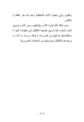 ‫ﻭﺍﻟﻘﺒﻭل ﻭﺇﻟﻲ ﺴﻴﻁﺭﺓ ﺍﻵﺒﺎﺀ ﺍﻟﺘﺴﻠﻁﻴﺔ ﻭﻋﺩﻡ ﺇﺸـﻌﺎﺭ ﺍﻟﻁﻔـل‬
                                               ‫ﺒﺎﻟﺘﻘﺩﻴﺭ.‬
‫ﻭﻤﻥ ﺃﻤﺜﻠﺔ ﺫﻟﻙ ﻗﺴﻭﺓ ﺍﻵﺒﺎﺀ ﻭﺘﻔﺭﻗﺘﻬﻡ ﺒـﻴﻥ ﺍﻷﺨـﻭﺓ،ﻭﺒﻴﻥ‬
‫ﺍﻟﻭﻟﺩ ﻭﺍﻟﺒﻨﺕ، ﻜﻤﺎ ﺘﺭﺠﻊ ﻋﺼﺒﻴﺔ ﺍﻷﻁﻔﺎل ﺇﻟﻲ ﺘﻌﻘﻴﺩﺍﺕ ﺍﻟﺒﻴﺌـﺔ‬
‫ﻭﺘﻨﺎﻗﻀﺎﺘﻬﺎ ﺒﻤﺎ ﻓﻴﻬﺎ ﻤﻥ ﻏﺵ ﻭﺨـﺩﺍﻉ ﻜﻌـﺩﻡ ﻭﻓـﺎﺀ ﺍﻵﺒـﺎﺀ‬
      ‫ﺒﻭﻋﻭﺩﻫﻡ ﻟﻸﻁﻔﺎل ﻭﺤﺭﻤﺎﻨﻬﻡ ﻤﻥ ﺍﻟﺤﺎﺠﺎﺕ ﺍﻟﻀﺭﻭﺭﻴﺔ.‬




                       ‫- ٢٠٥ -‬
 