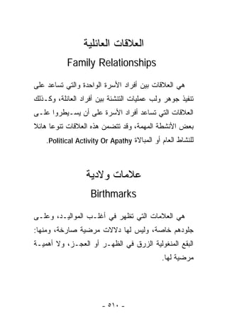 ‫ﺍﻟﻌﻼﻗﺎﺕ ﺍﻟﻌﺎﺌﻠﻴﺔ‬
           ‫‪Family Relationships‬‬

‫ﻫﻲ ﺍﻟﻌﻼﻗﺎﺕ ﺒﻴﻥ ﺃﻓﺭﺍﺩ ﺍﻷﺴﺭﺓ ﺍﻟﻭﺍﺤﺩﺓ ﻭﺍﻟﺘﻲ ﺘﺴﺎﻋﺩ ﻋﻠﻰ‬
‫ﺘﻨﻔﻴﺫ ﺠﻭﻫﺭ ﻭﹸﺏ ﻋﻤﻠﻴﺎﺕ ﺍﻟﺘﻨﺸﺌﺔ ﺒﻴﻥ ﺃﻓﺭﺍﺩ ﺍﻟﻌﺎﺌﻠﺔ، ﻭﻜـﺫﻟﻙ‬
                                          ‫ﻟ‬
‫ﺍﻟﻌﻼﻗﺎﺕ ﺍﻟﺘﻲ ﺘﺴﺎﻋﺩ ﺃﻓﺭﺍﺩ ﺍﻷﺴﺭﺓ ﻋﻠﻰ ﺃﻥ ﻴﺴـﻴﻁﺭﻭﺍ ﻋﻠـﻰ‬
‫ﺒﻌﺽ ﺍﻷﻨﺸﻁﺔ ﺍﻟﻤﻬﻤﺔ، ﻭﻗﺩ ﺘﺘﻀﻤﻥ ﻫﺫﻩ ﺍﻟﻌﻼﻗﺎﺕ ﺘﻨﻭﻋﺎ ﻫﺎﺌﻼ‬
‫ﹰ‬
    ‫ﻟﻠﻨﺸﺎﻁ ﺍﻟﻌﺎﻡ ﺃﻭ ﺍﻟﻤﺒﺎﻻﺓ ‪.Political Activity Or Apathy‬‬



                  ‫ﻋﻼﻤﺎﺕ ﻭﻻﺩﻴﺔ‬
                    ‫‪Birthmarks‬‬

‫ﻫﻲ ﺍﻟﻌﻼﻤﺎﺕ ﺍﻟﺘﻲ ﺘﻅﻬﺭ ﻓﻲ ﺃﻏﻠـﺏ ﺍﻟﻤﻭﺍﻟﻴـﺩ، ﻭﻋﻠـﻰ‬
‫ﺠﻠﻭﺩﻫﻡ ﺨﺎﺼﺔ، ﻭﻟﻴﺱ ﻟﻬﺎ ﺩﻻﻻﺕ ﻤﺭﻀﻴﺔ ﺼﺎﺭﺨﺔ، ﻭﻤﻨﻬﺎ:‬
‫ﺍﻟﺒﻘﻊ ﺍﻟﻤﻨﻐﻭﻟﻴﺔ ﺍﻟﺯﺭﻕ ﻓﻲ ﺍﻟﻅﻬـﺭ ﺃﻭ ﺍﻟﻌﺠـﺯ، ﻭﻻ ﺃﻫﻤﻴـﺔ‬
                                             ‫ﻤﺭﻀﻴﺔ ﻟﻬﺎ.‬




                        ‫- ٠١٥ -‬
 