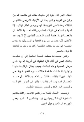 ‫ﺍﻟﻁﻔل ﺍﻷﻤﺭ ﺍﻟﺫﻯ ﻴﻘﻭﺩ ﺇﻟﻰ ﺤﺩﻭﺙ ﺠﻔﺎﻑ ﻓﻰ ﻤﻠﺘﺤﻤﺔ ﺍﻟﻌـﻴﻥ‬
‫ﻭﺘﻠﻴﻥ ﻓﻰ ﺍﻟﻘﺭﻨﻴﻪ ﻭﺍﻟﺫﻯ ﻴﺄﺨﺫ ﻓﻰ ﺍﻷﺯﺩﻴﺎﺩ ﺍﻟﺘﺩﺭﻴﺠﻰ، ﻓﺘﻅﻬـﺭ‬
‫ﻜﺜﺎﻓﺎﺕ ﻭﻋﺘﻤﺎﺕ ﻓﻰ ﺍﻟﻘﺭﻨﻴﻪ ﻗﺩ ﺘﻭﺩﻯ ﺒﺒﺼﺭ ﺍﻟﻁﻔل ﻨﻬﺎﺌﻴـﺎ ﺇﺫﺍ‬
‫ﻟﻡ ﻴﻘﺩﻡ ﺍﻟﻌﻼﺝ ﻓﻰ ﺍﻟﻭﻗﺕ ﺍﻟﻤﻨﺎﺴﺏ.ﻭﺃﺜﻨﺎﺀ ﺃﺼـﺎﺒﺔ ﺍﻷﻁﻔـﺎل‬
‫ﺒﺎﻟﺤﺼﺒﺔ ﺘﺯﺩﺍﺩ ﺤﺎﺠﺔ ﺍﻟﺠﺴﻡ ﺍﻟﻤﺼﺎﺏ ﻟﻔﻴﺘﺎﻤﻴﻥ )ﺃ( ﻻﺴﻴﻤﺎ ﻋﻨﺩ‬
‫ﺍﻷﻁﻔﺎل ﺍﻟﺫﻴﻥ ﻴﻌﺎﻨﻭﻥ ﻤﻥ ﺴﻭﺀ ﺍﻟﺘﻐﺫﻴﺔ ﻭﺍﻹﺴـﻬﺎل، ﻭﺘـﺅﺩﻯ‬
‫ﺍﻟﺤﺼﺒﻪ ﺇﻟﻰ ﺤﺩﻭﺙ ﺠﻔﺎﻑ ﺍﻟﻤﻠﺘﺤﻤﺔ ﻭﺍﻟﻘﺭﻨﻴﻪ ﻭﺤﺩﻭﺙ ﻜﺜﺎﻓﺎﺕ‬
                                       ‫ﻗﺩ ﺘﻭﺩﻯ ﺒﺎﻟﺒﺼﺭ.‬
‫ﻭﺘﺸﻴﺭ ﺇﺤﺼﺎﺀﺍﺕ ﻤﻨﻅﻤﺔ ﺍﻟﺼﺤﺔ ﺍﻟﻌﺎﻟﻤﻴﺔ ﺇﻟﻰ ﺃﻥ ﻏﺎﻟﺒﻴـﻪ‬
‫ﺤﺎﻻﺕ ﺍﻟﻌﻤﻰ ﻓﻰ ﺃﺜﻨﺎﺀ ﻓﺘﺭﺓ ﺍﻟﻁﻔﻭﻟﺔ ﻓﻰ ﺃﻓﺭﻴﻘﻴﺎ ﺘﻌـﻭﺩ ﺇﻟـﻰ‬
‫ﻤﺭﺽ ﺍﻟﺤﺼﺒﺔ ﻭﻫﺫﻩ ﺍﻟﺤﺎﻻﺕ ﺠﻤﻴﻌﻬﺎ ﻴﻤﻜﻥ ﺍﻟﻭﻗﺎﻴـﺔ ﻤﻨﻬـﺎ‬
‫ﻭﺘﺠﻨﺒﻬﺎ ﺇﺫﺍ ﻤﺎ ﺘﻤﺕ ﻤﻜﺎﻓﺤﺔ ﺤﺎﻻﺕ ﺴـﻭﺀ ﺍﻟﺘﻐﺫﻴـﺔ ﻭﻨﻘـﺹ‬
‫ـﺎل ـﺩ‬
 ‫ـﻴﻡ ﺍﻷﻁﻔـ ﻀـ‬
            ‫ـﺎﻓﺔ ـﻰ ﺘﻁﻌـ‬
                  ‫ـﺎﻤﻴﻥ”ﺃ” ﺒﺎﻻﻀـ ﺇﻟـ‬
                                   ‫ﺍﻟﻔﻴﺘـ‬
‫ﺍﻟﺤﺼﺒﺔ.ﻭﺍﻟﻤﻌﺭﻭﻑ ﺃﻥ ﻓﻴﺘﺎﻤﻴﻥ ﺃ ﻴﻜﺜﺭ ﻓﻰ ﺍﻟﺠﺯﺭ ﻭﺍﻟﻔﻭﺍﻜـﻪ‬
            ‫ﻭﺍﻟﺨﻀﺭﻭﺍﺕ ﻭﺍﻟﻜﺒﺩ ﻭﺍﻟﺒﻴﺽ ﻭﻤﺸﺘﻘﺎﺕ ﺍﻟﺤﻠﻴﺏ.‬

‫ﻭﻴﺼﺎﺏ ﺍﻷﻁﻔﺎل ﻨﺘﻴﺠﺔ ﺤـﺭﻜﺘﻬﻡ ﺍﻟﺩﺍﺌﺒـﺔ ﻭﺍﻜﺘﺸـﺎﻓﺎﺘﻬﻡ‬
‫ﺍﻟﻤﺴﺘﻤﺭﺓ ﻟﻠﺒﻴﺌﺔ ﺍﻟﺘﻰ ﻴﻌﻴﺸﻭﻥ ﻓﻴﻬﺎ، ﻭﻨﺸﺎﻁﻬﻡ ﺍﻟـﺩﺍﺌﻡ ﺒـﺒﻌﺽ‬
                          ‫ﺍﻟﺠﺭﻭﺡ ﻓﻰ ﺍﻟﻌﻴﻥ ﻭﺤﻭل ﺍﻟﻌﻴﻥ.‬


                       ‫- ٢٢٥ -‬
 