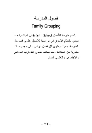 ‫ﻓﺼﻭل ﺍﻟﻤﺩﺭﺴﺔ‬
              ‫‪Family Grouping‬‬

‫ﺘﻀﻡ ﻤﺩﺭﺴﺔ ﺍﻷﻁﻔﺎل ‪ Infant School‬ﻓﻲ ﺍﻨﺠﻠﺘـﺭﺍ ﻤـﺎ‬
‫ﻴﺴﻤﻰ ﺒﺎﻟﻨﻅﺎﻡ ﺍﻷﺴﺭﻱ ﻓﻲ ﺘﻭﺯﻴﻌﻬﺎ ﻟﻸﻁﻔﺎل ﻋﻠـﻰ ﻓﺼـﻭل‬
‫ﺍﻟﻤﺩﺭﺴﺔ، ﺒﺤﻴﺙ ﻴﺤﺘﻭﻱ ﻜل ﻓﺼل ﺩﺭﺍﺴﻲ ﻋﻠﻰ ﻤﺠﻤﻭﻋـﺎﺕ‬
‫ﻤﺘﻘﺎﺭﺒﺔ ﻤﻥ ﺍﻟﻌﺎﺌﻼﺕ، ﻤﻤﺎ ﻴﺴﺎﻋﺩ ﻋﻠـﻰ ﺍﻟﺘﻘـﺎﺭﺏ ﺍﻟﻌـﺎﺌﻠﻲ‬
                           ‫ﻭﺍﻻﺠﺘﻤﺎﻋﻲ ﻭﺍﻟﺘﻌﻠﻴﻤﻲ ﺃﻴﻀﺎ.‬
                            ‫ﹰ‬




                      ‫- ٤٣٥ -‬
 