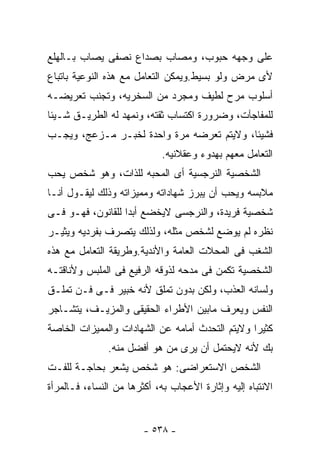 ‫ﻋﻠﻰ ﻭﺠﻬﻪ ﺤﺒﻭﺏ، ﻭﻤﺼﺎﺏ ﺒﺼﺩﺍﻉ ﻨﺼﻔﻰ ﻴﺼﺎﺏ ﺒـﺎﻟﻬﻠﻊ‬
‫ﻷﻯ ﻤﺭﺽ ﻭﻟﻭ ﺒﺴﻴﻁ.ﻭﻴﻤﻜﻥ ﺍﻟﺘﻌﺎﻤل ﻤﻊ ﻫﺫﻩ ﺍﻟﻨﻭﻋﻴﺔ ﺒﺎﺘﺒﺎﻉ‬
‫ﺃﺴﻠﻭﺏ ﻤﺭﺡ ﻟﻁﻴﻑ ﻭﻤﺠﺭﺩ ﻤﻥ ﺍﻟﺴﺨﺭﻴﻪ، ﻭﺘﺠﻨﺏ ﺘﻌﺭﻴﻀـﻪ‬
‫ﻟﻠﻤﻔﺎﺠﺂﺕ، ﻭﻀﺭﻭﺭﺓ ﺍﻜﺘﺴﺎﺏ ﺜﻘﺘﻪ، ﻭﻨﻤﻬﺩ ﻟﻪ ﺍﻟﻁﺭﻴـﻕ ﺸـﻴﺌﺎ‬
‫ﻓﺸﻴﺌﺎ، ﻭﻻﻴﺘﻡ ﺘﻌﺭﻀﻪ ﻤﺭﺓ ﻭﺍﺤﺩﺓ ﻟﺨﺒـﺭ ﻤـﺯﻋﺞ، ﻭﻴﺠـﺏ‬
                            ‫ﺍﻟﺘﻌﺎﻤل ﻤﻌﻬﻡ ﺒﻬﺩﻭﺀ ﻭﻋﻘﻼﻨﻴﻪ.‬
‫ﺍﻟﺸﺨﺼﻴﺔ ﺍﻟﻨﺭﺠﺴﻴﺔ ﺃﻯ ﺍﻟﻤﺤﺒﻪ ﻟﻠﺫﺍﺕ، ﻭﻫﻭ ﺸﺨﺹ ﻴﺤﺏ‬
‫ﻤﻼﺒﺴﻪ ﻭﻴﺤﺏ ﺃﻥ ﻴﺒﺭﺯ ﺸﻬﺎﺩﺍﺘﻪ ﻭﻤﻤﻴﺯﺍﺘﻪ ﻭﺫﻟﻙ ﻟﻴﻘـﻭل ﺃﻨـﺎ‬
‫ﺸﺨﺼﻴﺔ ﻓﺭﻴﺩﺓ، ﻭﺍﻟﻨﺭﺠﺴﻰ ﻻﻴﺨﻀﻊ ﺃﺒﺩﺍ ﻟﻠﻘﺎﻨﻭﻥ، ﻓﻬـﻭ ﻓـﻰ‬
‫ﻨﻅﺭﻩ ﻟﻡ ﻴﻭﻀﻊ ﻟﺸﺨﺹ ﻤﺜﻠﻪ، ﻭﻟﺫﻟﻙ ﻴﺘﺼﺭﻑ ﺒﻔﺭﺩﻴﻪ ﻭﻴﺜﻴـﺭ‬
‫ﺍﻟﺸﻐﺏ ﻓﻰ ﺍﻟﻤﺤﻼﺕ ﺍﻟﻌﺎﻤﺔ ﻭﺍﻷﻨﺩﻴﺔ.ﻭﻁﺭﻴﻘﺔ ﺍﻟﺘﻌﺎﻤل ﻤﻊ ﻫﺫﻩ‬
‫ﺍﻟﺸﺨﺼﻴﺔ ﺘﻜﻤﻥ ﻓﻰ ﻤﺩﺤﻪ ﻟﺫﻭﻗﻪ ﺍﻟﺭﻓﻴﻊ ﻓﻰ ﺍﻟﻤﻠﺒﺱ ﻭﻷﻨﺎﻗﺘـﻪ‬
‫ﻭﻟﺴﺎﻨﻪ ﺍﻟﻌﺫﺏ، ﻭﻟﻜﻥ ﺒﺩﻭﻥ ﺘﻤﻠﻕ ﻷﻨﻪ ﺨﺒﻴﺭ ﻓـﻰ ﻓـﻥ ﺘﻤﻠـﻕ‬
‫ﺍﻟﻨﻔﺱ ﻭﻴﻌﺭﻑ ﻤﺎﺒﻴﻥ ﺍﻷﻁﺭﺍﺀ ﺍﻟﺤﻘﻴﻘﻰ ﻭﺍﻟﻤﺯﻴـﻑ، ﻴﺘﺸـﺎﺠﺭ‬
‫ﻜﺜﻴﺭﺍ ﻭﻻﻴﺘﻡ ﺍﻟﺘﺤﺩﺙ ﺃﻤﺎﻤﻪ ﻋﻥ ﺍﻟﺸﻬﺎﺩﺍﺕ ﻭﺍﻟﻤﻤﻴﺯﺍﺕ ﺍﻟﺨﺎﺼﺔ‬
               ‫ﺒﻙ ﻷﻨﻪ ﻻﻴﺤﺘﻤل ﺃﻥ ﻴﺭﻯ ﻤﻥ ﻫﻭ ﺃﻓﻀل ﻤﻨﻪ.‬
‫ﺍﻟﺸﺨﺹ ﺍﻻﺴﺘﻌﺭﺍﻀﻰ: ﻫﻭ ﺸﺨﺹ ﻴﺸﻌﺭ ﺒﺤﺎﺠـﺔ ﻟﻠﻔـﺕ‬
‫ﺍﻻﻨﺘﺒﺎﻩ ﺇﻟﻴﻪ ﻭﺇﺜﺎﺭﺓ ﺍﻷﻋﺠﺎﺏ ﺒﻪ، ﺃﻜﺜﺭﻫﺎ ﻤﻥ ﺍﻟﻨﺴﺎﺀ، ﻓـﺎﻟﻤﺭﺃﺓ‬


                        ‫- ٨٣٥ -‬
 