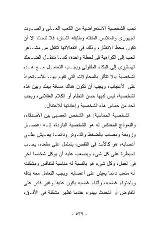 ‫ﺘﺤﺏ ﺍﻟﺸﺨﺼﻴﺔ ﺍﻻﺴﺘﻌﺭﺍﻀﻴﺔ ﻤﻥ ﺍﻟﻜﻌﺏ ﺍﻟﻌـﺎﻟﻰ ﻭﺍﻟﺼـﻭﺕ‬
‫ﺍﻟﺠﻬﻭﺭﻯ ﻭﺍﻟﻤﻼﺒﺱ ﺍﻟﻤﻠﻔﺘﻪ ﻭﻁﻠﻴﻘﻪ ﺍﻟﻠﺴﺎﻥ، ﻓﻼ ﺘﺒﺤﺙ ﺇﻻ ﺃﻥ‬
‫ﺘﻜﻭﻥ ﻤﺤﻁ ﺍﻻﻨﻅﺎﺭ، ﻭﺫﻟﻙ ﻓﻰ ﺍﺘﻔﻌﺎﻻﺘﻬﺎ ﺘﻨﺘﻘل ﻤﻥ ﻤﺸـﺎﻋﺭ‬
‫ﺍﻟﺤﺏ ﺇﻟﻰ ﺍﻟﻜﺭﺍﻫﻴﺔ ﻓﻰ ﻟﺤﻅﺔ ﻭﺍﺤﺩﺓ، ﻜﻤـﺎ ﺘﻨﺘﻘـل ﺍﻟﻀـﺤﻙ‬
‫ﺍﻟﻬﺴﺘﻴﺭﻯ ﺇﻟﻰ ﺍﻟﺒﻜﺎﺀ ﺍﻟﻁﻔﻭﻟﻰ.ﻭﻴﺠـﺏ ﺍﻟﺘﻌﺎﻤـل ﻤـﻊ ﻫـﺫﻩ‬
‫ﺍﻟﺸﺨﺼﻴﺔ ﺒﺄﻻ ﻨﺘﺄﺜﺭ ﺒﺎﻟﻤﺤﺎﻭﻻﺕ ﺍﻟﺘﻰ ﺘﻘﻭﻡ ﺒﻬـﺎ ﻟﻸﺴـﺘﺤﻭﺍﺫ‬
‫ﻋﻠﻰ ﺍﻷﻋﺠﺎﺏ، ﻭﻴﺠﺏ ﺃﻥ ﺘﻜﻭﻥ ﻫﻨﺎﻙ ﻤﺴﺎﻓﺔ ﺒﻴﻨﻙ ﻭﺒﻴﻥ ﻫﺫﻩ‬
‫ﺍﻟﺸﺨﺼﻴﺔ، ﻟﻴﺱ ﻟﺩﻴﻬﺎ ﺤﺴﻥ ﺍﻟﻨﻅﺎﻡ ﺃﻭ ﺍﻟﻜﻼﻡ ﺍﻟﻌﻘﻼﻨﻰ، ﻭﻴﺠﺏ‬
          ‫ﺍﻟﺤﺩ ﻤﻥ ﺤﻤﺎﺱ ﻫﺫﻩ ﺍﻟﺸﺨﺼﻴﺔ ﻭﺇﻋﺎﺩﺘﻬﺎ ﻟﻼﻋﺘﺩﺍل.‬
‫ﺍﻟﺸﺨﺼﻴﺔ ﺍﻟﺤﻤﺎﺴﻴﺔ: ﻫﻭ ﺍﻟﺸﺨﺹ ﺍﻟﻌﺼﺒﻰ ﺒﻴﻥ ﺍﻷﺼﺩﻗﺎﺀ،‬
‫ﻭﺍﻟﻨﻤﻭﺫﺝ ﺍﻟﻤﻌﺎﻜﺱ ﻟﻪ ﻫﻭ ﺍﻟﺸﺨﺼﻴﺔ ﺍﻟﺒﺎﺭﺩﺓ، ﺇﻨـﻪ ﺇﻋﺼـﺎﺭ‬
‫ﻭﺯﻭﺒﻌﺔ ﻭﻤﺼﺎﺏ ﺒﺎﻟﻀﻐﻁ ﻭﺍﻟﺘـﻭﺘﺭ ﻭﺩﺍﺌﻤـﺎ ﻴﻌـﻴﺵ ﻋﻠـﻰ‬
‫ﺃﻋﺼﺎﺒﻪ، ﻫﻭ ﻜﺎﻷﺴﺩ ﻓﻰ ﺍﻟﻘﻔﺹ، ﻴﺘﻤﻠﻤل ﻋﻠﻰ ﻤﻘﻌﺩﻩ، ﻴﺤـﺏ‬
‫ﺍﻟﺴﻴﻁﺭﺓ ﻋﻠﻰ ﻜل ﺸﻰﺀ ﻭﻴﺼﻌﺏ ﻋﻠﻴﻪ ﺃﻥ ﻴﻭﻜل ﺸﺨﺼﺎ ﺁﺨﺭ‬
‫ﻓﻰ ﺍﻟﻌﻤل، ﻭﻜل ﺸﻰﺀ ﻫﻭ ﺒﺎﻟﻨﺴﺒﺔ ﻟﻪ ﻤﻨﺎﺴﺒﺔ ﻟﻠﺘﻨﺎﻓﺱ ﻭﻤﺸﻜﻠﺘﻪ‬
‫ﺃﻨﻪ ﻤﺘﻌﺏ ﺩﺍﺌﻤﺎ ﻴﻌﻴﺵ ﻋﻠﻰ ﺃﻋﺼﺎﺒﻪ. ﻭﻴﺠﺏ ﺍﻟﺘﻌﺎﻤل ﻤﻌﻪ ﺒﺩﻗﻪ‬
‫ﻭﺒﺎﺤﺘﻭﺍﺀ ﻏﻀﺒﻪ، ﻭﺃﺜﻨﺎﺀ ﻏﻀﺒﻪ ﻴﻜﻭﻥ ﻋﻨﻴﻔﺎ ﻭﻏﻴﺭ ﻗﺎﺩﺭ ﻋﻠﻰ‬
‫ﺍﻟﺘﻔﺎﻭﺽ ﺃﻭ ﺍﻟﺘﺤﺩﺙ ﺒﻬﺩﻭﺀ ﻋﻨﺩﻤﺎ ﺘﻅﻬﺭ ﻤﺸﻜﻠﺔ ﻓﻰ ﺍﻷﻓـﻕ،‬


                       ‫- ٩٣٥ -‬
 