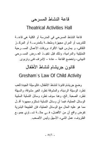 ‫ﻗﺎﻋﺔ ﺍﻟﻨﺸﺎﻁ ﺍﻟﻤﺴﺭﺤﻰ‬
         ‫‪Theatrical Activities Hall‬‬
‫ﻗﺎﻋﺔ ﺍﻟﻨﺸﺎﻁ ﺍﻟﻤﺴﺭﺤﻲ ﻓﻲ ﺍﻟﻤﺩﺭﺴﺔ ﺃﻭ ﺍﻟﻜﻠﻴﺔ ﻫﻲ ﻗﺎﻋـﺔ‬
‫ﻟﻠﺘﺩﺭﻴﺏ ﺃﻭ ﺍﻟﻤﺭﺍﻥ ﻤﺠﻬﺯﺓ ﻭﻤﻠﺤﻘـﺔ ﺒﺎﻟﻤﺩﺭﺴـﺔ ﺃﻭ ﺍﻟﻤﺭﻜـﺯ‬
‫ﺍﻟﺜﻘﺎﻓﻰ، ﻭ ﻴﻤﺎﺭﺱ ﻓﻴﻬﺎ ﺍﻷﻓﺭﺍﺩ ﺒﺭﻭﻓﺎﺕ ﺍﻷﻋﻤﺎل ﺍﻟﻤﺴـﺭﺤﻴﺔ‬
‫ﺍﻟﺘﻤﺜﻴﻠﻴﺔ ﻭﺍﻟﺩﺭﺍﻤﻴﺔ، ﻭﺫﻟﻙ ﻗﺒل ﺘﻨﻔﻴـﺫ ﺍﻟﻌـﺭﺽ ﺍﻟﻤﺴـﺭﺤﻲ‬
   ‫ﺍﻟﻨﻬﺎﺌﻰ، ﻭﺘﺨﻀﻊ ﺍﻟﻘﺎﻋﺔ – ﻋﺎﺩﺓ – ﻹﺸﺭﺍﻑ ﻓﻨﻰ ﻭﺘﺭﺒﻭﻯ.‬

        ‫ﻗﺎﻨﻭﻥ ﺠﺭﻴﺸﺎﻡ ﻟﻨﺸﺎﻁ ﺍﻷﻁﻔﺎل‬
   ‫‪Gresham`s Law Of Child Activity‬‬
‫ﻭﻀﻊ ﺠﺭﻴﺸﺎﻡ ﻗﺎﻨﻭﻨﺎ ﻟﻨﺸﺎﻁ ﺍﻷﻁﻔﺎل، ﻓﺎﻟﻭﺴﻴﻠﺔ ﺍﻟﺠﻴﺩﺓ ﻟﻠﻌﺏ‬
                                    ‫ﹰ‬
‫ﺘﻁﺭﺩ ﺍﻟﻭﺴﻴﻠﺔ ﺍﻟﺭﺩﻴﺌﺔ، ﻭﺍﻟﻤﺸﻭﻗﺔ ﺘﻁﺭﺩ ﺍﻟﻐﻴﺭ ﻤﺸﻭﻗﺔ، ﻭﺍﻟﺴﻬﻠﺔ‬
‫ﺘﻁﺭﺩ ﺍﻟﺼﻌﺒﺔ..ﺍﻟﺦ، ﻭﻫﻨﺎ ﺴﻭﻑ ﺘﻁﺭﺩ ﻭﺴﺎﺌل ﺍﻟﺘﺴﻠﻴﺔ ﺍﻟﺴﻠﺒﻴﺔ‬
‫ﺍﻟﻭﺴﺎﺌل ﺍﻟﻌﻤﻠﻴﺔ، ﻓﺒﻤﺎ ﺃﻥ ﻭﺴﺎﺌل ﺍﻟﺘﺴﻠﻴﺔ ﺘﺴﺘﻠﺯﻡ ﻤﺠﻬﻭﺩﺍ ﺃﻗـل‬
       ‫ﹰ‬
‫ﻤﻤﺎ ﻫﻭ ﻋﻠﻴﻪ ﺍﻟﺤﺎل ﻤﻊ ﺍﻟﻭﺴﺎﺌل ﺍﻟﻌﻤﻠﻴﺔ، ﻓﺈﻥ ﺍﻟﻁﺒﻴﻌﺔ ﺍﻟﺒﺸﺭﻴﺔ‬
‫ﺘﻔﺭﺽ ﻭﺍﻗﻊ ﺃﻥ ﻤﻥ ﺍﻷﻓﻀل، ﻓـﻲ ﺤﺎﻟـﺔ ﺘﺴـﺎﻭﻱ ﺠﻤﻴـﻊ‬
               ‫ﺍﻟﻅﺭﻭﻑ، ﻋﻤل ﺍﻟﺸﻲﺀ ﺍﻷﺴﻬل ﻭﻟﻴﺱ ﺍﻷﺼﻌﺏ.‬



                        ‫- ٦٤٥ -‬
 
