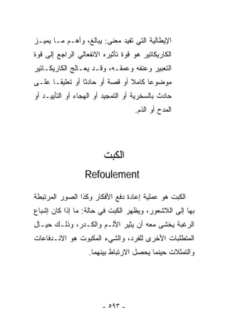 ‫ﺍﻹﻴﻁﺎﻟﻴﺔ ﺍﻟﺘﻲ ﺘﻔﻴﺩ ﻤﻌﻨﻰ: ﻴﺒﺎﻟﻎ، ﻭﺃﻫـﻡ ﻤـﺎ ﻴﻤﻴـﺯ‬
‫ﺍﻟﻜﺎﺭﻴﻜﺎﺘﻴﺭ ﻫﻭ ﻗﻭﺓ ﺘﺄﺜﻴﺭﻩ ﺍﻻﻨﻔﻌﺎﻟﻲ ﺍﻟﺭﺍﺠﻊ ﺇﻟﻰ ﻗﻭﺓ‬
‫ﺍﻟﺘﻌﺒﻴﺭ ﻭﻋﻨﻔﻪ ﻭﻋﻤﻘـﻪ، ﻭﻗـﺩ ﻴﻌـﺎﻟﺞ ﺍﻟﻜﺎﺭﻴﻜـﺎﺘﻴﺭ‬
‫ﻤﻭﻀﻭﻋﺎ ﻜﺎﻤﻼ ﺃﻭ ﻗﺼﺔ ﺃﻭ ﺤﺎﺩﺜﺎ ﺃﻭ ﺘﻌﻠﻴﻘـﺎ ﻋﻠـﻰ‬
     ‫ﹰ‬          ‫ﹰ‬               ‫ﹰ‬    ‫ﹰ‬
‫ﺤﺎﺩﺙ ﺒﺎﻟﺴﺨﺭﻴﺔ ﺃﻭ ﺍﻟﺘﻤﺠﻴﺩ ﺃﻭ ﺍﻟﻬﺠﺎﺀ ﺃﻭ ﺍﻟﺘﺄﻴﻴـﺩ ﺃﻭ‬
                                   ‫ﺍﻟﻤﺩﺡ ﺃﻭ ﺍﻟﺫﻡ.‬




                        ‫ﺍﻟﻜﺒﺕ‬
                  ‫‪Refoulement‬‬

‫ﺍﻟﻜﺒﺕ ﻫﻭ ﻋﻤﻠﻴﺔ ﺇﻋﺎﺩﺓ ﺩﻓﻊ ﺍﻷﻓﻜﺎﺭ ﻭﻜﺫﺍ ﺍﻟﺼﻭﺭ ﺍﻟﻤﺭﺘﺒﻁﺔ‬
‫ﺒﻬﺎ ﺇﻟﻰ ﺍﻟﻼﺸﻌﻭﺭ، ﻭﻴﻅﻬﺭ ﺍﻟﻜﺒﺕ ﻓﻲ ﺤﺎﻟﺔ: ﻤﺎ ﺇﺫﺍ ﻜﺎﻥ ﺇﺸﺒﺎﻉ‬
‫ﺍﻟﺭﻏﺒﺔ ﻴﺨﺸﻰ ﻤﻌﻪ ﺃﻥ ﻴﺜﻴﺭ ﺍﻷﻟـﻡ ﻭﺍﻟﻜـﺩﺭ، ﻭﺫﻟـﻙ ﺤﻴـﺎل‬
‫ﺍﻟﻤﺘﻁﻠﺒﺎﺕ ﺍﻷﺨﺭﻯ ﻟﻠﻔﺭﺩ، ﻭﺍﻟﺸﻲﺀ ﺍﻟﻤﻜﺒﻭﺕ ﻫﻭ ﺍﻻﻨـﺩﻓﺎﻋﺎﺕ‬
                   ‫ﻭﺍﻟﺘﻤﺜﻼﺕ ﺤﻴﻨﻤﺎ ﻴﺤﺼل ﺍﻻﺭﺘﺒﺎﻁ ﺒﻴﻨﻬﻤﺎ.‬




                        ‫- ٣٩٥ -‬
 