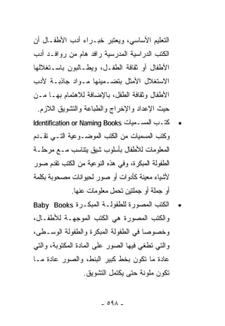‫ﺍﻟﺘﻌﻠﻴﻡ ﺍﻷﺴﺎﺴﻲ، ﻭﻴﻌﺘﺒﺭ ﺨﺒـﺭﺍﺀ ﺃﺩﺏ ﺍﻷﻁﻔـﺎل ﺃﻥ‬
‫ﺍﻟﻜﺘﺏ ﺍﻟﺩﺭﺍﺴﻴﺔ ﺍﻟﻤﺩﺭﺴﻴﺔ ﺭﺍﻓﺩ ﻫﺎﻡ ﻤﻥ ﺭﻭﺍﻓـﺩ ﺃﺩﺏ‬
‫ﺍﻷﻁﻔﺎل ﺃﻭ ﺜﻘﺎﻓﺔ ﺍﻟﻁﻔـل، ﻭﻴﻁـﺎﻟﺒﻭﻥ ﺒﺎﺴـﺘﻐﻼﻟﻬﺎ‬
‫ﺍﻻﺴﺘﻐﻼل ﺍﻷﻤﺜل ﺒﺘﻀـﻤﻴﻨﻬﺎ ﻤـﻭﺍﺩ ﺠﺎﺫﺒـﺔ ﻷﺩﺏ‬
‫ﺍﻷﻁﻔﺎل ﻭﺜﻘﺎﻓﺔ ﺍﻟﻁﻔل، ﺒﺎﻹﻀﺎﻓﺔ ﻟﻼﻫﺘﻤﺎﻡ ﺒﻬـﺎ ﻤـﻥ‬
 ‫ﺤﻴﺙ ﺍﻹﻋﺩﺍﺩ ﻭﺍﻹﺨﺭﺍﺝ ﻭﺍﻟﻁﺒﺎﻋﺔ ﻭﺍﻟﺘﺸﻭﻴﻕ ﺍﻟﻼﺯﻡ.‬
‫ﻜﺘـﺏ ﺍﻟﻤﺴـﻤﻴﺎﺕ ‪Identification or Naming Books‬‬        ‫•‬
‫ﻭﻜﺘﺏ ﺍﻟﻤﺴﻤﻴﺎﺕ ﻤﻥ ﺍﻟﻜﺘﺏ ﺍﻟﻤﻭﻀـﻭﻋﻴﺔ ﺍﻟﺘـﻲ ﺘﻘـﺩﻡ‬
‫ﺍﻟﻤﻌﻠﻭﻤﺎﺕ ﻟﻸﻁﻔﺎل ﺒﺄﺴﻠﻭﺏ ﺸﻴﻕ ﻴﺘﻨﺎﺴﺏ ﻤـﻊ ﻤﺭﺤﻠـﺔ‬
‫ﺍﻟﻁﻔﻭﻟﺔ ﺍﻟﻤﺒﻜﺭﺓ، ﻭﻓﻲ ﻫﺫﻩ ﺍﻟﻨﻭﻋﻴﺔ ﻤﻥ ﺍﻟﻜﺘﺏ ﺘﻘﺩﻡ ﺼﻭﺭ‬
‫ﻷﺸﻴﺎﺀ ﻤﻌﻴﻨﺔ ﻜﺄﺩﻭﺍﺕ ﺃﻭ ﺼﻭﺭ ﻟﺤﻴﻭﺍﻨﺎﺕ ﻤﺼﺤﻭﺒﺔ ﺒﻜﻠﻤﺔ‬
             ‫ﺃﻭ ﺠﻤﻠﺔ ﺃﻭ ﺠﻤﻠﺘﻴﻥ ﺘﺤﻤل ﻤﻌﻠﻭﻤﺎﺕ ﻋﻨﻬﺎ.‬
‫ﺍﻟﻜﺘﺏ ﺍﻟﻤﺼﻭﺭﺓ ﻟﻠﻁﻔﻭﻟـﺔ ﺍﻟﻤﺒﻜـﺭﺓ ‪Baby Books‬‬           ‫•‬
‫ﻭﺍﻟﻜﺘﺏ ﺍﻟﻤﺼﻭﺭﺓ ﻫﻲ ﺍﻟﻜﺘﺏ ﺍﻟﻤﻭﺠﻬـﺔ ﻟﻸﻁﻔـﺎل،‬
‫ﻭﺨﺼﻭﺼﺎ ﻓﻲ ﺍﻟﻁﻔﻭﻟﺔ ﺍﻟﻤﺒﻜﺭﺓ ﻭﺍﻟﻁﻔﻭﻟﺔ ﺍﻟﻭﺴـﻁﻰ،‬
‫ﻭﺍﻟﺘﻲ ﺘﻁﻐﻲ ﻓﻴﻬﺎ ﺍﻟﺼﻭﺭ ﻋﻠﻰ ﺍﻟﻤﺎﺩﺓ ﺍﻟﻤﻜﺘﻭﺒﺔ، ﻭﺍﻟﺘﻲ‬
‫ﻋﺎﺩﺓ ﻤﺎ ﺘﻜﻭﻥ ﺒﺨﻁ ﻜﺒﻴﺭ ﺍﻟﺒﻨﻁ، ﻭﺍﻟﺼﻭﺭ ﻋﺎﺩﺓ ﻤـﺎ‬
                  ‫ﺘﻜﻭﻥ ﻤﻠﻭﻨﺔ ﺤﺘﻰ ﻴﻜﺘﻤل ﺍﻟﺘﺸﻭﻴﻕ.‬


                        ‫- ٨٩٥ -‬
 