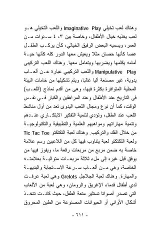 ‫ﻭﻫﻨﺎﻙ ﻟﻌﺏ ﺘﺨﻴﻠﻲ ‪ Imaginative Play‬ﻭﺍﻟﻠﻌﺏ ﺍﻟﺘﺨﻴﻠﻲ ﻫـﻭ‬
‫ﻟﻌﺏ ﻴﻐﺫﻴﻪ ﺨﻴﺎل ﺍﻷﻁﻔﺎل، ﻭﺨﺎﺼﺔ ﺒﻴﻥ ٣، ٤ ﺴـﻨﻭﺍﺕ ﻤـﻥ‬
‫ﺍﻟﻌﻤﺭ، ﻭﻴﺴﻤﻴﻪ ﺍﻟﺒﻌﺽ ﺍﻟﺭﻓﻴﻕ ﺍﻟﺨﻴﺎﻟﻲ، ﻜﺄﻥ ﻴﺭﻜـﺏ ﺍﻟﻁﻔـل‬
‫ﻋﺼﺎ ﻜﺄﻨﻬﺎ ﺤﺼﺎﻥ ﻤﺜﻼ ﻭﻴﻌﻴﺵ ﻤﻌﻬﺎ ﺍﻟﺩﻭﺭ ﻜﻠﻪ ﻜﺄﻨﻬﺎ ﺤﻴـﺔ‬
                                    ‫ﹰ‬
‫ﺃﻤﺎﻤﻪ ﻴﻜﻠﻤﻬﺎ ﻭﻴﻀﺭﺒﻬﺎ ﻭﻴﺘﻌﺎﻤل ﻤﻌﻬﺎ. ﻭﻫﻨﺎﻙ ﺍﻟﻠﻌﺏ ﺍﻟﺘﺭﻜﻴﺒﻰ‬
‫‪ Manipulative Play‬ﻭﺍﻟﻠﻌﺏ ﺍﻟﺘﺭﻜﻴﺒﻲ ﻋﺒﺎﺭﺓ ﻋـﻥ ﺃﻟﻌـﺎﺏ‬
‫ﻴﺩﻭﻴﺔ، ﻏﻴﺭ ﻤﺼﻨﻌﺔ ﺁﻟﻴﺎ ﻏﺎﻟﺒﺎ، ﻭﻴﺘﻡ ﺘﺸﻜﻴﻠﻬﺎ ﻤﻥ ﺨﺎﻤﺎﺕ ﺍﻟﺒﻴﺌﺔ‬
                              ‫ﹰ‬      ‫ﹰ‬
‫ﺍﻟﻤﺤﻠﻴﺔ ﺍﻟﻤﺘﻭﺍﻓﺭﺓ ﺒﻜﺜﺭﺓ ﻓﻴﻬﺎ، ﻭﻫﻰ ﻤﻥ ﺃﻗﺩﻡ ﻨﻤﺎﺫﺝ )ﺍﻟﻠﻌـﺏ(‬
‫ﻓﻰ ﺍﻟﺘﺎﺭﻴﺦ ﻋﻨﺩ ﺍﻷﻁﻔﺎل ﻭﻋﻨﺩ ﺍﻟﻤﺭﺍﻫﻘﻴﻥ ﻭﺍﻟﻜﺒﺎﺭ ﻓـﻲ ﻨﻔـﺱ‬
‫ﺍﻟﻭﻗﺕ، ﻜﻤﺎ ﺃﻥ ﻨﻭﻉ ﻭﻤﺠﺎل ﺍﻟﻠﻌﺏ ﺍﻟﻴﺩﻭﻯ ﺘﻌﺩ ﻤﻥ ﺃﻭل ﻤﻨﺎﺸﻁ‬
‫ﺍﻟﻠﻌﺏ ﻋﻨﺩ ﺍﻟﻁﻔل، ﻭﺘﺅﺩﻱ ﻟﺘﻨﻤﻴﺔ ﺍﻟﺘﻔﻜﻴﺭ ﺍﻻﺒﺘﻜـﺎﺭﻱ ﻋﻨـﺩﻫﻡ‬
‫ﻭﺘﻨﻤﻴﺔ ﻤﻬﺎﺭﺍﺘﻬﻡ ﻭﻤﻭﺍﻫﺒﻬﻡ ﺍﻟﻌﻠﻤﻴﺔ ﻭﺍﻟﺘﻁﺒﻴﻘﻴﺔ ﻭﺍﻟﺘﻜﻨﻭﻟﻭﺠﻴـﺔ‬
‫ﻤﻥ ﺨﻼل ﺍﻟﻔﻙ ﻭﺍﻟﺘﺭﻜﻴﺏ. ﻭﻫﻨﺎﻙ ﻟﻌﺒﺔ ﺍﻟﺘﻜﺘﻜﺘﻭ ‪Tic Tac Toe‬‬
‫ﻭﻟﻌﺒﺔ ﺍﻟﺘﻜﺘﻜﺘﻭ ﻟﻌﺒﺔ ﻴﺘﻨﺎﻭﺏ ﻓﻴﻬﺎ ﻜل ﻤﻥ ﺍﻟﻼﻋﺒﻴﻥ ﺭﺴﻡ ﻋﻼﻤﺔ‬
‫ﺨﺎﺼﺔ ﺒﻪ ﻀﻤﻥ ﻤﺭﺒﻊ ﻤﻥ ﻤﺭﺒﻌﺎﺕ ﺭﻗﻌﺔ ﻤﺎ، ﻭﻴﻔﻭﺯ ﻓﻴﻬﺎ ﻤﻥ‬
‫ﻴﻭﻓﻕ ﻗﺒل ﻏﻴﺭﻩ ﺇﻟﻰ ﻤلﺀ ﺜﻼﺜﺔ ﻤﺭﺒﻌـﺎﺕ ﻤﺘﻭﺍﻟﻴـﺔ ﺒﻌﻼﻤﺘـﻪ‬
‫ﺍﻟﺨﺎﺼﺔ، ﻭﻫﻲ ﻤـﻥ ﺃﻟﻌـﺎﺏ ﺴـﺭﻋﺔ ﺍﻻﺴـﺘﺠﺎﺒﺔ ﻭﺍﻟﺒﺩﻴﻬـﺔ‬
‫ﻭﺍﻟﻤﻬﺎﺭﺓ. ﻭﻫﻨﺎﻙ ﻟﻌﺒﺔ ﺍﻟﺠﻼﺠل ‪ Grelots‬ﻭﻫﻲ ﻟﻌﺒﺔ ‪‬ﺭﻓـﺕ‬
       ‫ﻋ‬
‫ﻟﺩﻱ ﺃﻁﻔﺎل ﻗﺩﻤﺎﺀ ﺍﻹﻏﺭﻴﻕ ﻭﺍﻟﺭﻭﻤﺎﻥ، ﻭﻫﻲ ﻟﻌﺒﺔ ﻤﻥ ﺍﻷﻟﻌﺎﺏ‬
‫ﺍﻟﺘﻲ ﺘﺼﺩﺭ ﺃﺼﻭﺍﺘﺎ ﺘﺴﺘﺜﻴﺭ ﻤﺘﻌﺔ ﺍﻟﻁﻔل، ﺤﻴﺙ ﻜﺎﻨـﺕ ﺘﺘﺨـﺫ‬
                                         ‫ﹰ‬
‫ﺃﺸﻜﺎل ﺍﻷﻭﺍﻨﻲ ﺃﻭ ﺍﻟﺤﻴﻭﺍﻨﺎﺕ ﺍﻟﻤﺼﻨﻭﻋﺔ ﻤﻥ ﺍﻟﻁﻴﻥ ﺍﻟﻤﺤﺭﻭﻕ‬

                        ‫- ١١٦ -‬
 