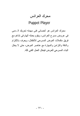 ‫ﻤﺤﺭﻙ ﺍﻟﻌﺭﺍﺌﺱ‬
               ‫‪Puppet Player‬‬

‫ﻤﺤﺭﻙ ﺍﻟﻌﺭﺍﺌﺱ ﻫﻭ ﺃﺨﺼﺎﺌﻰ ﻓﻨﻰ ﻤﻬﻤﺘﻪ ﺘﺤﺭﻴﻙ ﺍﻟـﺩﻤﻰ‬
‫ﻓﻰ ﻋﺭﻭﺽ ﻤﺴﺭﺡ ﺍﻟﻌﺭﺍﺌﺱ، ﻭﻴﻘﻭﻡ ﺒﻌﻤﻠﻪ ﺍﻟﻬﺎﻡ ﻓﻰ ﺘﻨﺎﻏﻡ ﻤﻊ‬
‫ﻓﺭﻴﻕ ﻤﻜﻤﻼﺕ ﺍﻟﻌﺭﺽ ﺍﻟﻤﺴﺭﺤﻰ ﻟﻸﻁﻔﺎل، ﻭﻴﻌﺭﻑ ﺒﺎﻹﻟﺘﺯﺍﻡ‬
‫ﻭﺍﻟﺩﻗﺔ ﻭﺍﻟﺘﺯﺍﻤﻥ ﻭﺍﻟﻤﻬﺎﺭﺓ ﻤﻊ ﻋﻨﺎﺼﺭ ﺍﻟﻌﺭﺽ، ﺤﺘﻰ ﻻ ﻴﺨﺘل‬
           ‫ﺍﻟﺒﻨﺎﺀ ﺍﻟﻤﺴﺭﺤﻲ ﻟﻠﻌﺭﺽ ﻓﻴﺨﺘل ﺍﻟﻌﻤل ﺍﻟﻔﻨﻲ ﻜﻠﻪ.‬




                      ‫- ٠٣٦ -‬
 