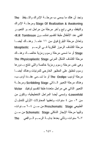 ‫ﻭﻨﺠﺩ ﺃﻥ ﻫﺘﻙ ﻤﺎ ﻴﺴﻤﻰ ﺏ ﻤﺭﺤﻠـﺔ ﺍﻹﺩﺭﺍﻙ ﻭﺍﻟﺘـﻴﻘﻅ ‪The‬‬
‫‪ Stage Of Realization & Awakening‬ﻭﻤﺭﺤﻠـﺔ ﺍﻹﺩﺭﺍﻙ‬
‫ﻭﺍﻟﺘﻴﻘﻅ، ﻭﻫﻲ ﺭﺍﺒﻊ ﻭﺁﺨﺭ ﻤﺭﺤﻠﺔ ﻤﻥ ﻤﺭﺍﺤل ﻨﻤـﻭ ﺍﻟﺘﻌﺒﻴـﺭ‬
‫ﺍﻟﻔﻨﻲ ﻋﻨﺩ ﺍﻷﻁﻔﺎل ﻁﺒﻘﺎ ﻟﺘﻘﺴﻴﻡ ﺘﻤﻠﻨﺴـﻭﻥ ‪،R.R Tomlinson‬‬
                               ‫ﹰ‬
‫ﻭﺘﻌﺎﺩل ﻤﺭﺤﻠﺔ ﺍﻟﺒﻠﻭﻍ ﻓﻭﻕ ﺴﻥ ١١ ﻋﺎﻤـﺎ. ﻭﻫﻨـﺎﻙ ﺃﻴﻀـﺎ‬
‫ﹰ‬
‫‪Ideoplastic‬‬   ‫ﻤﺭﺤﻠﺔ ﺍﻜﺘﺸﺎﻑ ﺍﻟﺭﻤﻭﺯ ﺍﻟﻔﻜﺭﻴﺔ ﻓـﻲ ﺍﻟﺭﺴـﻡ‬
‫‪ Stage‬ﺃﻭ ﻤﺎ ﺘﺴﻤﻰ ﻤﺭﺤﻠﺔ ﺭﺴﻭﻡ ﺭﻤﺯﻴﺔ ﺨﺎﻟﺼـﺔ، ﻭﻫﻨـﺎﻙ‬
‫ﻤﺭﺤﻠﺔ ﺍﻜﺘﺸﺎﻑ ﺍﻟﺸﻜل ﺍﻟﻤﺭﺌﻲ ‪The Physicoplastic Stage‬‬
‫ﻭﻫﻲ ﻨﻔﺱ ﻤﺭﺤﻠﺔ ﺭﺴﻭﻡ ﺭﻤﺯﻴﺔ ﺨﺎﻟﺼﺔ ﻭﺍﻟﺘﻲ ﺘﻨﺘﺞ ﺒـﺩﻭﺭﻫﺎ‬
‫ﺭﺴﻭﻡ ﺘﻨﻁﺒﻕ ﻋﻠﻰ ﺍﻟﻤﻅﻬﺭ ﺍﻟﺨﺎﺭﺠﻲ ﻟﻠﻤﺭﺌﻴﺎﺕ.ﻭﻫﻨﺎﻙ ﺃﻴﻀـﺎ‬
‫ﻤﺭﺤﻠﺔ ﺃﻭﺩﻴﺏ ‪ The Oedipe‬ﺃﻭ ﻤﺎ ﺘﺴـﻤﻰ ﻋﻘـﺩﺓ ﺃﻭﺩﻴـﺏ،‬
‫ﻭﻫﻨﺎﻙ ﻤﺭﺤﻠﺔ ﺍﻟﺘﻌﺒﻴﺭ ﺍﻟـﺫﺍﺘﻲ ‪ Scribbling Stage‬ﻭﻤﺭﺤﻠـﺔ‬
‫ﺍﻟﺘﻌﺒﻴﺭ ﺍﻟﺫﺍﺘﻲ ﻫﻲ ﻤﺭﺍﺤل ﻤﺘﻌﺩﺩﺓ ﻁﺒﻘﺎ ﻟﺘﻘﺴﻴﻡ ﻟﻭﻨﻔﻴﻠﺩ ‪Victor‬‬
                      ‫ﹰ‬
‫‪ ،Lowenfeld‬ﻭﺘﺴﻤﻰ ﺃﻴﻀﺎ ﺍﻟﻤﺭﺍﺤل ﺍﻟﺘﺨﻁﻴﻁﻴﺔ، ﻭﺘﻜﻭﻥ ﻤﻥ‬
                            ‫ﹰ‬
‫ﺴﻥ ٢- ﺴﻥ ٤ ﺴﻨﻭﺍﺕ، ﻭﺘﻌﻘﺒﻬﺎ ﺍﻟﻤﺤﺎﻭﻻﺕ ﺍﻷﻭﻟﻰ ﻟﻠﺘﻤﺜﻴـل‬
‫ﺍﻟﻁﺒﻴﻌﻲ ‪ Preschematic Stage‬ﻤﻥ ﺴـﻥ ٤-٦ ﺴـﻨﻭﺍﺕ،‬
‫ﻭﺘﻠﻴﻬﺎ ﻤﺭﺤﻠﺔ ﺍﻹﻴﺠﺎﺯ ﺍﻟﺸﻜﻠﻲ ‪ Schematic Stage‬ﻤﻥ ﺴـﻥ‬
‫‪The‬‬    ‫٧-٩ ﺴﻨﻭﺍﺕ، ﻭﺘﺄﺘﻲ ﺒﻌﺩﻫﺎ ﺒﺩﺍﻴـﺔ ﺍﻟﺭﺴـﻡ ﺍﻟـﻭﺍﻗﻌﻲ‬


                        ‫- ٧٤٦ -‬
 