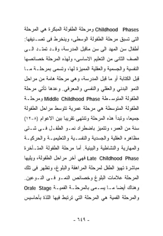‫‪ Childhood Phases‬ﻭﻤﺭﺤﻠﺔ ﺍﻟﻁﻔﻭﻟﺔ ﺍﻟﻤﺒﻜﺭﺓ ﻫﻲ ﺍﻟﻤﺭﺤﻠﺔ‬
‫ﺍﻟﺘﻰ ﺘﺴﺒﻕ ﻤﺭﺤﻠﺔ ﺍﻟﻁﻔﻭﻟﺔ ﺍﻟﻭﺴﻁﻰ، ﻭﻴﻨﺨﺭﻁ ﻓﻰ ﺘﺼـﻨﻴﻔﻬﺎ:‬
‫ﺃﻁﻔﺎل ﺴﻥ ﺍﻟﻤﻬﺩ ﺍﻟﻰ ﺴﻥ ﻤﺎﻗﺒل ﺍﻟﻤﺩﺭﺴﺔ، ﻭﻗـﺩ ﺘﻤﺘـﺩ ﺍﻟـﻰ‬
‫ﺍﻟﺼﻑ ﺍﻟﺜﺎﻨﻰ ﻤﻥ ﺍﻟﺘﻌﻠﻴﻡ ﺍﻻﺴﺎﺴﻰ، ﻭﻟﻬﺫﻩ ﺍﻟﻤﺭﺤﻠﺔ ﺨﺼﺎﺌﺼﻬﺎ‬
‫ﺍﻟﻨﻔﺴﻴﺔ ﻭﺍﻟﺠﺴﻤﻴﺔ ﻭﺍﻟﻌﻘﻠﻴﺔ ﺍﻟﻤﻤﻴﺯﺓ ﻟﻬﺎ، ﻭﺘﺴﻤﻰ ﺒﻤﺭﺤﻠـﺔ ﻤـﺎ‬
‫ﻗﺒل ﺍﻟﻜﺘﺎﺒﺔ ﺃﻭ ﻤﺎ ﻗﺒل ﺍﻟﻤﺩﺭﺴﺔ، ﻭﻫﻲ ﻤﺭﺤﻠﺔ ﻫﺎﻤﺔ ﻤﻥ ﻤﺭﺍﺤل‬
‫ﺍﻟﻨﻤﻭ ﺍﻟﺒﺩﻨﻲ ﻭﺍﻟﻌﻘﻠﻲ ﻭﺍﻟﻨﻔﺴﻲ ﻭﺍﻟﻤﻌﺭﻓﻲ. ﻭﻋﺩﻫﺎ ﺘﺄﺘﻲ ﻤﺭﺤﻠﺔ‬
‫ﺍﻟﻁﻔﻭﻟﺔ ﺍﻟﻤﺘﻭﺴـﻁﺔ ‪ Middle Childhood Phase‬ﻭﻤﺭﺤﻠـﺔ‬
‫ﺍﻟﻁﻔﻭﻟﺔ ﺍﻟﻤﺘﻭﺴﻁﺔ ﻫﻲ ﻤﺭﺤﻠﺔ ﻋﻤﺭﻴﺔ ﺘﺘﻭﺴﻁ ﻤﺭﺍﺤل ﺍﻟﻁﻔﻭﻟﺔ‬
‫ﺠﻤﻴﻌﺎ، ﻭﺘﺒﺩﺃ ﻫﺫﻩ ﺍﻟﻤﺭﺤﻠﺔ ﻭﺘﻨﺘﻬﻰ ﺘﻘﺭﻴﺒﺎ ﺒﻴﻥ ﺍﻻﻋﻭﺍﻡ )٨-٢١(‬
                  ‫ﹰ‬                                ‫ﹰ‬
‫ﺴﻨﺔ ﻤﻥ ﺍﻟ ‪‬ﻤﺭ، ﻭﺘﺘﻤﻴﺯ ﺒﺎﻀﻁﺭﺍﺩ ﻨﻤـﻭ ﺍﻟﻁﻔـل ﻓـﻰ ﺸـﺘﻰ‬
                                       ‫ﻌ‬
‫ﻤﻅﺎﻫﺭﻩ ﺍﻟﻌﻘﻠﻴﺔ ﻭﺍﻟﺠﺴﺩﻴﺔ ﻭﺍﻟﻨﻔﺴـﻴﺔ ﻭﺍﻟﺘﻌﻠﻴﻤﻴـﺔ ﻭﺍﻟﺤﺭﻜﻴـﺔ‬
‫ﻭﺍﻟﻤﻬﺎﺭﻴﺔ ﻭﺍﻟﻨﺸﺎﻁﻴﺔ ﻭﺍﻟﺒﻴﺌﻴﺔ. ﺃﻤﺎ ﻤﺭﺤﻠﺔ ﺍﻟﻁﻔﻭﻟﺔ ﺍﻟﻤﺘـﺄﺨﺭﺓ‬
‫‪ Late Childhood Phase‬ﻓﻬﻲ ﺁﺨﺭ ﻤﺭﺍﺤل ﺍﻟﻁﻔﻭﻟﺔ، ﻭﻴﻠﻴﻬﺎ‬
‫ﻤﺒﺎﺸﺭﺓ ﺘﻬﻴﺅ ﺍﻟﻁﻔل ﻟﻤﺭﺤﻠﺔ ﺍﻟﻤﺭﺍﻫﻘﺔ ﻭﺍﻟﺒﻠﻭﻍ، ﻭﺘﻅﻬﺭ ﻓﻰ ﺘﻠﻙ‬
‫ﺍﻟﻤﺭﺤﻠﺔ ﻋﻼﻤﺎﺕ ﺍﻟﺒﻠﻭﻍ ﻭﺨﺼﺎﺌﺹ ﺍﻟﻨﻤـﻭ ﻓـﻰ ﺍﻟﻨـﻭﻋﻴﻥ.‬
‫ﻭﻫﻨﺎﻙ ﺃﻴﻀﺎ ﻤـﺎ ﻴﺴـﻤﻰ ﺒﺎﻟﻤﺭﺤﻠـﺔ ﺍﻟﻔﻤﻴـﺔ ‪Orale Stage‬‬
                                        ‫ﹰ‬
‫ﻭﺍﻟﻤﺭﺤﻠﺔ ﺍﻟﻔﻤﻴﺔ ﻫﻲ ﺍﻟﻤﺭﺤﻠﺔ ﺍﻟﺘﻲ ﺘﺭﺘﺒﻁ ﻓﻴﻬﺎ ﺍﻟﻠﺫﺓ ﺒﺄﺤﺎﺴﻴﺱ‬


                        ‫- ٩٤٦ -‬
 