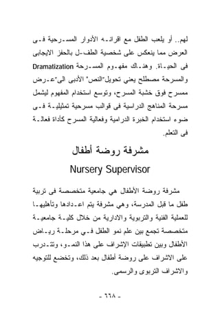 ‫ﻟﻬﻡ.. ﺃﻭ ﻴﻠﻌﺏ ﺍﻟﻁﻔل ﻤﻊ ﺍﻗﺭﺍﻨـﻪ ﺍﻷﺩﻭﺍﺭ ﺍﻟﻤﺴـﺭﺤﻴﺔ ﻓـﻰ‬
‫ﺍﻟﻌﺭﺽ ﻤﻤﺎ ﻴﻨﻌﻜﺱ ﻋﻠﻰ ﺸﺨﺼﻴﺔ ﺍﻟﻁﻑ-ل ﺒﺎﻟﺤﻔﺯ ﺍﻻﻴﺠﺎﺒﻰ‬
‫ﻓﻰ ﺍﻟﺤﻴـﺎﺓ. ﻭﻫﻨـﺎﻙ ﻤﻔﻬـﻭﻡ ﺍﻟﻤﺴـﺭﺤﺔ ‪Dramatization‬‬
‫ﻭﺍﻟﻤﺴﺭﺤﺔ ﻤﺼﻁﻠﺢ ﻴﻌﻨﻲ ﺘﺤﻭﻴل”ﺍﻟﻨﺹ" ﺍﻷﺩﺒﻰ ﺍﻟﻰ”ﻋـﺭﺽ‬
‫ﻤﻤﺴﺭﺡ ﻓﻭﻕ ﺨﺸﺒﺔ ﺍﻟﻤﺴﺭﺡ، ﻭﺘﻭﺴﻊ ﺍﺴﺘﺨﺩﺍﻡ ﺍﻟﻤﻔﻬﻭﻡ ﻟﻴﺸﻤل‬
‫ﻤﺴﺭﺤﺔ ﺍﻟﻤﻨﺎﻫﺞ ﺍﻟﺩﺭﺍﺴﻴﺔ ﻓﻰ ﻗﻭﺍﻟﺏ ﻤﺴﺭﺤﻴﺔ ﺘﻤﺜﻴﻠﻴـﺔ ﻓـﻰ‬
‫ﻀﻭﺀ ﺍﺴﺘﺨﺩﺍﻡ ﺍﻟﺨﺒﺭﺓ ﺍﻟﺩﺭﺍﻤﻴﺔ ﻭﻓﻌﺎﻟﻴﺔ ﺍﻟﻤﺴﺭﺡ ﻜﺄﺩﺍﺓ ﻓﻌﺎﻟـﺔ‬
                                              ‫ﻓﻰ ﺍﻟﺘﻌﻠﻡ.‬

             ‫ﻤﺸﺭﻓﺔ ﺭﻭﻀﺔ ﺃﻁﻔﺎل‬
             ‫‪Nursery Supervisor‬‬

‫ﻤﺸﺭﻓﺔ ﺭﻭﻀﺔ ﺍﻷﻁﻔﺎل ﻫﻲ ﺠﺎﻤﻌﻴﺔ ﻤﺘﺨﺼﺼﺔ ﻓﻰ ﺘﺭﺒﻴﺔ‬
‫ﻁﻔل ﻤﺎ ﻗﺒل ﺍﻟﻤﺩﺭﺴﺔ، ﻭﻫﻲ ﻤﺸﺭﻓﺔ ﻴﺘﻡ ﺍﻋـﺩﺍﺩﻫﺎ ﻭﺘﺄﻫﻠﻴﻬـﺎ‬
‫ﻟﻠﻌﻤﻠﻴﺔ ﺍﻟﻔﻨﻴﺔ ﻭﺍﻟﺘﺭﺒﻭﻴﺔ ﻭﺍﻻﺩﺍﺭﻴﺔ ﻤﻥ ﺨﻼل ﻜﻠﻴـﺔ ﺠﺎﻤﻌﻴـﺔ‬
‫ﻤﺘﺨﺼﺼﺔ ﺘﺠﻤﻊ ﺒﻴﻥ ﻋﻠﻡ ﻨﻤﻭ ﺍﻟﻁﻔل ﻓـﻲ ﻤﺭﺤﻠـﺔ ﺭﻴـﺎﺽ‬
‫ﺍﻷﻁﻔﺎل ﻭﺒﻴﻥ ﺘﻁﺒﻴﻘﺎﺕ ﺍﻹﺸﺭﺍﻑ ﻋﻠﻰ ﻫﺫﺍ ﺍﻟﻨﻤـﻭ، ﻭﺘﺘـﺩﺭﺏ‬
‫ﻋﻠﻰ ﺍﻻﺸﺭﺍﻑ ﻋﻠﻰ ﺭﻭﻀﺔ ﺃﻁﻔﺎل ﺒﻌﺩ ﺫﻟﻙ، ﻭﺘﺨﻀﻊ ﻟﻠﺘﻭﺠﻴﻪ‬
                           ‫ﻭﺍﻻﺸﺭﺍﻑ ﺍﻟﺘﺭﺒﻭﻯ ﻭﺍﻟﺭﺴﻤﻰ.‬


                       ‫- ٨٦٦ -‬
 