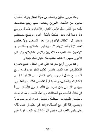 ‫ﻭﻋﻨﺩ ﻤﺭﻭﺭ ﺴﻨﺘﻴﻥ ﻭﻨﺼﻑ ﻤﻥ ﺤﻴﺎﺓ ﺍﻟﻁﻔل ﻴﺩﺭﻙ ﺍﻟﻁﻔـل‬
‫ﻤﺎﺤﻭﻟﻪ ﻤﻥ ﺍﻷﻁﻔﺎل ﺍﻵﺨﺭﻴﻥ ﻭﻴﺘﻔﺎﻋل ﻤﻌﻬﻡ ﻭﻴﻘﻴﻡ ﻋﻼﻗـﺎﺕ‬
‫ﻁﻴﺒﻪ ﻤﻊ ﺍﻟﻜﺒﺎﺭ ﻤﺜل ﺍﻷﺨﻭﺓ ﺍﻟﻜﺒﺎﺭ ﻭﺍﻷﻋﻤﺎﻡ ﻭﺍﻷﺨﻭﺍل ﻭﻴﻭﺴﻊ‬
‫ﺩﺍﺌﺭﺓ ﻤﻌﺎﺭﻓﻪ، ﻭﻴﺒﺩﺃ ﻴﺘﺸﺒﺙ ﺒﺄﻁﻔﺎل ﺁﺨﺭﻴﻥ ﻭﻴﺘﻤﺘﻊ ﺒﺼﺤﺒﺘﻬﻡ‬
‫ﻭﻴﻨﻅﺭ ﺇﻟﻰ ﺍﻷﻁﻔﺎل ﺍﻵﺨﺭﻴﻥ ﻤﻥ ﺒﻌﺩﻩ ﺍﻟﺸﺨﺼﻰ ﻭﻻ ﻴﻌﻁﻴﻬﻡ‬
‫ﻟﻌﺒﻪ ﻭﻻ ﺃﺩﻭﺍﺘﻪ ﻭﻻﻴﻬﺘﻡ ﻜﺜﻴﺭﺍ ﺒﺒﻜﺎﺌﻬﻡ ﻭﺤﺎﺠﺎﺘﻬﻡ، ﻭﻟﺫﻟﻙ ﻓﻬـﻭ‬
‫ﻻﻴﺘﻌﺎﻭﻥ ﻋﻨﺩ ﺍﻟﻠﻌﺏ ﻤﻊ ﺍﻵﺨﺭﻴﻥ ﻭﻻﻴﻘﺒل ﻤﺸﺎﺭﻜﺘﻬﻡ ﻭﺘﺒـﺎﺩل‬
       ‫ﺍﻷﺩﻭﺍﺭ ﻤﻌﻬﻡ ﺇﻻ ﻋﻨﺩﻤﺎ ﻴﻁﻠﺏ ﻤﻨﻪ ﺍﻟﻜﺒﺎﺭ ﺫﻟﻙ ﺒﺈﻟﺤﺎﺡ.‬
‫ﻭﻋﻨﺩ ﻤﺭﻭﺭ ﺃﺭﺒﻊ ﺴﻨﻭﺍﺕ ﻋﻠﻰ ﻋﻤﺭ ﺍﻟﻁﻔل، ﺘﺘﺴﻊ ﺩﺍﺌـﺭﺓ‬
‫ﺍﻷﻁﻔﺎل ﻓﻰ ﺤﻴﺎﺓ ﺍﻟﻁﻔل ﻓﻴﻘﻀﻰ ﺍﻟﻁﻔل ﺍﻟﻜﺜﻴﺭ ﻤﻥ ﻭﻗﺘـﻪ ﻤـﻊ‬
‫ﺍﻟﻠﻌﺏ ﻤﻊ ﺃﻁﻔﺎل ﺁﺨﺭﻴﻥ، ﻭﻴﺘﻐﻴﺭ ﺍﻟﻁﻔل ﻤـﻥ ﺍﻷﻨﺎﻨﻴـﺔ ﺇﻟـﻰ‬
‫ﺍﻟﻤﺸﺎﺭﻜﻪ ﻭﺍﻟﺘﻌﺎﻭﻥ، ﻭﻋﻨﺩﻤﺎ ﺘﺒﺩﺃ ﻟﻐﺘﻪ ﻓﻰ ﺍﻻﺘﺴﺎﻉ ﻭﺍﻟﺘﻁـﻭﺭ‬
‫ﺴﻴﺅﺩﻯ ﺫﻟﻙ ﺇﻟﻰ ﺨﻠﻕ ﺍﻟﻤﺯﻴﺩ ﻤﻥ ﺍﻷﺘﺼﺎل ﺒﻴﻥ ﺍﻷﻁﻔﺎل، ﻭﻴﺒﺩﺃ‬
‫ﻓﻰ ﺘﺒﺎﺩل ﺍﻷﻟﻌﺎﺏ ﻤﻊ ﺃﺼﺩﻗﺎﺌﻪ، ﻭﻴـﺘﻌﻠﻡ ﺍﻟﻁﻔـل ﻋـﺩﻡ ﺸـﺩ‬
‫ﻭﺨﻁﻑ ﺍﻷﻟﻌﺎﺏ ﻤﻥ ﺃﺼﺩﻗﺎﺌﻪ ﻭﻴﻨﻔﺼل ﻋـﻥ ﺃﻤـﻪ ﺒﺴـﻬﻭﻟﺔ‬
‫ﻭﻴﻘﻀﻰ ﻭﻗﺘﺎ ﺃﻜﺒﺭ ﻤﻊ ﺃﺼﺩﻗﺎﺌﻪ، ﻭﻴﺒﺩﺃ ﻓﻰ ﺍﺨﺘﻴـﺎﺭ ﺃﺼـﺩﻗﺎﺌﻪ‬
‫ﺤﺘﻰ ﻴﻘﻭﻡ ﺒﺎﻟﻠﻌﺏ ﺇﻟﻰ ﺠﺎﻨﺒﻬﻡ ﻗﺒل ﻤﺸﺎﺭﻜﺘﻬﻡ ﺍﻟﻠﻌﺏ ﺘﻘﺭﺒﺎ ﻤﻨﻬﻡ‬




                        ‫- ٧٦ -‬
 