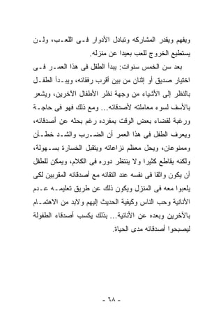 ‫ﻭﻴﻔﻬﻡ ﻭﻴﻘﺩﺭ ﺍﻟﻤﺸﺎﺭﻜﻪ ﻭﺘﺒﺎﺩل ﺍﻷﺩﻭﺍﺭ ﻓـﻰ ﺍﻟﻠﻌـﺏ، ﻭﻟـﻥ‬
                    ‫ﻴﺴﺘﻁﻴﻊ ﺍﻟﺨﺭﻭﺝ ﻟﻠﻌﺏ ﺒﻌﻴﺩﺍ ﻋﻥ ﻤﻨﺯﻟﻪ.‬
‫ﺒﻌﺩ ﺴﻥ ﺍﻟﺨﻤﺱ ﺴﻨﻭﺍﺕ: ﻴﺒﺩﺃ ﺍﻟﻁﻔل ﻓﻰ ﻫﺫﺍ ﺍﻟﻌﻤـﺭ ﻓـﻰ‬
‫ﺍﺨﺘﻴﺎﺭ ﺼﺩﻴﻕ ﺃﻭ ﺇﺜﻨﺎﻥ ﻤﻥ ﺒﻴﻥ ﺃﻗﺭﺏ ﺭﻓﻘﺎﺌﻪ، ﻭﻴﺒـﺩﺃ ﺍﻟﻁﻔـل‬
‫ﺒﺎﻟﻨﻅﺭ ﺇﻟﻰ ﺍﻷﺸﻴﺎﺀ ﻤﻥ ﻭﺠﻬﺔ ﻨﻅﺭ ﺍﻷﻁﻔﺎل ﺍﻵﺨﺭﻴﻥ، ﻭﻴﺸﻌﺭ‬
‫ﺒﺎﻷﺴﻑ ﻟﺴﻭﺀ ﻤﻌﺎﻤﻠﺘﻪ ﻷﺼﺩﻗﺎﺌﻪ... ﻭﻤﻊ ﺫﻟﻙ ﻓﻬﻭ ﻓﻰ ﺤﺎﺠـﺔ‬
‫ﻭﺭﻏﺒﺔ ﻟﻘﻀﺎﺀ ﺒﻌﺽ ﺍﻟﻭﻗﺕ ﺒﻤﻔﺭﺩﻩ ﺭﻏﻡ ﺒﺤﺜﻪ ﻋﻥ ﺃﺼﺩﻗﺎﺌﻪ،‬
‫ﻭﻴﻌﺭﻑ ﺍﻟﻁﻔل ﻓﻰ ﻫﺫﺍ ﺍﻟﻌﻤﺭ ﺃﻥ ﺍﻟﻀـﺭﺏ ﻭﺍﻟﺸـﺩ ﺨﻁـﺂﻥ‬
‫ﻭﻤﻤﻨﻭﻋﺎﻥ، ﻭﻴﺤل ﻤﻌﻅﻡ ﻨﺯﺍﻋﺎﺘﻪ ﻭﻴﺘﻘﺒل ﺍﻟﺨﺴﺎﺭﺓ ﺒﺴـﻬﻭﻟﺔ،‬
‫ﻭﻟﻜﻨﻪ ﻴﻘﺎﻁﻊ ﻜﺜﻴﺭﺍ ﻭﻻ ﻴﻨﺘﻅﺭ ﺩﻭﺭﻩ ﻓﻰ ﺍﻟﻜﻼﻡ، ﻭﻴﻤﻜﻥ ﻟﻠﻁﻔل‬
‫ﺃﻥ ﻴﻜﻭﻥ ﻭﺍﺜﻘﺎ ﻓﻰ ﻨﻔﺴﻪ ﻋﻨﺩ ﺍﻟﺘﻘﺎﺌﻪ ﻤﻊ ﺃﺼﺩﻗﺎﺌﻪ ﺍﻟﻤﻘﺭﺒﻴﻥ ﻟﻜﻰ‬
‫ﻴﻠﻌﺒﻭﺍ ﻤﻌﻪ ﻓﻰ ﺍﻟﻤﻨﺯل ﻭﻴﻜﻭﻥ ﺫﻟﻙ ﻋﻥ ﻁﺭﻴﻕ ﺘﻌﻠﻴﻤـﻪ ﻋـﺩﻡ‬
‫ﺍﻷﻨﺎﻨﻴﺔ ﻭﺤﺏ ﺍﻟﻨﺎﺱ ﻭﻜﻴﻔﻴﺔ ﺍﻟﺤﺩﻴﺙ ﺇﻟﻴﻬﻡ ﻭﻻﺒﺩ ﻤﻥ ﺍﻻﻫﺘﻤـﺎﻡ‬
‫ﺒﺎﻵﺨﺭﻴﻥ ﻭﺒﻌﺩﻩ ﻋﻥ ﺍﻷﻨﺎﻨﻴﺔ... ﺒﺫﻟﻙ ﻴﻜﺴﺏ ﺃﺼﺩﻗﺎﺀ ﺍﻟﻁﻔﻭﻟﺔ‬
                            ‫ﻟﻴﺼﺒﺤﻭﺍ ﺃﺼﺩﻗﺎﺌﻪ ﻤﺩﻯ ﺍﻟﺤﻴﺎﺓ.‬




                         ‫- ٨٦ -‬
 