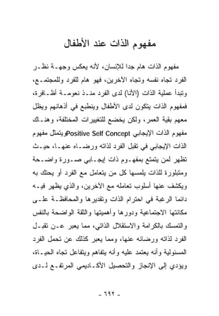 ‫ﻤﻔﻬﻭﻡ ﺍﻟﺫﺍﺕ ﻋﻨﺩ ﺍﻷﻁﻔﺎل‬
‫ﻤﻔﻬﻭﻡ ﺍﻟﺫﺍﺕ ﻫﺎﻡ ﺠﺩﺍ ﻟﻺﻨﺴﺎﻥ، ﻷﻨﻪ ﻴﻌﻜﺱ ﻭﺠﻬـﺔ ﻨﻅـﺭ‬
                            ‫ﹰ‬
‫ﺍﻟﻔﺭﺩ ﺘﺠﺎﻩ ﻨﻔﺴﻪ ﻭﺘﺠﺎﻩ ﺍﻵﺨﺭﻴﻥ، ﻓﻬﻭ ﻫﺎﻡ ﻟﻠﻔﺭﺩ ﻭﻟﻠﻤﺠﺘﻤـﻊ،‬
‫ﻭﺘﺒﺩﺃ ﻋﻤﻠﻴﺔ ﺍﻟﺫﺍﺕ )ﺍﻷﻨﺎ( ﻟﺩﻯ ﺍﻟﻔﺭﺩ ﻤﻨـﺫ ﻨﻌﻭﻤـﺔ ﺃﻅـﺎﻓﺭﺓ،‬
‫ﻓﻤﻔﻬﻭﻡ ﺍﻟﺫﺍﺕ ﻴﺘﻜﻭﻥ ﻟﺩﻯ ﺍﻷﻁﻔﺎل ﻭﻴﻨﻁﺒﻊ ﻓﻲ ﺃﺫﻫﺎﻨﻬﻡ ﻭﻴﻅل‬
‫ﻤﻌﻬﻡ ﺒﻘﻴﺔ ﺍﻟﻌﻤﺭ، ﻭﻟﻜﻥ ﻴﺨﻀﻊ ﻟﻠﺘﻐﻴﻴﺭﺍﺕ ﺍﻟﻤﺨﺘﻠﻔﺔ، ﻭﻫﻨـﺎﻙ‬
‫ﻤﻔﻬﻭﻡ ﺍﻟﺫﺍﺕ ﺍﻹﻴﺠﺎﺒﻲ ‪Positive Self Concept‬ﻭﻴﺘﻤﺜل ﻤﻔﻬﻭﻡ‬
‫ﺍﻟﺫﺍﺕ ﺍﻹﻴﺠﺎﺒﻲ ﻓﻲ ﺘﻘﺒل ﺍﻟﻔﺭﺩ ﻟﺫﺍﺘﻪ ﻭﺭﻀـﺎﻩ ﻋﻨﻬـﺎ، ﺤﻴـﺙ‬
‫ﺘﻅﻬﺭ ﻟﻤﻥ ﻴﺘﻤﺘﻊ ﺒﻤﻔﻬـﻭﻡ ﺫﺍﺕ ﺇﻴﺠـﺎﺒﻲ ﺼـﻭﺭﺓ ﻭﺍﻀـﺤﺔ‬
‫ﻭﻤﺘﺒﻠﻭﺭﺓ ﻟﻠﺫﺍﺕ ﻴﻠﻤﺴﻬﺎ ﻜل ﻤﻥ ﻴﺘﻌﺎﻤل ﻤﻊ ﺍﻟﻔﺭﺩ ﺃﻭ ﻴﺤﺘﻙ ﺒﻪ‬
‫ﻭﻴﻜﺸﻑ ﻋﻨﻬﺎ ﺃﺴﻠﻭﺏ ﺘﻌﺎﻤﻠﻪ ﻤﻊ ﺍﻵﺨﺭﻴﻥ، ﻭﺍﻟﺫﻱ ﻴﻅﻬﺭ ﻓﻴـﻪ‬
‫ﺩﺍﺌﻤﺎ ﺍﻟﺭﻏﺒﺔ ﻓﻲ ﺍﺤﺘﺭﺍﻡ ﺍﻟﺫﺍﺕ ﻭﺘﻘﺩﻴﺭﻫﺎ ﻭﺍﻟﻤﺤﺎﻓﻅـﺔ ﻋﻠـﻰ‬
                                                ‫ﹰ‬
‫ﻤﻜﺎﻨﺘﻬﺎ ﺍﻻﺠﺘﻤﺎﻋﻴﺔ ﻭﺩﻭﺭﻫﺎ ﻭﺃﻫﻤﻴﺘﻬﺎ ﻭﺍﻟﺜﻘﺔ ﺍﻟﻭﺍﻀﺤﺔ ﺒﺎﻟﻨﻔﺱ‬
‫ﻭﺍﻟﺘﻤﺴﻙ ﺒﺎﻟﻜﺭﺍﻤﺔ ﻭﺍﻻﺴﺘﻘﻼل ﺍﻟﺫﺍﺘﻲ، ﻤﻤﺎ ﻴﻌﺒﺭ ﻋـﻥ ﺘﻘﺒـل‬
‫ﺍﻟﻔﺭﺩ ﻟﺫﺍﺘﻪ ﻭﺭﻀﺎﺌﻪ ﻋﻨﻬﺎ، ﻭﻤﻤﺎ ﻴﻌﺒﺭ ﻜﺫﻟﻙ ﻋﻥ ﺘﺤﻤل ﺍﻟﻔﺭﺩ‬
‫ﺍﻟﻤﺴﺌﻭﻟﻴﺔ ﻭﺃﻨﻪ ﻴﻌﺘﻤﺩ ﻋﻠﻴﻪ ﻭﺃﻨﻪ ﻴﺘﻔﺎﻫﻡ ﻭﻴﺘﻔﺎﻋل ﺘﺠﺎﻩ ﺍﻟﺤﻴـﺎﺓ،‬
‫ﻭﻴﺅﺩﻱ ﺇﻟﻰ ﺍﻹﻨﺠﺎﺯ ﻭﺍﻟﺘﺤﺼﻴل ﺍﻷﻜـﺎﺩﻴﻤﻲ ﺍﻟﻤﺭﺘﻔـﻊ ﻟـﺩﻯ‬


                         ‫- ٢٩٦ -‬
 