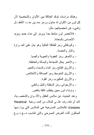 ‫ﻭﻫﻨﺎﻙ ﺩﺭﺍﺴﺎﺕ ﺘﺅﻜﺩ ﺍﻟﻌﻼﻗﺔ ﺒﻴﻥ ﺍﻷﻟﻭﺍﻥ ﻭﺍﻟﺸﺨﺼﻴﺔ ﻷﻥ‬
‫ﻜل ﻟﻭﻥ ﻤﻥ ﺍﻷﻟﻭﺍﻥ ﻟﻪ ﻤﺩﻟﻭل ﻭﺭﻤﺯ ﻤﻌـﻴﻥ ﻋﻨـﺩ ﺍﻷﻁﻔـﺎل‬
                            ‫ﻭﺘﻨﺒﻲﺀ ﻋﻥ ﺸﺨﺼﻴﺎﺘﻬﻡ، ﻤﺜل:‬
‫- ﻓﺎﻷﺨﻀﺭ ﻟﻭﻥ ﻤﻨﺸﻁ ﺠﺩﺍ ﻭﻴﺭﻤﺯ ﺇﻟﻰ ﻨﻤﺎﺀ ﺠﺩﻴﺩ ﻭﻴﺯﻴﺩ‬
                                 ‫ﺍﻷﺤﺴﺎﺱ ﺒﺎﻟﺴﻌﺎﺩﺓ.‬
‫- ﻭﺍﻟﺒﺭﺘﻘﺎﻟﻰ ﺭﻤﺯ ﻟﻠﻁﺎﻗﺔ ﺍﻟﻌﺎﻟﻴﺔ ﻭﻫﻭ ﻴﺩل ﻋﻠﻰ ﺍﻟﺤـﺭﺍﺭﺓ‬
                                   ‫ﻭﺍﻟﻨﺎﺭ ﻭﺍﻟﺤﺼﺎﺩ.‬
             ‫- ﻭﺍﻷﺼﻔﺭ ﺭﻤﺯ ﺍﻟﻌﻔﻭﻴﺔ ﻭﺍﻟﺤﻴﻭﻴﺔ ﻭﺍﻟﺼﺒﺎ.‬
           ‫- ﻭﺍﻷﺤﻤﺭ ﻴﻤﺜل ﺍﻟﺸﺠﺎﻋﺔ ﻭﺍﻟﺒﺴﺎﻟﺔ ﻭﺍﻟﻌﺎﻁﻔﺔ.‬
          ‫- ﻭﺍﻷﺯﺭﻕ ﺍﻟﻔﺎﺘﺢ ﺭﻤﺯ ﺍﻟﻤﺎﺀ ﻭﺍﻟﺴﻤﺎﺀ ﻭﺍﻟﻨﻌﻴﻡ.‬
         ‫- ﻭﺍﻷﺯﺭﻕ ﺍﻟﻤﺘﻭﺴﻁ ﺭﻤﺯ ﺍﻟﺼﺩﺍﻗﺔ ﻭﺍﻷﺨﻼﺹ.‬
                      ‫- ﻭﺍﻷﺯﺭﻕ ﺍﻟﻤﻜﻬﺭﺏ ﺭﻤﺯ ﺍﻟﻘﻭﺓ.‬
             ‫- ﻭﺍﻷﺭﺠﻭﺍﻨﻰ ﺭﻤﺯ ﺍﻟﺴﻠﻁﺔ ﻭﺍﻟﻨﺒل ﻭﺍﻟﻐﻨﻰ.‬
              ‫- ﻭﺍﺭﺘﺩﺍﺀ ﻟﻭﻥ ﻤﻌﻴﻥ ﻴﺘﻁﻠﺏ ﺍﻟﺜﻘﺔ ﺒﺎﻟﻨﻔﺱ.‬
‫ﻭﻋﻨﺩ ﺍﻟﺤﺩﻴﺙ ﻋﻥ ﻤﻼﺒﺱ ﺍﻟﻁﻔل ﻭﺍﻷﻟـﻭﺍﻥ ﻭﺍﻟﺸﺨﺼـﻴﺔ،‬
‫ﻻﺒﺩ ﺃﻥ ﻨﺘﻌـﺭﻑ ﻋﻠـﻰ ﺍﻟﻤﻼﺒـﺱ ﺍﻟﻤﺴـﺭﺤﻴﺔ ‪Theatrical‬‬
‫‪ ،Costume‬ﻓﺎﻟﻤﻼﺒﺱ ﺍﻟﻤﺴﺭﺤﻴﺔ ﻫﻲ ﺍﻟﻤﻼﺒﺱ ﺍﻟﺘﻲ ﻴﺭﺘـﺩﻴﻬﺎ‬
‫ﺍﻟﻤﻤﺜﻠﻭﻥ ﺃﺜﻨﺎﺀ ﺍﻟﻌﺭﺽ ﺍﻟﻤﺴﺭﺤﻲ ﻭﺍﻟﺘﻲ ﺘﺘﻨﺎﺴﺏ ﻤـﻊ ﻨـﻭﻉ‬


                       ‫- ٧٩٦ -‬
 