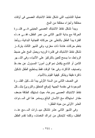 ‫ﻋﻤﻠﻴﺔ ﺍﻟﺘﺸﺫﻴﺏ ﺍﻟﺘﻰ ﺘﺸﻜل ﻨﻘﺎﻁ ﺍﻻﺸﺘﺒﺎﻙ ﺍﻟﻌﺼﺒﻰ ﻓﻰ ﺃﻭﻗﺎﺕ‬
                            ‫ﻤﺨﺘﻠﻔﺔ ﻭﺃﺠﺯﺍﺀ ﻤﺨﺘﻠﻔﺔ ﻤﻥ ﺍﻟﻤﺦ.‬
‫ﻭﻴﺒﺩﺃ ﺘﺸﻜل ﻨﻘﺎﻁ ﺍﻻﺸﺘﺒﺎﻙ ﺍﻟﻌﺼﺒﻰ ﺍﻟﺠﻨﻴﻨﻰ ﻓـﻰ ﻗﺸـﺭﺓ‬
‫ﺍﻟﺤﺭﻜﺔ ﻤﻊ ﺒﺩﺍﻴﺔ ﺍﻟﺸﻬﺭ ﺍﻟﺜﺎﻨﻰ ﻤﻥ ﻋﻤﺭ ﺍﻟﻁﻔل، ﻓﻔـﻰ ﻫـﺫﻩ‬
‫ﺍﻟﻔﺘﺭﺓ ﻴﺒﺩﺃ ﺍﻟﻁﻔل ﺒﺎﻟﺘﺨﻠﻰ ﻋﻥ ﺤﺭﻜﺎﺘﻪ ﺍﻟﻔﺠﺎﺌﻴﺔ ﺍﻟﺒﺩﺍﺌﻴﺔ، ﻭﻴﺄﺨﺫ‬
‫ﺒﺘﻌﻠﻡ ﺤﺭﻜﺎﺕ ﻫﺎﺩﺌﺔ ﺫﺍﺕ ﻤﻐﺯﻯ، ﻭﻓﻰ ﺍﻟﺸﻬﺭ ﺍﻟﺜﺎﻟﺙ ﻴﺘﺭﻜـﺯ‬
‫ﺘﺸﻜل ﻨﻘﺎﻁ ﺍﻻﺸﺘﺒﺎﻙ ﻓﻰ ﻗﺸﺭﺓ ﺍﻟﺭﺅﻴﻪ ﻭﻴﻌﻤل ﺍﻟﻤﺦ ﻋﻠﻰ ﻀﺒﻁ‬
‫ﺍﻟﺭﻭﺍﺒﻁ، ﻤﺎ ﻴﺴﻤﺢ ﻟﻠﻌﻴﻥ ﺒﺎﻟﺘﺭﻜﻴﺯ ﻋﻠﻰ ﺍﻷﺸﻴﺎﺀ، ﻭﻓﻰ ﺍﻟﺸـﻬﺭ‬
‫ﺍﻟﺜﺎﻤﻥ ﺃﻭ ﺍﻟﺘﺎﺴﻊ ﻴﻜﺘﻤل ﻨﻤﻭ”ﻗﺭﻥ ﺁﻤﻭﻥ” ﺍﻟﻤﺴﺅﻭل ﻋﻥ ﺤﻔـﻅ‬
‫ﻭﺘﺼﻨﻴﻑ ﺍﻟﺫﺍﻜﺭﺓ، ﻭﻓﻰ ﻫﺫﺍ ﺍﻟﻭﻗﺕ ﻓﻘﻁ ﻴﺴﺘﻁﻴﻊ ﺍﻟﻁﻔل ﺘﺸﻜﻴل‬
                    ‫ﺫﺍﻜﺭﺓ ﺩﻗﻴﻘﺔ ﻭﻴﺘﺫﻜﺭ ﻜﻴﻔﻴﺔ ﺍﻟﻘﻴﺎﻡ ﺒﺎﻷﺸﻴﺎﺀ.‬
‫ﻓﻰ ﺍﻟﻨﺼﻑ ﺍﻟﺜﺎﻨﻰ ﻤﻥ ﺍﻟﺴﻨﺔ ﺍﻷﻭﻟﻰ ﻴﺒﺩﺃ ﺘﺸـﻜﻴل ﺍﻟﻘﺸـﺭﺓ‬
‫ﺍﻟﻤﻭﺠﻭﺩﺓ ﻓﻰ ﻤﻘﺩﻤﺔ ﺍﻟﺠﺒﻬﺔ )ﻤﻭﻗﻊ ﺍﻟﻤﻨﻁﻕ ﻭﺍﻟﺘﺭﻭﻯ( ﺒﺘﺸـﻜل‬
‫ﻨﻘﺎﻁ ﺍﻻﺸﺘﺒﺎﻙ ﺍﻟﻌﺼﺒﻰ ﺒﺴﺭﻋﺔ، ﺤﻴﺙ ﺘﺴﺘﻬﻠﻙ ﺍﻟﻁﺎﻗﺔ ﻀﻌﻑ‬
‫ﻤﻘﺩﺍﺭ ﺍﺴﺘﻬﻼﻙ ﻤﺦ ﺍﻷﻨﺴﺎﻥ ﺍﻟﺒﺎﻟﻎ ﻭﻴﺴﺘﻤﺭ ﻫﺫﺍ ﻓﻰ ﺍﻟﺴـﻨﻭﺍﺕ‬
                              ‫ﺍﻟﻌﺸﺭ ﺍﻷﻭﻟﻰ ﻤﻥ ﺤﻴﺎﺓ ﺍﻟﻁﻔل٠‬
‫ﻭﻓﻰ ﺍﻟﺸﻬﺭ ﺍﻟﺜﺎﻨﻰ ﻋﺸﺭ ﺘﺘﺸﻜل ﻤﻬـﺎﺭﺍﺕ ﺍﻟﺴـﻤﻊ ﻋﻨـﺩ‬
‫ﺍﻟﻁﻔل، ﻭﻟﻜﻨﻪ ﻻﻴﺘﻤﻜﻥ ﻤﻥ ﺇﺩﺭﺍﻙ ﺍﻟﻨﻐﻤﺎﺕ، ﻭﻜﻠﻤﺎ ﺘﻘﺩﻡ ﺍﻟﻁﻔل‬


                         ‫- ٤٤٧ -‬
 